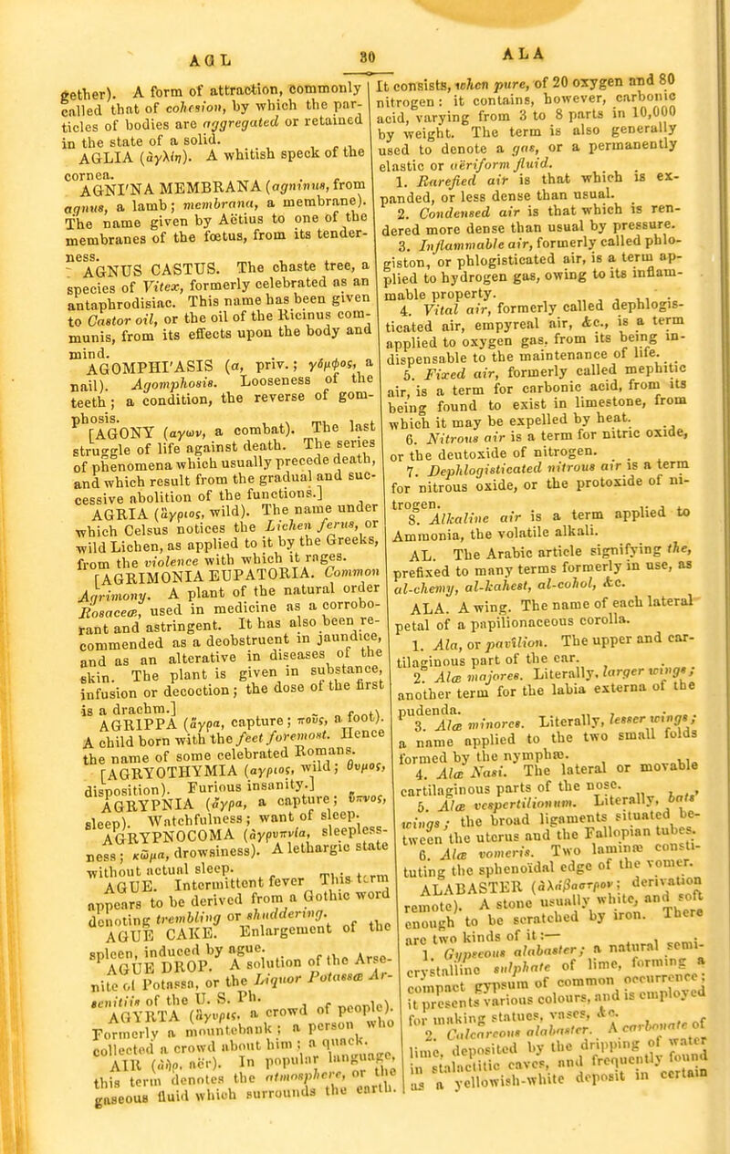 AOL gether). A fbrm of attraction, eomtnonly called that of coh(sio», by which the par- tides of bodies are aggregated or retained in the state of a solid. , ^ ,1. AGLIA (iyX/Tj). A whitish speck of the cornea. . . „ AGNI'NA MBMBRANA {agmnus, from aquus, a lamb; membrana, a membrane). The name given by Actius to one of the membranes of the foetus, from its tender- ^^AGNUS CASTUS. The chaste tree, a species of Vitex, formerly celebrated as an antaphrodisiac. This name has been given to Castor oil, or the oil of the Kicinus com- munis, from its effects upon the body and mind. . , . AGOMPHI'ASIS (a, priv.; y^;<0of, a nail) Agomphoaia. Looseness ot the teeth; a condition, the reverse of gom- phosis. . . . FAGONY (ayuiv, a combat). The last struggle of life against death. The series of phenomena which usually precede death, and which result from the gradual and suc- cessive abolition of the functions.] AGRIA (;iyp«,s, wild). The name under which Celsus notices the Lichen ferns, ov wild Lichen, as applied to it by the Greeks, from the violence with which 't rages. TAGRIMONIA BUPATORIA. Common Aqrhnony. A plant of the natural order Rosacea', used in medicine as a corrobo- rant and astringent. It has also been re- commended as a deobstruent in jaundice, and as an alterative in diseases of the «kin. The plant is given in substance infusion or decoction; the dose ot the tirst is a drachm.] _ „ AGRIPPA (5yp«, capture ; Trouf, a. toot) A child born with feet foremost. Hence the name of some celebrated Romans. FAGRYOTHYMIA [aypw, wild; fl«/.of, disposition). Furious insanity.] AGRYPNIA (Sypa, a capture; Cirvof, sleep). Wntchfulness; want of s eep. AGRYPNOCOMA (5yp«TrWa sleepless- ness; drowsiness). A lethargic state without actual sleep. n^i •„ i,,^ AGUE. Intermittent fever Thi^tcrm appears to be derived from a Gothic word denoting trembling or sh,idder,ng AGUE CAKE. Enlargement of the spleen, induced by ague. AGUE DROP. A solution of the Arse- „Ue ol Potnssn, or the /.V,uor Potass^ Ar- tcnitiiK of the U. S. Ph. „i.nnle^ AGYRTA (&yvpt<, a crowd of people), rormerrv a n\ounleb«nU ; a person who collected a crowd about him : a quncK. AIR («.)P. nc.-). In pop!^'-; 'S*^^' this term denote., the '''{'^'X'll gaseous fluid which surrounds the enrth. 80 ALA iTconsists, lehen pure, of 20 oxygen and 80 nitrogen: it contains, however, carbonic acid, varying from 3 to 8 parts in 10,000 by weight. The term is also generally used to denote a gas, or a permanently elastic or aeriform fluid. 1. Rarefied air is that which is ex- panded, or less dense than usual. 2. Condensed air is that which is ren- dered more dense than usual by pressure. 3. Inflammable air, formerly called phlo- giston, or phlogisticated air, is a term ap- plied to hydrogen gas, owing U> its inflam- mable property. „ , , ui v 4. Vital air, formerly called dephlogis- ticated air, empyreal air, <tc., is a term applied to oxygen gas, from its being in- dispensable to the maintenance of lile. 6 Fixed air, formerly called mephitic air is a term for carbonic acid, from its being found to exist in limestone, from which it may be expelled by heat. 6. Nitrons air is a term for mtnc oxide, or the deutoxide of nitrogen. 7 Dephlogisticated nitrous nir is a term for nitrous oxide, or the protoxide of ni- trogen. ,. J .„ i. Alkaline air is a term applied to Ammonia, the volatile alkali. AL The Arabic article signifying the, prefixed to many terms formerly in use, as al-chemy, al-kahesi, al-cohol, <tc. ALA. Awing. The name of each lateral- petal of a papilionaceous corolla. 1. Ala, or 2yavilion. The upper and car- tilaeinous part of the ear. 2. Ala majores. Literally, larger tcing,; another term for the labia externa of the ''3.''^^ minore,. Literally, lesser u,ing»; a name applied to the two small folds formed by the nymphai. „^„vi<, 4. AlcB Nasi- The lateral or movable cartilaginous parts of the nose. 6 Aloe vcspcrtilionum. Literally, bat, uinas; the broad ligaments situated be- twefn the uterus and the Fallopian tubes. T aL vomeris. Two lamina consti- tuting the sphenoidal edge of the vomer. ALABASTER (aAn/3a«r^ov; derivauon remote). A stone -'y ^1^ °^ enough to be scratched by iron. There nrc two kinds of it:— 1 GvP'cou, alabaster; a natural scmi- crJ-td ne sulphate of lime, forming a compact gypsum of common occurrence U prosentf ^rious colours, and is employed fur uinkin statues, vases, Ac. 2 ca,-.o,.« a/«;-<..'or. A carbonate o( deposited by the dripping of water stalac' itic caves, and frcn«ently found Z a yellowish-white deposit in certain