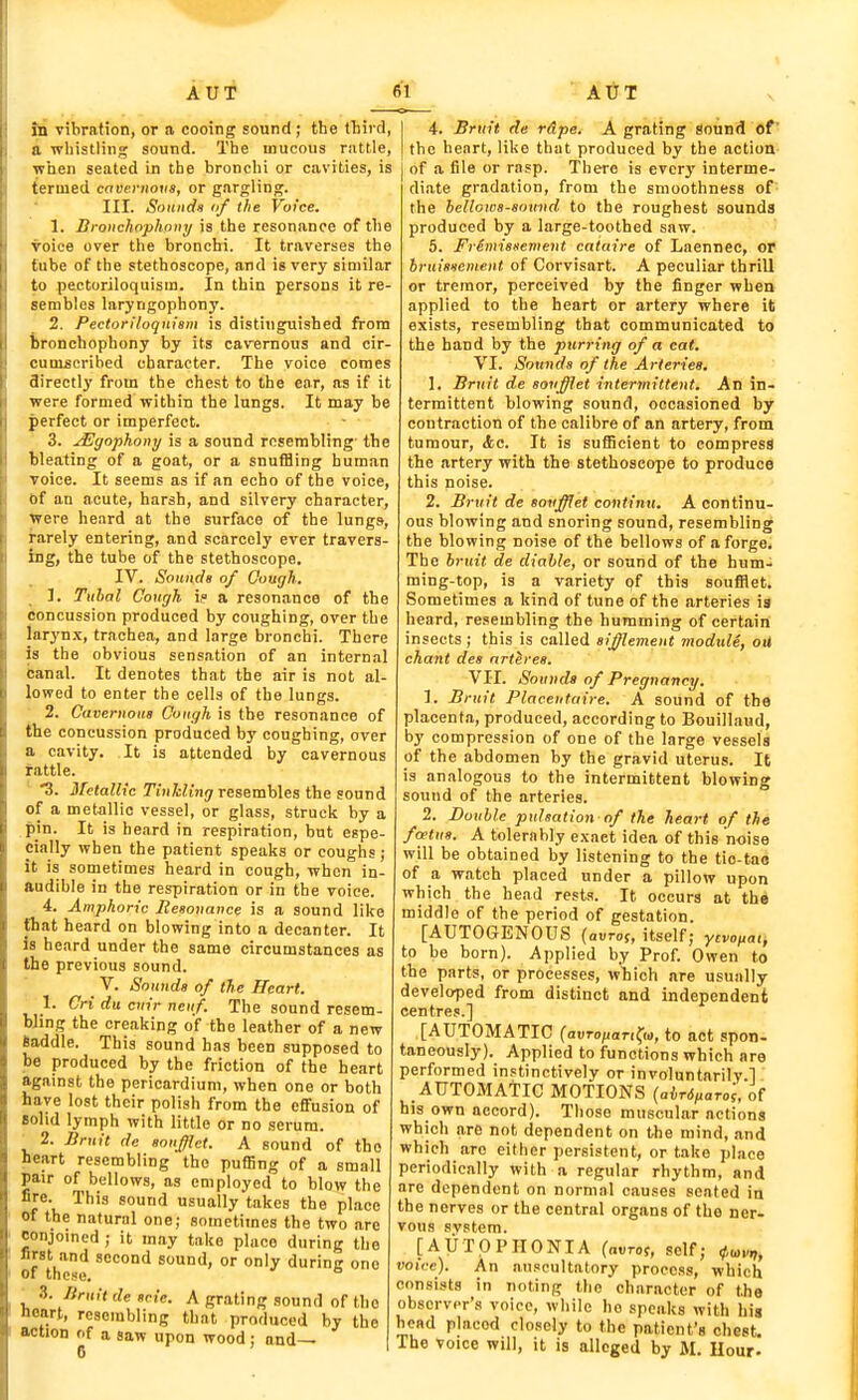 in vibration, or a cooing sound ; the ttird, a wliistling sound. The mucous riittle, when seated in the bronchi or cavities, is termed cavernova, or gargling. III. Sounds iif the Voice. 1. Brouchophntiy is the resonance of the voice over the bronchi. It traverses the tube of the stethoscope, and is very similar to pectoriloquism. In thin persons it re- sembles laryngophony. 2. Pectoriloquism is distinguished from bronchophony by its cavernous and cir- cumscribed character. The voice comes directly from the chest to the ear, as if it were formed within the Inngs. It may be perfect or imperfect. 3. jEgophony is a sound resembling' the bleating of a goat, or a snuffling human voice. It seems as if an echo of the voice, of an acute, harsh, and silvery character, were heard at the surface of the lungs, rarely entering, and scarcely ever travers- ing, the tube of the stethoscope. IV. Sounds of Gough. 1. Tubal Cough i,= a resonance of the concussion produced by coughing, over the lnryn.\, trachea, and large bronchi. There is the obvious sensation of an internal canal. It denotes that the air is not al- lowed to enter the cells of the lungs. 2. Cavernous Cough is the resonance of the concussion produced by coughing, over a cavity. It is attended by cavernous rattle. 3. Metallic TinlcUng rss&mhX^s Vae sonx\i of a metallic vessel, or glass, struck by a pin. It is heard in respiration, but espe- cially when the patient speaks or coughs ; it is sometimes heard in cough, when in- audible in the respiration or in the voice. 4. Amphoric Resonance is a sound like that heard on blowing into a decanter. It is heard under the same circumstances as the previous sound. _ V. Sounds of the Heart. 1. Cri du cuir neuf. The sound resem- bling the creaking of the leather of a new Baddle. This sound has been supposed to be produced by the friction of the heart against the pericardium, when one or both have lost their polish from the effusion of Bolid lymph with little or no serum. ^ 2. Br,tit de sonfflet. A sound of the heart resembling the puffing of a small pair of bellows, as employed to blow the fire. This sound usually takes the place of the natural one; sometimes the two are conjomed ; it may take place during the first and second sound, or only during one 01 these. 3. Jiruit de scie. A grating sound of the Heart, resembling that produced by the action of a saw upon wood; and— I 4. Bruit de rdpe. A grating sound of' I the heart, like that produced by the action of a file or rasp. There is evcrj' interme- diate gradation, from the smoothness of the bellows-somid to the roughest sounds produced by a large-toothed saw. 5. Fremissev>ent cataire of Laennec, or hruisHcment of Corvisart. A peculiar thrill or tremor, perceived by the finger when applied to the heart or artery where it exists, resembling that communicated to the hand by the purring of a cat. VI. Sounds of the Arteries, 1. Bruit de sonnet intermittent. An in- termittent blowing sound, occasioned by contraction of the calibre of an artery, from tumour, <fcc. It is suflScient to compress the artery with the stethoscope to produce this noise. 2. Bruit de sotifflet continu. A continu- ous blowing and snoring sound, resembling the blowing noise of the bellows of a forge. The bruit de diahle, or sound of the hum- ming-top, is a variety qf this soufflet. Sometimes a kind of tune of the arteries is heard, resembling the humming of certain insects ; this is called sifflement module, oit chant des nrteres. VII. Sounds of Pregnancy. 1. Bruit Placeutaire. A sound of the placenta, produced, according to Bouillaud, by compression of one of the large vessels of the abdomen by the gravid uterus. It is analogous to the intermittent blowing sound of the arteries. 2. Double pulsation of the heart of the foetus. A tolerably exact idea of this noise will be obtained by listening to the tic-tao of a watch placed under a pillow upon which the head rests. It occurs at the middle of the period of gestation. [AUTOGENOUS (aurof, itself; to be born). Applied by Prof. Owen to the parts, or processes, wiich are usually developed from distinct and independent centre?.] [AUTOMATIC (avro^ianCw, to act spon- taneously). Applied to functions which are performed instinctively or involuntarily.! AUTOMATIC MOTIONS {aird^arol of his own accord). Those muscular actions which are not dependent on the mind, and which are either persistent, or take place periodically with a regular rhythm, and are dependent on normal causes seated in the nerves or the central organs of the ner- vous system. [AUTOPHONIA (avToi, self; fl'^o.r,, voice). An auscultatory process, which consists in noting the character of the observer's voice, while ho speaks with big head placed closely to the patient's chest. The voice will, it is alleged by M. Uour-