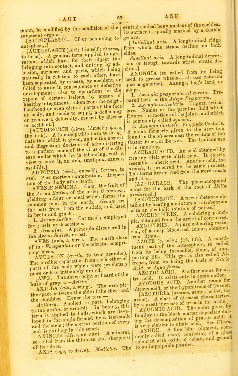 mann, be modified by the condition of the subjacent organs.] . [AUTOPLASTIC. Of or belonging to autoplasty.] ,r s rAUT0PLASTY(aiTS5, himBelf; irAaffou, to form). A general term applied to ope- ^ rations which have for their object the brincing into contact, and uniting by aa- hesion, surfaces and parts, which being naturally in relation to each other have been separated by disease, by »='^dent °r failed to unite in consequence of defective development; also to operations for the repair of certain lesions, by means of healthy integuments taken from the neigh- bourhood or even distant parts of the face or body, and made to supply a deficiency or remove a deformity, caused by disease or accident.] r fAUTOPSORIN (a!)ro5, himself; f(^P'', the itch). A homceopathic terra to desig- nate that which is given, under the.«bsurd and disgusting doctrine of adraimstei.^g to a patient some of the virus of the dis- ease iinder which he is labouring, with a 'Lw to cure it, as itch, smallpox, cancer, ^^AUTOPSIA {alTbs, oneself; Snroiiat, to see). Post-mortem examination, inspec- tion of the body after death. , ., AVEN^ SBMINA. Oats ; the fruit of theAvena Sativa, of the order Gravnnem, viewing a flour or meal which forms the Simmon food in the north. Groats are ?r oats freed from the cuticle, and used Oatmeal; employed ^^T^eL-^ A pHn;iple discovered in ^'l4El(Sra'blrdr The fourth class oAhe Enceph^lata or Vertebrata, compri-  AVULSION {avello, to tear asunder). The forcible separation from each other of pjrts of the body which were previously ^YIw^tL^sSSc^n^'o^ b^ of the ^t^^riXT^^i The arm pit.; thSce between the side of the chest and term is applied to hurt., j^^f.^talk so called from the thinness and sharpness °'aXi1'(.o, to drive). Modiol... The central conical bony nucleus of the cochlea. Its surface is spirally marked by a double ^^TlniicUnal axis. A longitudinal ridge from which the strata decline on botu ^^^slnoUnal axU. A longitudinal depres- sion or trough towards which etraU de- ''''axVnGIA (so called from its being used to greaae wheels —ab axe rotanim qua unguxmtur). Axunge, hog s lard, or adeps. T)-. 1 Axungxapraparatavelcurata. pre- pared lard, or the Adep» Prmparata. 2. Axui^gia articularh. Unguen articu- lare. Names of the peculiar fluid which favours the motions of the joints, and which is commonly called synovia. , ^ , . 3 AxuJia CastorU. Pinguedo Castor.8. A name formerly given to the Eecret.on found in the oil eaca near the rectum of the cTtor Fiber, or Beaver. The Indians use it in smoking. 1.1 • »j w AZELAIC ACID. An acid obtained by treating oleic with nitric acid. It closely resembles suberic acid. Another acid, the azoleic, is procured by the same process. The terms are derived from the words azote ^rAZEDARACH. The pharmacopoeial name for the bark of the root of Meba ''rllzOBENZIDE. A new substance ob- tained by heating a mixture of nitrobeniide with an alcoholic solution of potass.J AZOERYTHRIN. A colouring princi- ple, obtained from the archil of commerce. ^ AZOLITMIN. A pure colouring mate- rial, of a deep blood-red colour, obtained 'TzOTe%, priv.; life). A consti- tuent part of the atmosphere, so called from I being incapable, alone of sup- porting life. This gas is also called .N - ,,o?c», from its being the basis of A.tr.c Acid, or Aqua fort It. . AZOTIC ACID. Another name for ni- tric acid. It exists only in combination. 'IZOTOUS ACID. Another nan,e for nitrous acid, or the hyponitrous of Tu'-ncr fAZOTURIA (azoium, azote ; the urine). A class of diseases characterized by a great increase of urea in the unnc] AZULMIC ACID. The name given by Boullay to the black matter deposited dur- fng the decomposition of Pf^^^^^/J'i,, ' is very similar to ulmic acid, ^^e L AZURE. A fine blue pigment com- monlv called smalt, consisting of a glass coloured « ith oxide of cobalt, and ground to an impnlpablo powder.