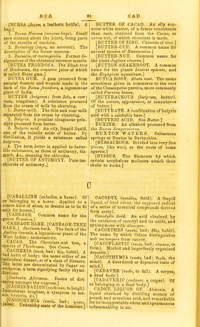 [BURSA {^f99, » Ipath^rn bottle). A bag-] 1. Bursa MmotcB {mucous hags). Small sacs situated about the joints, being parts of the sheaths of tendons. 2. Bursalogy (Aiiyoj, an account). The description of the bursre mucoste. 3. Bursalie, or marsiipialia. Former de- tignations of the obturator internus muscle. [BUTBA FRONDOSA. The Dhak-tree of Hindostan, the concrete juice of which called Butea gam.] BUTEA GUM. A gum procured from natural fissures and wounds made in the bark of the Butea frondosa,, a leguminous plant of India. BUTTER (biiiyrum; from 0ovf, a cow; Tupdf, coagulum). A substance procured from the cream of milk by churning. 1. Butter-milk. The thin and sour milk separated from the cream by churning. 2. Butyrin. A peculiar oleaginous prin- ciple procured from butter. 3. Butyric acid. An oily, limpid liquid, one of the volatile acids of butter. By distillatiofl, it yields a eubstftnee called butyrone. 4. The term lutter is applied tp {lutter- lihe substances, a? those of antimony, bis- .jputh, <S;c., meaning the chloridet. [BUTTER OP ANTIMONY. Pure ter^ chloride of autimony.] BUTTER OP CACAO. An oily con- crete white matter, of a firmer consistence than suet, obtained from the Cacao, or cocoa-nut, of which chocolate is made. [BUTTER OF ZINC. Chloride of zinc] [BUTTER-CUP. A common name for several species of Banunculus.} [BUTTER-NUT. Common name for the plant Juglans cinerea.'] [BUTTON-SNAKBROOT. A common name for the plants Liatria spicata, and the Eryngtum aqiiaticum,] BUTUA ROOT. AbtUa root. The name sometimes given in commerce to the root of the Cissampelos pareira, more commonly called Pareira brava. [BUTYRACEOUS {butyrum, butter). Of the nature, appearance, pr consistence of butter.] [BUTYRATE. A combination of butyrio acid with a salifiable base.] [BUTYRIC ACID. See Butter.] BUXINE. An alkaloid procured from the Buxus Sempervirena. BUXTON WATERS. Calcareous springs at Buxton in Derbyshire. [BYSSACEOUS. Divided into very fine pieces, like wool, as the roots of some agarics.] [BYSSUS. The filaments by which certain acephalous mollusea attach their shells to rocks.] c [CABALLINE (caballus, a horse). Of pr belonging to a horse. Applied to a coarse kind of aloes, so drastic as to be fit only for horses.] [CABBAGE. Common name for the genus Brassica.l CABBAGE BARK. [CABBAGE-TREE BARK.] Surinam bark. The bark of the Mdiva inermia, a leguminous plant of the West Indies; anthelmintic. CACAO. The Chocolate-nut tree, a species of Theobroma. See Cocoa. CACHEXIA («a»i, bad; ff.s, habit). A bad habit of body; the name either of an individual disease, or of a class of diseases. The latter are denominated by Sagar ca- cQchymia, a term eignifying faulty chymi- Bcations. [Cachexia A/ricana. Desire of dirt- *ating amongst the negroes.] [CACHINNATION {cachinno, to laugh) Immoderote laughter, a symptom in ma- nia, hysteria, Ac] . [CACOCIIYMIA bad; v„.of ' Unhealthy sUte of the humours j CACODYL (KOKiiSr,!, fetid). A limpid liquid, of fetid odour, the supposed radical of a series of arsenical compounds derived from acetyl. Cacodylic Acid. An acid obtained by the oxidation of cacodyl and its oxide, and synonymous with alcurgen. CACOETHES (KaKbi, bad; ^0of, habit). The name by which Celsus distinguishes noli me tangere from cancer. [CACOPLASTIC (KaKOfMA; 7rXa<7<ra,, to form). Morbid and imperfectly organized deposits.] [CACOTHYMIA {KaKh(, bad; 0i,/.8j, the mind). A disordered or depraved state of mind.] [CADAVER (oarfo, to fall). A corpse, a dead body.] [CADAVERIC {cadaver, a corpse). Of or belonging to a dead body.] CADET, LIQUOR OP. Alcarain. A liquid obtained by distilling acetate of potash and arsenious acid, and remarkable for its insiupportablo odour and spontaneous inflammability in air.