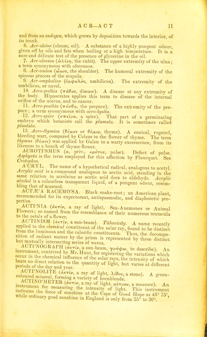 and from anendogen, which grows by deposition towards the interior, of its trunk. 6. Acr-oleim (oleum, oil). A substance of a highly pungent odour, given off by oils and fats when boiling at a high temperature. It is a sure and delicate test of the presence of glycerine in the oil. 7. Acr-olenion (w-Xt'i/ii, the cubit). The upper extremity of the ulna; a term synonymous witli olecranon. 8. Acr-oinion ((Jmos, the shoulder). The humeral extremity of the spinous process of the scapula. 9. Acr-omplmlion (6fi(f>uX6i., umbilicus). The extremity of the umbilicus, or navel. 10. Acro-ptdhia (iraSo?, disease). A disease at any extremity of the body. Hippocrates applies this term to disease of the internal orifice of the uterus, and to cancer. 11. Acro-poslhia (iroVBi;, the prepuce). The extiemity of the pre- puce ; a term synonymous with acro-Lystia. \'2. Acrn-spire {n-ntlua, a spire). That part of a germinating embryo which botanists call the plumii/a. It is sometimes called plantula. 13. Acro-thimion (flu/ios or dunov, thyme). A conical, rugated bleeding wart, compared by Celsus to the flower of thyme. The term thyimis (OuMot) was applied by Galen to a warty excrescence, from its lilieness to a bunch of thyme-flower. ACROTI'SMUS (a, priv.. KpoTvi, pulse). Defect of pulse. Asphycna is the term employed for this affection by Ploucquet See Crotophus. A'CRYL. The name of a hypothetical radical, analogous to acetyl Acnjltc acid is a compound analogous to acetic acid, standing in the same relation to acroleine as acetic acid does to aldehyde. Acriilic alcohol,B a colouriess transparent liquid, of a pungent odour, resem- bhng that of mustard. ACTiE' A RACEMO'SA. Black snake-root; an American plant perties'' ' *''P'''='''*°'' antispasmodic, and diaphoretic pro- ACTI'NTA (aKTlv, a ray of light). Sea-Anemones or Animal lowers; so named from the resemblance of their numerous tentacula to the petals of a flower. ACTINISM (aKTw, a sun-beam). Tilhonicity. A name recently tf'i^ 1 constituent of the solar ray, found to be distinct rom the luminous and the calorific constituents. Thus, the decompo- h 1^ . 'n '° represented by three distinct but mutually intersecting series of waves. -'^Cri'NOGRAPH (a/cTij/, a sun-beam, ■ynarfjw, to describp^ An instrument, contrived by Mr. Hunt, for regisTe'rii hrvariat ons wh^h occur ,n the chemical influence of the solar rays, the intcn hy of wh ch coWed mfn^^^T^f ''^ °^ a Stone). A green- Ar'rivnun^^^ hornblende. ' ^ instniment fo, ^^'i ™^ ^'S'' ^ 'easure). An nd caes ihe Lc^f ^'S^'' TW-s instrument ma cates the force of sunshine at the Cape of Good Hone as 48° 7V ^vh■le ordinary good sunsliine in England is only f^^^om 25^to 30°. '