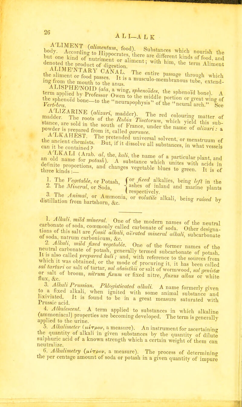 tut one kind of ni,t,3^f i- '°^inds of f,,od and denoted tbe'lrolrcrrSs^b^^^ the term AWnt ALIME'NTARY CANA r Tl,» tl.e aliment or food passes It1; n r, 1 ''r^'^ *™gh ^''•li ing from the mouthio the anus ^^^''-•^''ranous tube, extend- te™';S5iX?!oftst'SSot'v^^^^ bone). A madief \^/e''root?'ff7;e Ar^^V- l ^'r^ 1. The T-^c(/p/aWe, nr Potash, i^' fi''ed alkalies, being Ipfi in the 2. The Mineral, or Soda, J ^'^^ °^ mlanA and marine plants q rp, , . , , (respectively. diBdii3:„trLhotr'^' °^ '^-'^^ ---^ cai;SS^=^^ S£^eg.l 2 mid faced ve.yetahk. One of the fomer names of the ne Ural carbonate of potash, generally termed subcarbonate of potash It IS also called pr.;,ar.</fe<ft,- and, with reference to the source^fn m Avh.ch >t was obtained, or the mode of procurine it, it has been ca e^ sal torfon or salt of tartar, sal ahsh.iM irsnlt of wormwood, Id qad^ flux &c ''''^ fi-^<^<i iiitre,/««s alius or white 3. AlkaU Prussian Phlogisticated aJkali. A name formerly given to a fixed a kah, when ignited with some animal substance and Jixiviated. It IS found to be in a great measure saturated with 1 russic acid. 4. Alkalescent. A term applied to substances in which alkaline (ammoniacal) properties are becoming developed. The term is aenerallv applied to the urine. 5. Allcalimeter (MtVpoi/, a measure). An instniment for ascertaining the quantity of alkali m given substances by the quantity of dilute sulphuric acid of a known strength which a certain weight of them can neutralize. 6. Alkalimeh-y (fiiTpov, a measure). The process of determining the per centage amount of soda or potash in a given quantity of impure