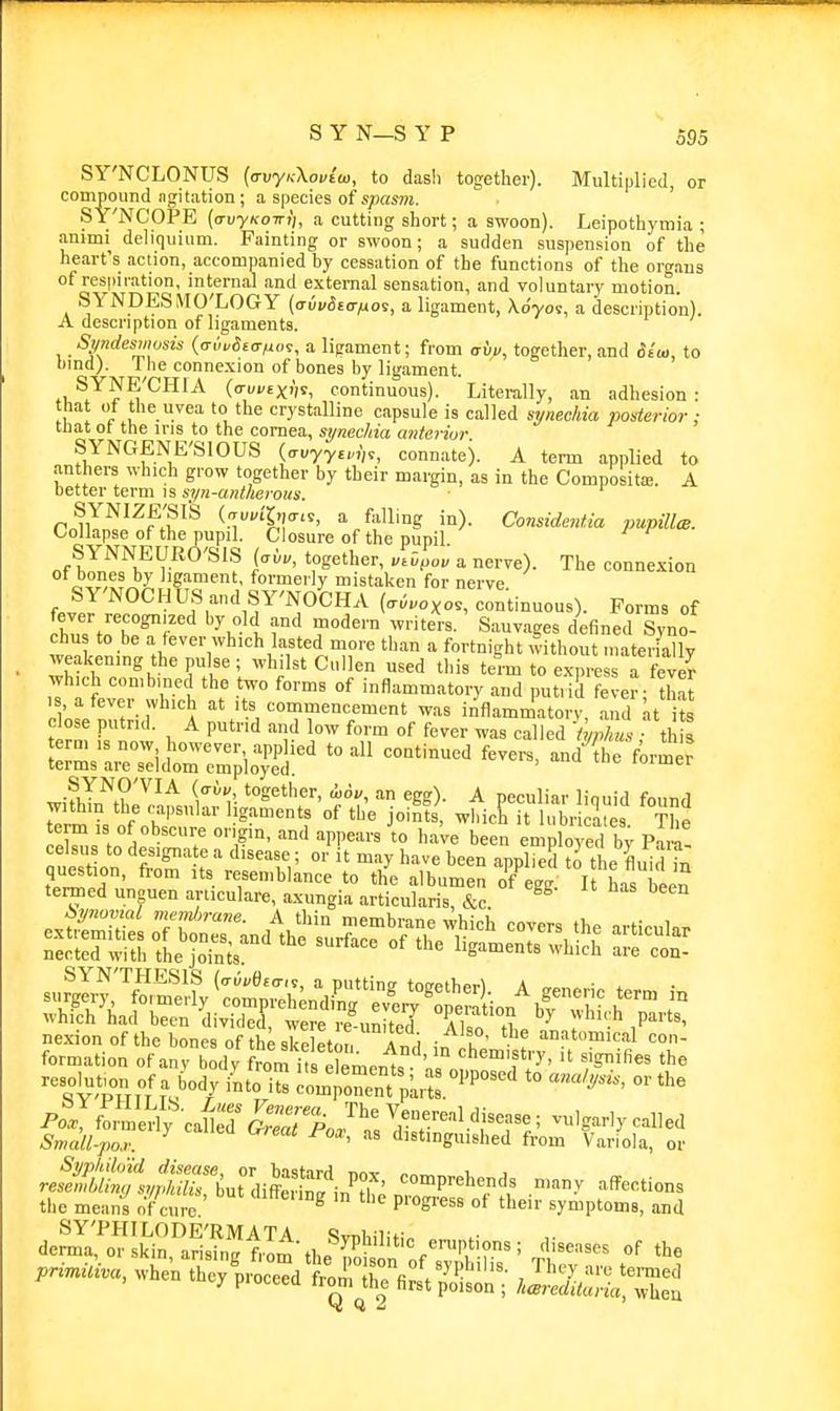 SY'NCLONUS (o-uy-cXowfo), to dasli together). Multiplied, or compound agitation; a species of s/inm. S Y'NCOPE {(TvyKo-rrii, a cutting short; a swoon). Leipothymia ; animi deliquium. Fainting or swoon; a sudden suspension of the heart's action, accompanied by cessation of the functions of the organs of respiration, internal and external sensation, and voluntary motion. SYNDESMO'LOGY (auvSta-no^, a ligament, Xo'yos, a description). A description of ligaments. Smdesmusis (avuSecr/u,^, a ligament; from aiiu, together, and Stu,, to bind;. 1 he connexion of bones by ligament. SYNE'CHIA (trufEXV!, continuous). Literally, an adhesion : that ot the uvea to the crystalline capsule is called synechia posterior; that ot the ins to the cornea, synechia anterior. SYNGENE'SIOUS {<yvyyiui)<!, connate). A term applied to anthers which grow together by their margin, as in the Composita;. A better term is syn-antherous. SYNIZE'SI'S (a«vi'5,,cri9, a falling in). Considentia pupUlcB. Collapse of the pupil. Closure of the pupil. kI^^.,^ r^^ i^' '.S'^'her, vt-vt,ov a nerve). The connexion i^^.'ix?^'' ''g^™'' formerly mistaken for nerve SY'NOCHUS and SY'NOCHA (.i.oxo., continuous). Forms of cJ^ trh^!' T^^' Sauvages defined Syno chus to be a fever which lasted more than a fortnight without materially weakening the pulse ; whilst Cillen used this tem to express a fever which conibmed the two forms of inflammatory and putiid fever; thai IS, a fever which at its commencement was inflammatory and .^t its close putrid. A putrid and low form of fever was called tyXs thU ::™s'=itrm;i;T^'^^ -^^ ^'-^^ -^'^^^-^^^ question, from Us resemblance to the albumen o'f^S It been termed unguen articulare, axungia articularis, &c. nexion of the bones of the skeleton TnH in!h ! ''tomK^al con- th. «.„■, »f c„r, « l'8'« »l '1' ijinpiom.. ai
