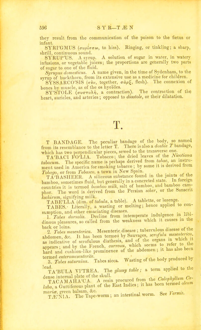 they result from the communication of the poison to the foetus or infant. SYRl'GMUS (avpiaaui, to hiss). Ringing, or tinkling; a sharp, shrill, continuous sound. SYRUP'US. A syrup. A solution of sugar in water, in watery infusions, or vegetable juices; the proportions are generally two parts of sugar to one of the fluid. Syrupus domesticus. A name given, in the time of Sydenham, to the syrup of buckthorn, from its extensive use as a medicine for children. SYSSARCO'SIS (<rvu, together, aap^, flesh). The connexion of bones by muscle, as of the os hyoi'des. SY'STOLE (o-uo-ToXi), a contraction). The contraction of the heart, auricles, and arteries; opposed to diastole, or their dilatation. T. T BANDAGE. The peculiar bandage of the body, so named from its resemblance to the letter T. There is also a doubie T bandage, which has two perpendicular pieces, sewed to the transverse one. TA'BACI FO'LIA. Tobacco; the dried leaves ol the Atcotiana tahacum. The specific name is perhaps derived from tahac, an instru- ment used in America for smoking tobacco ; by some it is derived from Tohiwo, or from Tabasco, a to-ivn in New Spam. TA'BASHEER. A siliceous substance found in the joints ot tne bamboo, sometimes fluid, but generally in a concreted state. In foreign countries it is termed hamlmo milk, salt of bamboo, and bamboo cam- phor. The word is derived from the Persian scher, or the Sanscrit kschirum, signifying milk. , ,, . , TABE'LLA (dim. of tabula, a table). A tablette, or lozenge. TABES.- Literally, a wasting or melting; hence applied to con- sumption, and other emaciating diseases. • ri; 1 Tabes dorsalis. Decline from intemperate indulgence in libi- dinous pleasures, so called from the weakness which it causes in the ^^t TaLeTmesenterica. Mesenteric disease ; tuberculous disease of the abdomen, &c. It has been termed by Sauvages, serofula «', <^<^; as indicative of scrofulous diathesis, and of the organs m appears; and by the French, carrcau, which seems to refer to the hard and cushion-like prominence of the abdomen; it has also been '3lt~t'.*Tabes sicca. Wasting of the body produced by '^TA'BULA Vl'TREA. The glassy table; a term applied to the 'Tl^rMMff'cl*A procured from the Calorl,yllu,n Ca. ZaS a GuttH-crous plant of the Elast Indies; it has been termed oleum 'tS'NU? ^^^e^wonu; an intestinal worm. See Vennis.