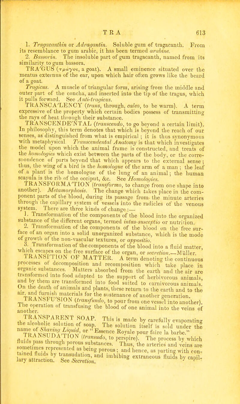 1. Tragacantliin or Adraqanttn. Soluble gum of tragacanth. From its resemblance to gum arabic, it has been termed arahine. 2. Bassorin. The insoluble part of gum tragacanth, named ft-om its similarity to gum bassora. TRA'GUS (x^jiiyov, a goat). A small eminence situated over the meatus externus of the ear, upon which hair often grows like the beard of a goat. Tnifficus. A muscle of triangular form, arising from the middle and outer part of the concha, and inserted into the tip of the tragus, which it pulls forward. See Anli-traf/icus. TRANSCA'LENCY {tnms, through, caleo, to be warm). A term expressive of the property which certain bodies possess of transmitting the rays of heat tliroiigh their substance. TRANSCENDE'NTAL (transcendo, to go beyond a certain limit). In philosopliy, this term denotes that which is beyond the reach of our senses, as distinguished from what is empirical ; it is thus synonymoijs with metaphysical Tnmscetidental Anatmny is that which investigates the model upon which the animal frame is constructed, and treats of the homologies which exist between the parts of the body, or the corre- siiondence of parts bcycmd that which appears to the external sense; thus, the wing of a bird is the Iwmologue of the arm of a man ; the leaf of a plant is the liomologue of the lung of an animal; the human scapula is the rib of the occiput, &c. See Homolouies. TRANSFORMA'TION (transformo, to change from one shape into another). Metamorphosis. The change which tiikes place in the com- ponent parts of the blood, during its passage from- the minute arteries through the capillary system of vessels into the radicles of the venous system. There are three kinds of change : 1. Transformation of the components of the blood into the organized substance of the different organs, termed intus-siisecptio or nutrition. 2. Transformation of the components of the blood on the free sur- face of an organ into a solid unorganized substance, which is the mode ot growth of tlie non-vascular textures, or appositio. 3. Transformation of the components of the blood into a fluid matter, rin f^^'S',^,^ ° surface of the organ, or secretion.—MnWtv. IKAJNblTlON OP MATTER. A term denotins the continuous processes ot decomposition and recomposition which take place in organic substances. Matters absorbed from the earth and the air are transformed into food adapted to the support of herbivorous animals, and by them are transformed into food suited to carnivorous animals. Un the death of animals and plants, these return to the earth and to the ''^ TR ?wI!]1-'t Jc^TAxt'''' «stenin<-e of another generation. 1KAW !5t U SI ON (transjundo, to pour from one vessel into another). The operation of transfusing the blood of one animal into the veins of another. tbJ^^i! r^'^'^i^.^'^ ^P^^- Tl'i^ is made by careftilly evaporating tbe alcohohe solution of soap The solution it'self is sold under thi tran1uda't7om'<?' ^T' P°''f--^ i--^ fl„; 1 .1 , (transudo, to perspire). The process by which fluids pass through porous substances. Thus, the arteries and veins are nl I'fl/'T™!™'''' r^^'^'S porous ; and hence, as parting with con- . v i 1. ^ t™^^--'°n- and imbibing extraneous fluids by capil lary attraction. See Secretion. ' ^