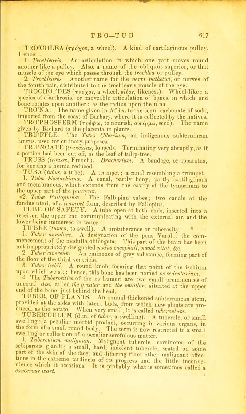 TRO'CHLEA (xpoxos, a wheel). A kind of cartilaginous pulley. Hence— 1. Trochlearis. An articulation in which one part moves round another lil<e a pulley. Also, a name of the obliquus superior, or that muscle of tlie eye which passes through the trochlea or pulley. 2. Trochleares Another name for the nervi pat/iedci, or neiTes of the fourth pair, distributed to the trochlearis muscle of the eye. TROCHOl'DES (Tf.dxot, a wheel, fMos, likeness). Wheel like ; a species of diarthrosis, or moveable articulation of bones, in which one bone rotates upon another; as the radius upon the ulna. TRO'NA. The name given in Africa to the sequi-carbonate of soila, imported from the coast of Barbary, where it is collected by the natives. TRO'PHOSPERM (t<.£</mu, to nourish, inrii>fia, seed). The name given by Richard to the placenta in plants. TRU'FFLE. The Tuber Cibarium, an indigenous subterranean fungus, used for culinary purposes. TRU'NCATE (truncahis, lopped). Terminating very abruptly, as if a portion had been cut off, as the leaf of tulip-tree. TRUSS (fov)!(sse, French). Bracherium. A bandage, or apparatus, for keeping a hernia reduced. TUBA (tubus, a tube). A trumpet; a canal resembling a trumpet. 1. Tiiha Emtuchiuna. A canal, partly bony, partly cartilaginous and membranous, which extends from the cavity of the' tympanum to the upper part of the pharynx. »2. TuhcE Full(jpiuii(B. The Fallopian tubes; two canals at the fundus uteri, of a trumpet form, described by F.allopius. TUBE OF SAFETY. A tube open at both ends, inserted into a receiver, the upper end communiciting with the external air, and the lower being immersed in water. TU'BER (tumeo, to swell). A protuberance or tuberosity. * 1. Tulier annuture. A designation of the pons Varolii, the com- mencement of the medulla oblongata. Tliis part of the brain has been not inappropriately designated nmlus encephaU, iiceud vital, &c. 2. Tutier cinerenm. An eminence of grey substance, forming part of the floor of the third ventricle. 3. Tiilier ischii. A round knob, forming that point of tlie ischium upon which we sit ; hence, this bone has been named os sedentarium. 4. The Tidierosities of the os humeri are two small prominences of unequal size, called the tjreater and the smaller, situated at the upper end of the bone, just behind the head. TUBER. OF PLANTS. An annual thickened subterranean stem, provided at the sides with latent buds, from which new plants are pro- '^^Tr'n^oJ^l?,'-'!',,, ^^'■'^ ^'y ^^11' is called tubercniam. TUBER CULUM (dim. of tuber, a swelling). A tubercle, or small sweJlmg: a pcciihar morbid product, occurring in various organs, in the foi-m of a small round body. The term is now restricted to a small swelling or collection of a peculiar scrofulous matter ]. Tubrreiilum malicpmm. Malignant tubercle ; carcinoma of the sebiparous g ands; a small, hard, indolent tubeirle, seated on some part ot the skm ot the face, and differing from other malignant affec- tions m the e-xtreme tardiness of its progress and the little inconve- nience which It occasions. It is probably what is sometimes called a cancerous wart.