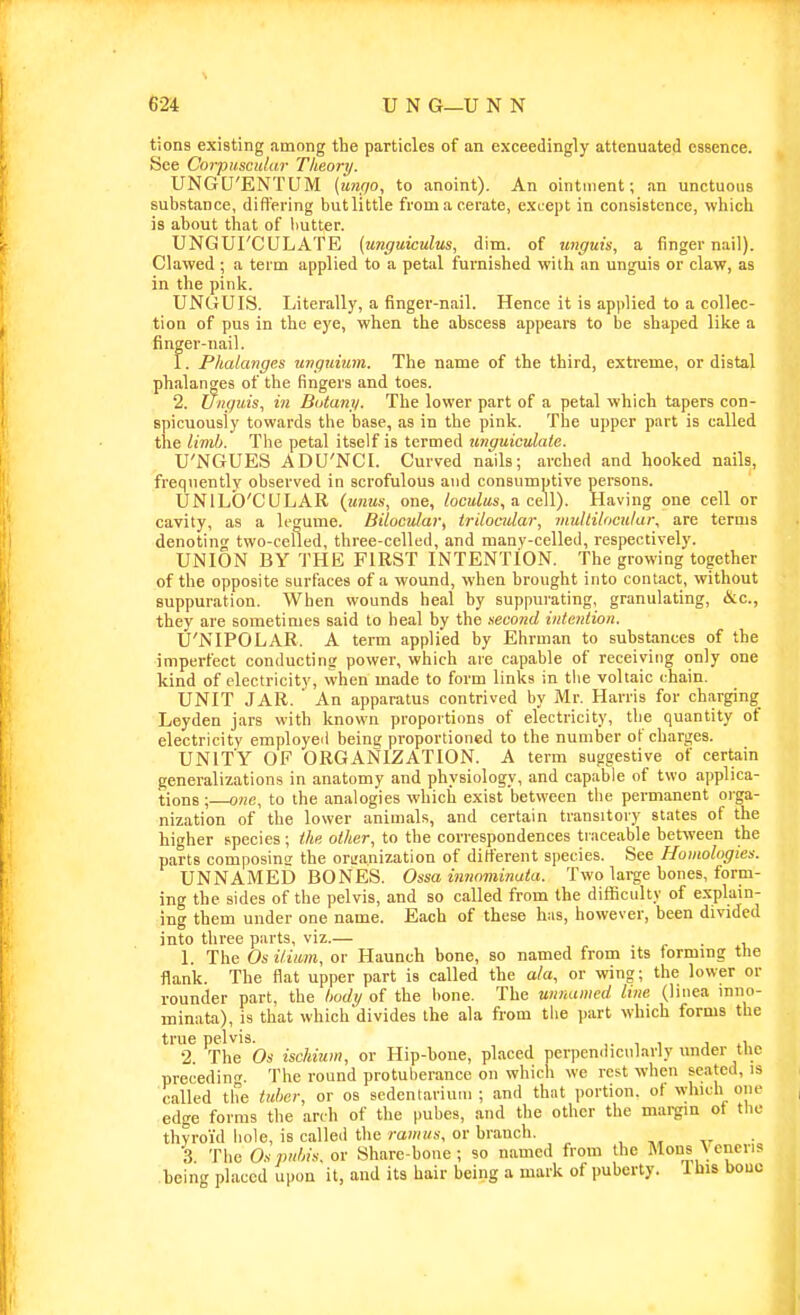 tions existing among the particles of an exceedingly attenuated essence. See Corpuscular Theory. UNGtJ'ENTUM [ancjo, to anoint). An ointment; an unctuous substance, differing butlittle from a cerate, except in consistence, which is about that of butter. UNGUI'CULATE (unguiculus, dim. of unguis, a fingernail). Clawed ; a term applied to a petal furnished with an unguis or claw, as in the pink. UNGUIS. Literally, a finger-nail. Hence it is applied to a collec- tion of pus in the eye, when the abscess appears to be shaped like a finger-nail. 1. Phalanges iinguium. The name of the third, extreme, or distal phalanges of the fingers and toes. 2. Unguis, in Batany. The lower part of a petal which tapers con- spicuously towards the base, as in the pink. The upper part is called the limb. The petal itself is termed unguiculate. U'NGUES ADU'NCI. Curved nails; arched and hooked nails, frequently observed in scrofulous and consumptive persons. UNILO'CULAR {unus, one, loculus, a. ciW). Having one cell or cavity, as a legume. Bilocular, trilocular, multilocular, are terms denotinc two-celled, three-celled, and many-celled, respectively. UNION BY THE FIRST INTENTION. The growing together of the opposite surfaces of a wound, when brought into contact, without suppuration. When wounds heal by suppurating, granulating, ike, they are sometimes said to heal by the second iiitenlion. U'NIPOLAR. A term applied by Ehrman to substances of the imperfect conducting power, which are capable of receiving only one kind of electricity, when made to form links in tlie voltaic chain. UNIT JAR. An apparatus contrived by Mr. Harris for charging Leyden jars with known proportions of electricity, the quantity of electricity employeii being proportioned to the number of charges. UNITY OF ORGANIZATION. A term suggestive of certain generalizations in anatomy and physiology, and capable of two applica- tions ; one, to the analogies which exist between tlie permanent oi-ga- nization of the lower animals, and certain transitory states of the higher species ; the other, to the correspondences traceable between the parts composing the organization of different species. See Homologies. UNNAMED BONES. Ossa innominata. Two large bones, forni- ing the sides of the pelvis, and so called from the difficulty of explain- ing them under one name. Each of these has, however, been divided into three parts, viz.— 1. The Os ilium, or Haunch bone, so named from its forming tlie flank. The flat upper part is called the ala, or wing; the lower or rounder part, the body of the bone. The unnamed line (liuea iniio- ininata), is that which divides the ala from the part which forms the true pelvis. ,. , i j .i •2. The Os ischium, or Hip-bone, placed perpendicularly under the preceding. The round protuberance on which we rest when seated, is called the tuber, or os sedentariuiu ; and that portion, of which one edge forms the arch of the pubes, and the other the margin of the thyroid hole, is called the ramus, or branch. 3 The Os pubis, or Share-bone; so named from ihe Mons Veneris being placed upon it, and its hair being a mark of puberty. 1 his bono