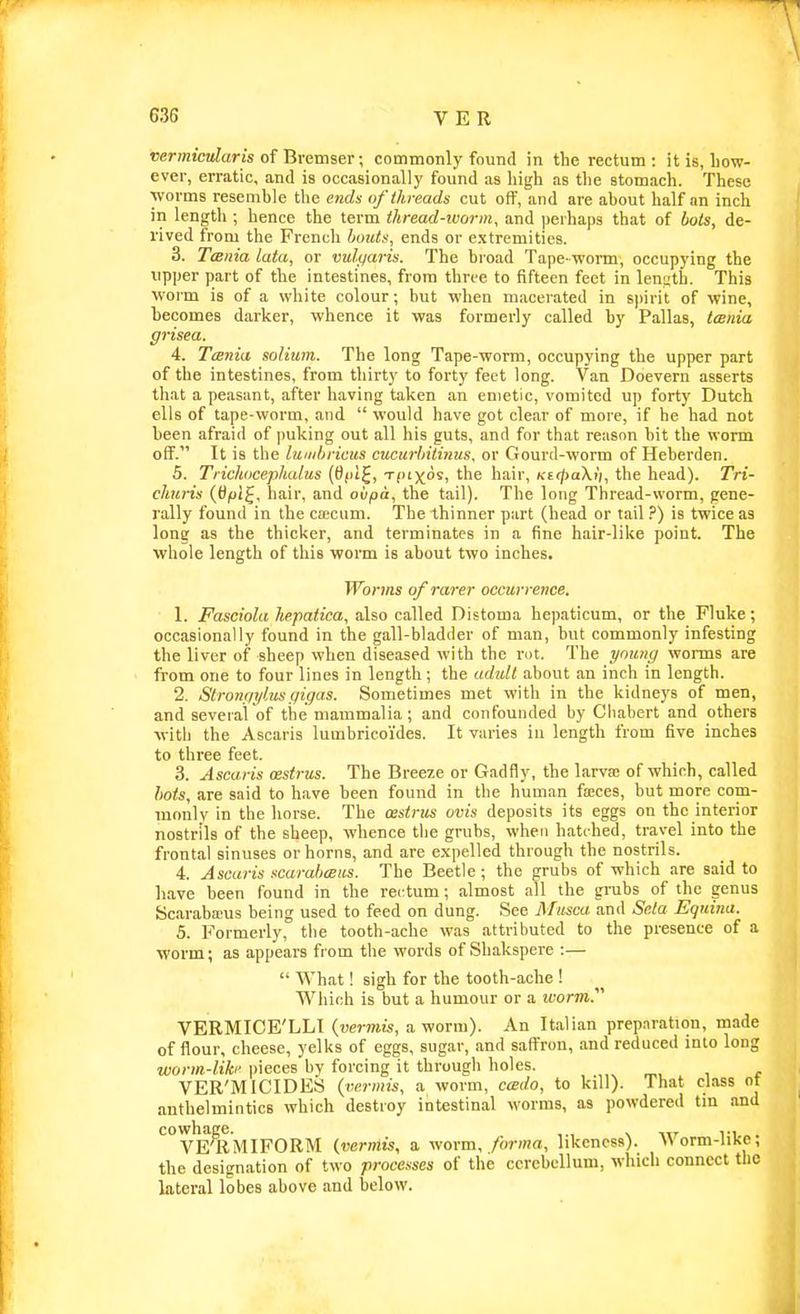 vermieularis of Bremser \ commonly found in the rectum: it is, bow- ever, erratic, and is occasionally found as high as the stomach. These worms resemble the eiids of threads cut off, and are about half an inch in length ; hence the term thread-worm, and perhaps that of hots, de- rived from the French bouts, ends or extremities. 3. TcEiiia lata, or vulgaris. The broad Tape worm, occupying the upper part of the intestines, from three to fifteen feet in leniith. This worm is of a white colour; but when macerated in s|)irit of wine, becomes darker, whence it was formerly called by Pallas, tmnia grisea. 4. Tcenki solium. The long Tape-worm, occupying the upper part of the intestines, from thirty to forty feet long. Van Doevern asserts that a peasant, after having taken an emetic, vomited up forty Dutch ells of tape-worm, and  would have got clear of more, if he had not been afraid of puking out all his guts, and for that reason bit the worm off. It is the luiiibricus cucurlntinus. or Gourd-worm of Heberden. 5. Trichoce.phalus (6(uJ, Tfu^os, the hair, Kecj>a\ii, the head). Tri- churis {tifil^, hair, and oiipd, the tail). The long Thread-worm, gene- rally found in the ca;cum. The thinner part (head or tailis twice as long as the thicker, and terminates in a fine hair-like point. The whole length of this worm is about two inches. Worms of rarer occurrence. 1. Fasciola hepatica, also called Distoma hepaticum, or the Fluke; occasionally found in the gall-bladder of man, but commonly infesting the liver of sheep when diseased with the rot. The young worms are from one to four lines in length; the adult about an inch in length. 2. Strongylusgigas. Sometimes met with in the kidneys of men, and several of the mammalia; and confounded by Cliabert and others with the Ascaris lumbricoides. It varies in length from five inches to three feet. 3. Ascaris xstrus. The Breeze or Gadfly, the larva; of which, called hois, are said to have been found in the human fa;ces, but more com- tnonly in the horse. The CBstrus ovis deposits its eggs on the interior nostrils of the sheep, whence the grubs, when hatched, travel into the frontal sinuses or horns, and are e.vpelled through the nostrils. 4. Ascaris scarahcBus. The Beetle; the grubs of which are said to have been found in the rectum; almost all the grubs of the genus Scarabaius being used to feed on dung. See Musca and Seta Equina. 5. Formerly, the tooth-ache was attributed to the presence of a worm; as appears from the words of Shakspere :—  What! sigh for the tooth-ache I Which is but a humour or a worm. VERMIGE'LLI {vermis, a worm). An Italian preparation, made of flour, cheese, yelks of eggs, sugar, and saffron, and reduced into long worm-lih' pieces by forcing it through holes. , r VER'MICIDES {vermis, a worm, ccedo, to kill). That class ot anthelmintics which destroy intestinal w^orms, as powdered tin and cowhage. % i-i VEulMIFORM (verniis, a worm, forma, likeness). Worm-liKc, the designation of two processes of the cerebellum, which connect the lateral lobes above and below.