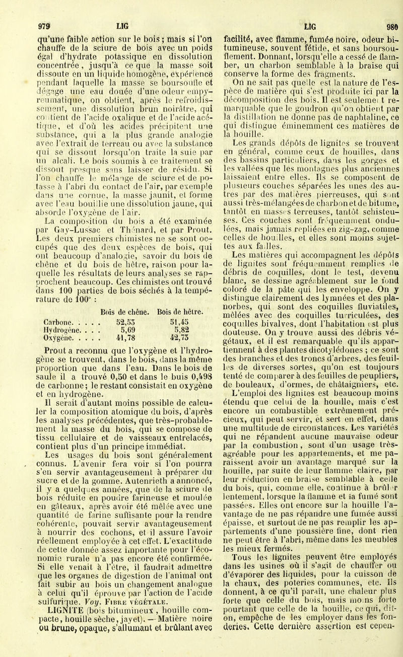 qu'une faible action sur le bois ; mais si l'on chauffe de la sciure de bois avec un poids égal d'hydrate potassique en dissolution concentrée, jusqu'à ce que la masse soit dissoute en un liquide homogène, expérience pendant laquelle la masse se boursonlle et dég.-ige une eau douée d'une odeur empy- reuinatique, on obtient, après le refroidis- sement, une dissolution brun noirâtre, qui cO itient de l'acide oxalique et de l'acide acé- tique, et d'oii les acides précipitent une substance, qui a la plus grande analogie avec l'extrait de terreau ou avi^c la substance qui se dissout lorsqu'on traite la suie par un alcali. Le bois soumis à ce traitement se dissout prr-sque sans laisser de résidu. Si l'on chauffe h; mélange de sciure et de po- ,tasse à l'abri du contact de l'air, par exemple dans une cornue, la masse jaunit, et forme avec re.iu bouillie une dissolution jaune, qui absorde l'oxygène de l'air. La composition du bois a été examinée par Gay-Lussac et Th niard, et par Prout. Les deux premiers chimistes ne se sont oc- ciq)és que des deux espèces de bois, qui ont beaucoup d'analogie, savoir du bois de chêne et du bois de hêtre, raison pour la- quelle les résultats de leurs analyses se rap- prochent beaucoup. Ces chimistes ont trouvé dans 100 parties de bois séchés à la tempé- rature de 100° : Bois de cliêne. Bois de hêtre. Carbone 52,53 51,45 Hydrogène. . . . 5,G9 5,82 Oxygène 41,78 -42,73 Prout a reconnu que l'oxygène et l'hydro- gène se trouvent, dans le bois, dans la môme proportion que dans l'eau. Dans le bois de saule il a trouvé 0,50 et dans le buis 0,498 de carbonne; le restant consistait en oxygène et en hydrogène. 11 serait d'autant moins possible de calcu- ler la composition atomique du bois, d'après les analyses précédentes, que très-probable- ment la masse du bois, qui se compose de tissu cellulaire et de vaisseaux entrelacés, contient plus d'un principe immédiat. Les usages du bois sont généralement connus. L'avenir fera voir si l'on pourra s'en servir avantageusement à préparer du sucre et de la gomme. Autenrieth a annoncé, il y a quelques années, que de la sciure de bois réduite en poudre farineuse et moulée en gâteaux, après avoir été mêlée avec une quantité de farine suffisante pour la rendre cohérente, pouvait servir avantageusement à nourrir des cochons, et il assure l'avoir réellement employée à cet effet. L'exactitude de cette donnée assez importante pour l'éco- nomie rurale n'a pas encore été confirmée. Si elle venait à l'être, il faudrait admettre que les organes de digestion de l animal ont fait subir au bois un changement analogue à celui qu'il éprouve par l'action de l'acide sulfurique. Voy. Fibre végétale. LIGNITE (bois bitumineux , houille com- pacte , houille sèche, jayet). — Matière noire OU brune, opaque, s'allùmant et brûlant avec facilité, avec flamme, fumée noire, odeur bi- tumineuse, souvent fétide, et sans boursou- flement. Donnant, lorsqu'elle a cessé de flam- ber, un charbon semblable à la braise qui conserve la forme des fragments. On ne sait pas quelle est la nature de l'es- pèce de matière qui s'est produite ici par la décomposition des bois. Il est seulemei t re- marquable que le goudron qu'on obtient par la dislillation ne donne pas de naphtaline, ce qui distingue éminemment ces matières de la houille. Les grands dépôfs de lignitos se trouve-at en général, comme ceux de houilles, dans des bassins particuliers, dans les gorges et les vallées que les montagnes plus anciennes laissaient entre elles. Ils se composent de plusieurs couches séparées les unes des au- tres par des matières pierreuses, qui srtnt aussi très-mélangées de charbon et de bitume, tantôt en massi s terreuses, tantôt schisteu- ses. Ces couches sont fr.'queranient ondu- lées, mais jamais repliées en zig-zag, comme celles de houdles, et elles sont moins sujet- tes aux fa.Iles. Les matières qui accompagnent les dépôls de lignites sont fréquinnment remplies de débris de coquilles, dont le test, devenu blanc, se dessine agré.iblement sur le fond coloré de la pâte qui les envelop[)e. On y distingue clairement des lymnées et des pla- norbes, qui sont des coquilles fluviatiles, mêlées avec des coquilles turriculées, des coquilles bivalves, dont l'habitation < st plus douteuse. On y trouve aussi des débris vé- gétaux, et il est remarquable qu'ils appar- tiennent à des plantes dicotylédones ; ce sont des branches et des troncs d'arbres, desfeuil- li'S de diverses sortes, qu'on est toujours tenté de comjiarer à des feuilles de peupliers, de bouleaux, d'ormes, de châtaigniers, etc. L'emploi des lignites est beaucoup moins étendu que celui de la houdle, mais c'est encore un combustible extrêmement pré- cieux, qui peut servir, et sert en effet, dans une multitude de circonstances. Les variétés qui ne répandent aucune mauvaise odeur par la combustion, sont d'un usage très- agréable pour les appartements, et me pa- raissent avoir un avantage marqué sur la houille, par suite de leur flamme claire, par leur réduction en braise semblable à celle du bois, qui, comme elle, continue à brûl r lentement, lorsque la flamme et îa fumé sont passées. Elles ont encore sur la houille l'a- vantage de ne pas répandre une fumée aussi épaisse, et surtout de ne pas remplir les ap- partements d'une poussière fine, dont rien ne peut être à l'abri, même dans les meubles les mieux fermés. Tous les lignites peuvent être employés dans les usines où il s'agit de chauffer ou d'évaporer des liquides, pour la cuisson de la chaux, des poteries communes, etc. Ils donnent, à ce qu'il paraît, une chaleur plus forte que celle du bois, mais mo ns loi te pourtant que celle de la houille, ce qui, dit- on, empêche de les employer dans les fon- deries. Cette dernière assertion est cepen-