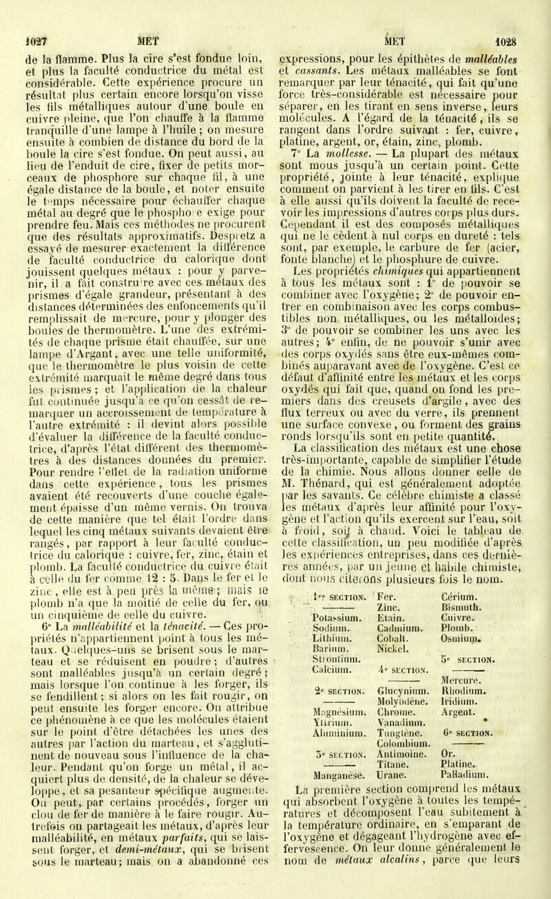 de la flamme. Plus la cire s'est fondue loin, et plus la faculté conductrice du métal est considérable. Cette expérience procure un résultat plus certain encore lorsqu'on visse les fils métalliques autour d'une boule en cuivre |ileine, que l'on chauffe à la flamme tranquille d'une lampe à l'huile ; on mesure ensuite à combien de distance du bord de la boule la cire s'est fondue. On peut aussi, au lieu de l'enduit de cire, fixer de petits mor- ceaux de phosphore sur chaque lil, à une égale distance de la boule, et noter ensuite le t'-mps nécessaire pour échauffer chaque métal au degré que le phospho: e exige pour prendre feu. Mais ces métliodes ne procurent que des résultats approximatifs. Despietz a essayé de mesurer exactement la différence de faculté conductrice du calorique dont jouissent quelques métaux : pour y parve- nir, il a fait constru're avec ces métaux des prismes d'égale grandeur, présentant à des distances déterminées des enfoncements qu'il remplissait de mercure, pour y plonger des boules de thermomètre. L'une des extrémi- tés de chaque prisme était chauffée, sur une lampe d'Argant, avec une telle uniformité, que le thermomètre le plus voisin de cette extrémité marquait le même degré dans tous les piismes ; et l'application de la chaleur fut continuée jusqu'à ce qu'on cessât de re- marquer un accroissement de température à l'autre extrémité : il devint alors possible d'évaluer la différence de la faculté conduc- trice, d'après l'état différent des thermomè- tres à des distances données du premier. Pour rendre l'effet de la radiation uniforme dans cette expérience, tous les prismes avaient été recouverts d'une couche égale- ment épaisse d'un même vernis. On trouva de cette manière que tel était l'ordre dans lequel les cinq métaux suivants devaient être rangés, par rapport à leur faculté conduc- trice du calorique : cuivre, fer, zinc, étain et plomb. La faculté conductrice du cuivre était à celle du for comme 12 : 5. Dans le fer et le zinc , elle est à pea près la mèîiie ; niais iG plomb n'a que la moitié de celle du fer, ou un cinquième de celle du cuivre. 6° La malléabilité et la ténacité. — Ces pro- priétés n';;ppartiennent point à tous les mé- taux. Q^ielques-uns se brisent sous le mar- teau et se réduisent en poudre ; d'autres sont malléables jusqu'à un certain degré; mais lorsque l'on continue à les forger, ils se fendillent ; si alors on les fait rougir, on peut ensuite les forger encore. On attribue ce phénomène à ce que les molécules étaient sur le point d'être détachées les unes des autres par l'action du marteau, et s'aggluti- nent de nouveau sous l'influence de la cha- leur. Pendant qu'on forge un métal, il ac- quiert plus de densité, de la chaleur se déve- loppe, et sa pesanteur s-pécifique augmeute. Ou peut, par certains procédés, forger un clou de fer de manière à le faire rougir. Au- trefois on partageait les métaux, d'après leur malléabilité, en métaux parfaits, qui se lais- seut forger, et demi-métaux, qui se biisent sous le marteau; mais on a abandonné ces expressions, pour les épithètes de malléables et cassants. Les métaux malléables se font remarquer par leur ténacité, qui fait qu'une force très-considérable est nécessaire pour séparer, en les tirant en sens inverse, leurs molécules. A l'égard de la ténacité, ils se rangent dans l'ordre suivaiit : fer, cuivre, platine, argent, or, étain, zinc, plomb. 7° La mollesse. — La plupart des métaux sont mous jusqu'à un certain point. Cette propriété, jointe à leur ténacité, explique comment on parvient à les tirer en fds. C'est à elle aussi qu'ils doivent la faculté de rece- voir les impressions d'autres corps plus durs. Cependant il est des composés métalliques qui ne le cèdent à nul corps en dureté : tels sont, par exemple, le carbure de fer (acier, fonte blanche) et le phosphure de cuivre. Les propriétés chimiques qui appartiennent à tous les métaux sont : 1° de jiouvoir se combiner avec l'oxygène; 2° de pouvoir en- trer en combinaison avec les corps combus- tibles non métalliques, ou les métalloïdes; 3 de pouvoir se combiner les uns avec les autres ; k enfin, de ne pouvoir s'unir avec des corps oxydés sans être eux-mêmes com- binés auparavant avec de l'oxygène. C'est ce défaut d'affinité entre les métaux et les corps oxydés qui fait que, quand on fond les pre- miers dans des creusets d'argile, avec des flux terreux ou avec du verre, ils prennent une surface convexe, ou forment des grains ronds lorsqu'ils sont en petite quantité. La classification des métaux est une chose très-importante, capable de simplifier l'étude de la chimie. Nous allons donner celle de M. Thénard, qui est généralement adoptée I)ar les savants. Ce célèbre chimiste a classé les métaux d'après leur affinité pour l'oxy- gène et l'action qu'ils exercent sur l'eau, soit à fioid, soi^, à chaud. Voici le tableau de cette classification, un peu modifiée d'après les expériences entreprises, dans ces derniè- res années, par un jeune et habile chimiste, dont nous àlerons plusieurs fois le nom. î'. SECTION. Fer. Cérium. Zinc. Bismuth. Potas-sium. Etain. Cuivre. Soilium. Cadmium. Plomb. Lithium. Cobalt. Osmium. Bariiim. Nickel. Strontium. 5° SECTION. Calcium. 4° SECTION. Mercure. 2« SECTION. Glucynium. Rhodium. Molybdène. Iridium. Magnésium. Chrome. Argent. Yttrium. Vanadium. Aluminium. Tuiiglène. Colombium. 6' SECTION. 3' SECTION. Antimoine. Or. Titane. Platine. Manganèse. Urane. Palladium. La première section comprend les métaux qui absorbent l'oxygène à toutes les tempé- ratures et décomposent l'eau subitement à' la température ordinaire, en s'emparant de l'oxygène et dégageant l'hydrogène avec ef- fervescence. On leur donne généralement le nom de métaux alcalins, parce que leurs