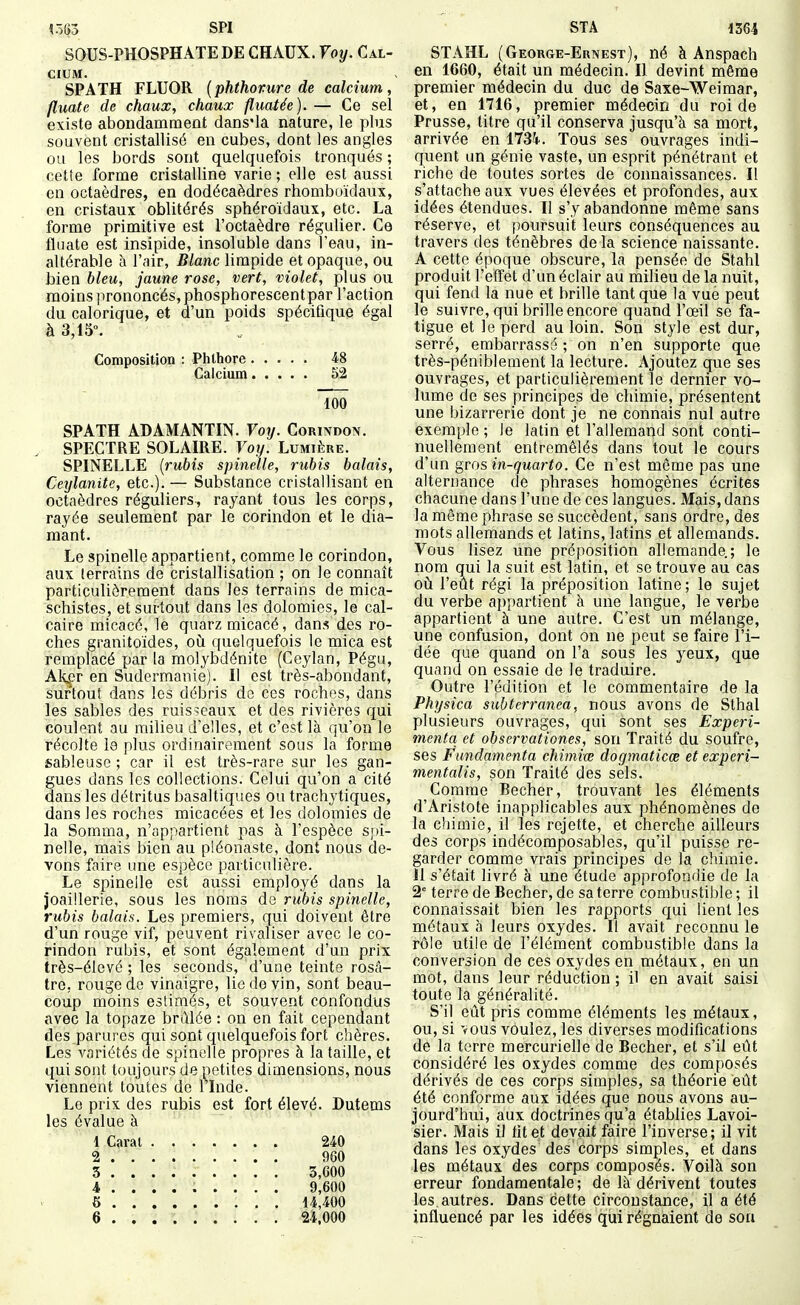 !ÔG3 SPI SOUS-PHOSPHATE DE CHAUX. Yoy. Cal- cium. SPATH FLUOR {phthorure de calcium, fluate de chaux, chaux fluatée). — Ce sel existe abondamment dans'Ia nature, le plus souvent cristallisé en cubes, dont les angles ou les bords sont quelquefois tronqués ; cette forme cristalline varie; elle est aussi en octaèdres, en dodécaèdres rhomboïdaux, en cristaux oblitérés sphéroidaux, etc. La forme primitive est l'octaèdre régulier. Ce finale est insipide, insoluble dans l'eau, in- altérable à l'air, Blanc limpide et opaque, ou bien bleu, jaune rose, vert, violet, plus ou moins prononcés, phosphorescent par l'action du calorique, et d'un poids spécifique égal à 3,15. Composition : Phthore 48 Calcium 52 100 SPATH ADAMANTIN. Voy. Corindon. SPECTRE SOLAIRE. Voy. Lumière. SPINELLE {rubis spinelle, rubis balais, Ceylanite, etc.). — Substance cristallisant en octaèdres réguliers, rayant tous les corps, rayée seulement par le corindon et le dia- mant. Le spinelle appartient, comme le corindon, aux terrains de cristallisation ; on le connaît particulièrement dans les terrains de mica- schistes, et surtout dans les dolomies, le cal- caire micacé, le quarz micacé, dans des ro- ches granitoïdes, oij. quelquefois le mica est remplacé par la molybdénite (Ceylan, Pégu, Ak>er en Sudermanie). Il est très-abondant, surtout dans les débris do ces roches, dans les sables des ruis?eaux et des rivières qui coulent au milieu d'elles, et c'est là qu'on le récolte la plus ordinairement sous la forme sableuse ; car il est très-rare sur les gan- gues dans les collections. Celui qu'on a cité dans les détritus basaltiques ou trachytiques, dans les roches micacées et les dolomies de la Somma, n'appartient pas à l'espèce spi- nelle, mais bien au piéonaste, dont nous de- vons faire une espèce particulière. Le spinelle est aussi employé dans la Joaillerie, sous les noms de rubis spinelle, rubis balais. Les premiers, qui doivent être d'un rouge vif, peuvent rivaliser avec le co- rindon rubis, et sont également d'un prix très-élevé ; les seconds, d'une teinte rosa- ire, rouge de vinaigre, lie do vin, sont beau- coup moins estimés, et souvent confondus avec la topaze bnllée : on en fait cependant des parures qui sont quelquefois fort chères. Les variétés de spinelle propres à la taille, et qui sont toujours de petites dimensions, nous viennent toutes de linde. Le prix des rubis est fort élevé. Dutems les évalue à 1 Carat 240 2 960 3 3,G00 4 ........ . 9,600 6 14,400 6 24.000 STA 1364 STAHL (George-Ernest), né à Anspach en 1660, était un médecin. Il devint même premier médecin du duc de Saxe-Weimar, et, en 1716, premier médecin du roi de Prusse, titre qu'il conserva jusqu'à sa mort, arrivée en 1734. Tous ses ouvrages indi- quent un génie vaste, un esprit pénétrant et riche de toutes sortes de connaissances. I! s'attache aux vues élevées et profondes, aux idées étendues. Il s'y abandonne même sans réserve, et poursuit leurs conséquences au travers des ténèbres de la science naissante. A cette époque obscure, la pensée de Stahl produit l'efTèt d'un éclair au milieu de la nuit, qui fend la nue et brille tant que la vue peut le suivre, qui brille encore quand l'œil se fa- tigue et le perd au loin. Son style est dur, serré, embarrassé ; on n'en supporte que très-péniblement la lecture. Ajoutez que ses ouvrages, et particulièrement le dernier vo- lume de ses principes de chimie, présentent une bizarrerie dont je ne connais nul autre exemple ; le latin et l'allemand sont conti- nuellement entremêlés dans tout le cours d'un gros in-quarto. Ce n'est même pas une alteruance de phrases homogènes écrites chacune dans l'une de ces langues. Mais, dans la même phrase se succèdent, sans ordre, des mots allemands et latins, latins et allemands. Vous lisez une préposition allemande.; le nom qui la suit est latin, et se trouve au cas oïl l'eut régi la préposition latine; le sujet du verbe appartient à une langue, le verbe appartient à une autre. C'est un mélange, une confusion, dont on ne peut se faire l'i- dée que quand on l'a sous les yeux, que quand on essaie de le traduire. Outre l'édition et le commentaire de la Physica subterranea, nous avons de Sthal plusieurs ouvrages, qui sont ses Expéri- menta et observationes, son Traité du soufre, ses Fiindamenta chimiœ dogmaticœ et experi- mentalis, son Traité des sels. Comme Bêcher, trouvant les éléments d'Aristote inapplicables aux phénomènes de la chimie, il les rejette, et cherche ailleurs des corps indécomposables, qu'il puisse re- garder comme vrais principes de la chimie. 11 s'était livré à une étude approfondie de la 2'terre de Bêcher, de sa terre combustible; il connaissait bien les rapports qui lient les métaux à leurs oxydes. Il avait reconnu le rôle utile de l'élément combustible dans la conversion de ces oxydes en métaux, en un mot, dans leur réduction ; il en avait saisi toute la généralité. S'il eût pris comme éléments les métaux, ou, si vous voulez, les diverses modifications de la terre mercurielle de Bêcher, et s'il eût considéré les oxydes comme des composés dérivés de ces corps simples, sa théorie eût été conforme aux idées que nous avons au- jourd'hui, aux doctrines qu'a établies Lavoi- sier. Mais il lit et devait faire l'inverse; il vit dans les oxydes des corps simples, et dans les métaux des corps composés. Voilà son erreur fondamentale; de là dérivent toutes les autres. Dans cette circonstance, il a été influencé par les idées qui régnaient de son