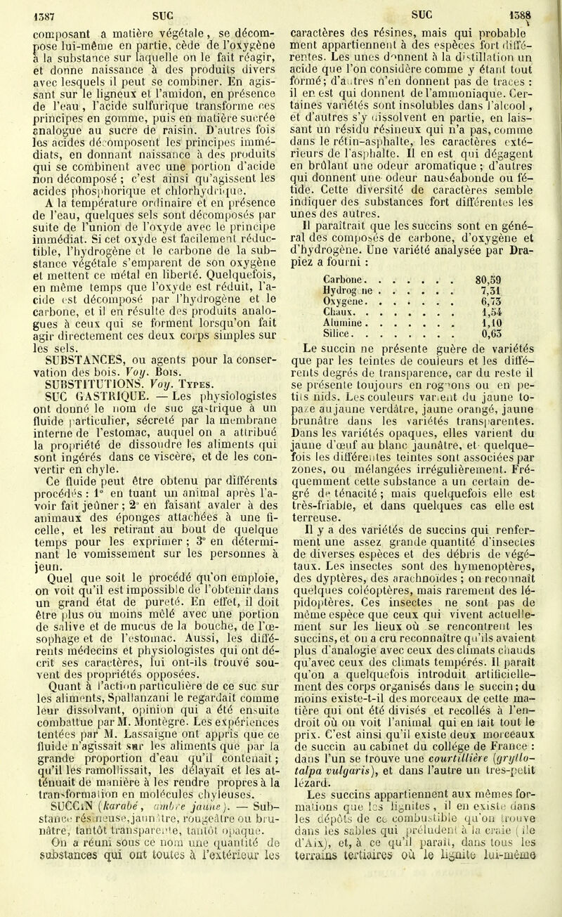 composant a matière végétale , se décom- pose lui-même en partie, cède de l'oxygène a la substance sur laquelle on le fait réagir, et donne naissance à des produits divers avec lesquels il peut se combiner. En agis- sant sur le ligneux et l'amidon, en présence de l'eau , l'acide sulfurique transforme ces principes en gomme, puis en matière sucrée analogue au sucre de raisin. D'autres fois les acides dé. omposent les principes immé- diats, en donnant naissance à des produits qui se combinent avec une portion d'acide non décomposé ; c'est ainsi qu'agissent les acides phosphorique et chlorhydiique. A la température ordinaire et en présence de l'eau, quelques sels sont décomposés par suite de l'union de l'oxyde avec le principe immédiat. Si cet oxyde est facilement réduc- tible, l'hydrogène et le carbone de la sub- stance végétale s'emparent de son oxygène et mettent ce métal en liberté. Quelquefois, en même temps que l'oxyde est réduit, l'a- cide est décomposé par l'hydrogène et le carlDone, et il en résulte des produits analo- gues à ceux qui se forment lorsqu'on fait agir directement ces deux corps simples sur les sels. SUBSTANCES, ou agents pour la conser- vation des bois. Voy. Bois. SUBSTITUTIONS. Votj. Types. SUC GASTRIQUE. — Les physiologistes ont donné le nom de suc ga-tiique à un fluide particulier, sécrété par la mi^mbrane interne de l'estomac, auquel on a attribué la propriété de dissoudre les aliments qui sont ingérés dans ce viscère, et de les con- vertir en chyle. Ce fluide peut être obtenu par différents procédés : 1° en tuant un animal après l'a- voir fait jeûner ; 2' en faisant avaler à des animaux des éponges attachées à une fi- celle, et les retirant au bout de quelque temps pour les expriujer ; 3° en détermi- nant le vomissement sur les personnes à jeun. Quel que soit le procédé qu'on emploie, on voit qu'il est impossible de l'obtenir dans un grand état de pureté. En etl'et, il doit être plus ou moins mêlé avec une portion de salive et de mucus de la bouche, de l'œ- sophage et de l'estomac. Aussi, les difl'é- rents médecins et physiologistes qui ont dé- crit ses caractères, lui ont-ils trouvé sou- vent des propriétés opposées. Quant à l'action particulière de ce suc sur les aliments, Spallanzani le regardait comme leur dissolvant, opinion qui a été ensuite combattue par M. Montègre. Les expériences tentées par M. Lassaigne ont appris que ce fluide n'agissait s»r les aliments que par la grande proportion d'eau qu'il contenait ; qu'il les ramollissait, les délayait et les at- ténuait de manière à les rendre propres à la tran^form^lion en molécules chyieuses. SUCCiN [karabé, ambre jaune). — Sub- stanc»' résji3US(^,jaiin Ure, rougeàlre ou bru- nâtre, tantôt transparei^'e, tantôt opaque. On a réuni sous ce nom une quantité de substances qui ont toutes à l'extérieur les caractères des résines, mais qui probable ment appartiennent à des espèces fort diffé- rentes. Les unes d'^nnent h la distillation un acide que l'on considère comme y étant tout formé; d'à;,très n'en donnent pas de traces : il en. est qui donnent de l'ammoniaque. Cer- taines variétés sont insolubles dans l'alcool, et d'autres s'y liissolvent en partie, en lais- sant un résidu résineux qui n'a pas, comme dans le rétin-asphalte, les caractères exté- rieurs de ras|ihalte. Il en est qui dégagent en brûlant une odeur aromatique ; d'autres qui donnent une- odeur nauséabonde ou fé- tide. Cette diversité de caractères semble indiquer des substances fort différentes les unes des autres. Il paraîtrait que les succins sont en géné- ral des composés de carbone, d'oxygène et d'hydrogène. Une variété analysée par Dra- piez a fourni : Carbone 80,59 Hydrog ne 7,31 Oxygène 6,75 Chaux 1,54 Alumine 1,10 Silice 0,63 Le succin ne présente guère de variétés que par les teintes de couleurs et les diffé- rents degrés de tiansparence, car du reste il se présente toujours en rog ^'ons ou en pe- tiis nids. Les couleurs varient du jaune to- paze aujaune verdâtre, jaune orangé, jaune brunâtre dans les variétés trans|iarentes. Dans les variétés opaques, elles varient du jaune d'œuf au blanc jaunâtre, et- quelque- fois les différentes teintes sont associées par zones, ou mélangées irrégulièrement. Fré- quemment celte substance a un certain de- gré d(^ ténacité ; mais quelquefois elle est très-friable, et dans quelques cas elle est terreuse. Il y a des variétés de succins qui renfer- ment une assez grande quantité d'insectes de diverses espèces et des débris de végé- taux. Les insectes sont des hyménoptères, des dyptères, des arachnoïdes ; on reconnaît quelques coléoptères, mais rarement des lé- pidoptères. Ces insectes ne sont pas de même espèce que ceux qui vivent actuelle- ment sur les lieux où se rencontrent les succins, et on a cru reconnaître qu'ils avaient plus d'analogie avec ceux des climats ciiauds qu'avec ceux des climats tempérés. Il paraît qu'on a quelquefois introduit artificielle- ment des corps organisés dans le succin; du moins existe-t-il des morceaux de cette ma- tière qui ont été divisés et recollés à l'en- droit oiî on voit l'animal qui en lait tout le prix. C'est ainsi qu'il existe deux morceaux de succin au cabinet du collège de France : dans l'un se trouve une courtillière {gnjllo- talpa vulgaris), et dans l'autre un tres-petit lézard. Les succins appartiennent aux mêmes for- matons que les lignites , il en existe dans les dépôts de Cb combustible qu'on irouve dans les sables qui [)rcludeni à la craie (lie d'Aix), et, à ce qu'il paraît, dans tous les terrains tertiaires où le ligaite lui-même