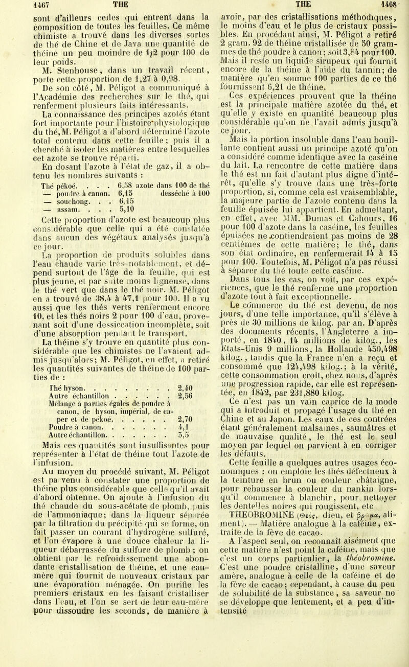 sont d'ailleurs celles qui entrent dans la composition de toutes les feuilles. Ce même chimiste a trouvé dans les diverses sortes de thé de Chine et de Java une quantité de théine un peu moindre de 1/2 pour 100 de leur |)oids. M. Slenhouse, dans un travail récent, pofte cette proportion de 1,27 à 0,88. De son côté, M. Péligot a communiqué à l'Académie des recherches sur le thé, qui renferment plusieurs faits intéressants. La connaissance des principes azotés étant fort importante pour rhistoire'physioloyique du thé,M. Péligot a d'abord (iéterminé l'azote total contenu dans cette feuille; puis il a cherché à isoler les matières entre lesquelles cet azote se trouve répai ii. En dosant l'azote à l'état de gaz, il a ob- tenu les nombres suivants : Tlié pékoé. . . . 6,58 azote dans 100 de ttié — pou tre à canon. 6,15 desséciié à 100 — soucliong. . . 6,15 — assam. . . . 5,10 Cette proportion d'azote est beaucoup plus cons dérable que celle qui a été cim-^tatée dans aucun des végétaux analysés jusqu'à ce jour. La proportion de produits solui)!es dans l'eau chaude varie trôs-notableiuent, et dé- pend surtout de l'âge de la feuille, qui est plus jeune, et par s lite rnoins ligneuse, dans Je thé vert que dans le thé noir. M. Péligot en a trouvé de 38,i à 47,1 pour lOi). Il a vu aussi que les thés verts renferment encore 10, et les thés noirs 2 pour 100 d'eau, prove- nant soit d'une dessicotion incomplète, soit d'une absorption pen ia t le transport. La théine s'y trouve en quantité plus con- sidérable que les chimistes ne l'avaient ad- mis jusqu'alors; M. Péligot, en etfet, .i retiré les quantités suivantes de théine de 100 par- ties de : Thé hyson 2,40 Autre échantillon 2,56 Mélange à parties égales de poudre à canon, de liyson, impérial, de ca- per et de pékoé 2,70 Poudre à canon 4,1 Autre éclianlillon 3,5 Mais ces quantités sont insuffîs/mtes pour représtr'uter à l'état de théine tout l'azote de l'infusion. Au moyen du procédé suivant, M. Péligot est pa venu à constater une proportion de théine plus considérable que ceWf qu'il avait d'abord obtenue. On ajoute à l'infusion du thé chaude du sous-acétate de plomb, puis de l'ammoniaque; dans la liqueur sép.irée par la fdtration du précip'té qui se forme, on fait passer un courant d'Iiydrogône sulfuré, et l'on évapore à une douce chaleur la li- queur débarrassée du sulfure de plomb ; on obtient par le refroidissement une abon- dante cristallisation de tliéine, et une eau- mère qui fournit de nouveaux cristaux par une évaporation ménagée. On purifie les premiers cristaux en les faisant Cî'istalliser dans l'eau, et l'on se sert de leur eau-mère pour dissoudre les seconds, de manière à avoir, par des cristallisations méthodiques, le moins d'eau et le plus de cristaux possi- bles. En procédant ainsi, M. Péligot a retiré 2 gram. 92 de théine cristallisée de 50 gram- mes de thé poudre à canon; soit3,84 pour 100. Mais il reste un liquide sirupeux qui fournit encore de la tliéine à l'aide du tannin; de manière qu'en somme 100 parties de ce thé fôurriissi^nt 0,21 de théine. Ces expériences prouvent que la théine est la principale matière azotée du thé, et qu'elle y existe en quantité beaucoup plus considérable qu'un ne l'avait admis jusqu'à ce jour. Mais la portion insoluble dans l'eau bouil- lante contient aussi un principe azoté qu'on a considéré comme identique avec la caséine du lait. La rencontre de cette matière dans le thé est un fait d'autant plus digne d'inté- rêt, qu'elle s'y trouve dans une très-forte proportion, si, comme cela est vraisemblable, la majeure partie de l'azote contenu dans la feuille épuisée lui appartient. En admettant, en effet, avec MM. Dumas et Cahours, 16 pour 100 d'azote dans la caséine, les feuilles épuisées ne ,contiendraient pas moins de 28 centièmes de cette matière; le thé, dans son état ordinaire, en renfermerait 14 à 15 pour 100. Toutefois, M. Péligot n'a pas réussi à séparer du thé toute cette caséine. Dans tous les cas, on voit, par ces expé- riences, que le thé renferme une proportion d'azote tout à fait exceptionnelle. Le co'mmerce du thé est devenu, de nos jours, d'une telle importance, qu'il s'élève à près de 30 millions de kilog. par an. D'après des documents récents, l'Angleterre a im- porté, en 1840, 14 millions de kilog., les Etats-Unis 9 millions, la Hollande 450,498 kilog., tandis que la France n'en a reçu et consommé que 124,498 kilog.; à la vérité, cette consommation croît, chez noi s, d'après une progression rapide, car elle est représen- tée, en 1842, par 233,880 kilog. Ce n'est pas un vain caprice de la mode qui a introduit et propagé l'usage du thé en Chine et au Japon. Les eaux de ces contrées étant généralement malsaines, saumâtres et de mauvaise qualité, le thé est le seul moyen par lequel on parvient à en corriger les défauts. Cette feuille a quelques autres usages éco- nomiques : on emploie les thés défectueux à la teinture en brun ou couleur châtaigne, pour rehausser la couleur du nankin lors- qu'il commence à blanchir, pour nettoyer les dente'les noirps qui rougissent, etc ÏHEOBROMINE (Sek, dieu, et ^p:-[ioi, ali- ment). — Matière analogue à la caféine, ex- traite de la fève de cacao. A l'aspect seul, on reconnaît aisément que cette matière n'est point la caféine, mais que c'est un corps particulier, la théobromine. C'est une poudre cristalline, d'une saveur amère, analogue à celle de la caféine et de la fève de cacao ; cependant, à cause du peu de solubilité de la substance, sa saveur ne se développe que lentement, et a peu d'in- tensité