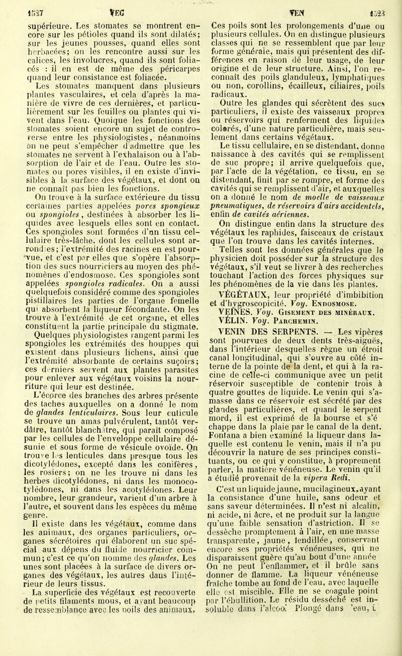 supérieure. Les stomates se montrent en- core sur les pétioles quand ils sont dilatés; sur les jeunes pousses, quand elles sont herbacées; on les rencontre aussi sur les calices, les involucres, quand ils sont folia- cés : il en est de même des péricarpes quand leur consistance est foliacée. Les stomates manquent dans plusieurs plantes vasculaires, et cela d'après la ma- nière de vivre de ces dernières, et particu- lièrement sur les feuilh^s ou plantes qui vi- vent dans l'eau. Quoique les fonctions des stomates soient encore un sujet de contro- verse entre les physiologistes, néanmoins on ne peut s'empêcher d admettre que les stomates ne servent à l'exhalaison ou à l'ab- sorption de l'air et de l'eau. Outre les sto- matf's ou pores visibles, il en existe d'invi- sibles à la surface des végétaux, et dont on ne connaît pas bien les fonctions. On trouve à la surface extérieure du tissu certaines parties appelées pores spongieux ou spongioles, destinées à absorber les li- quides avec lesquels elles sont en contact. Ces spongioles sont formées d'an tissu cel- lulaire très-lâche, dont les cellules sont ar- rondies; l'extrémité des racines en est pour- vue, et c'est p.ir elles que s'opère l'absorp- tion des sucs nourriciers au moyen des phé- nomènes d'endosmose. Ces spongioles sont appelées spongioles radicales. On a aussi quelquefois considéré comme des spongioles pistillaires les parties de l'organe femelle qui absorbent la liqueur fécondante. On les trouve à l'extrémité de cet org.sne, et elles constituorit la partie principale du stigmate. Quelques physiologistes rangent parmi les spongioles les extrémités des houppes qui existent dans plusieurs lichens, ainsi que l'extrémité absorbante de certains suçoiis; ces d. rniers sei vent aux plantes parasites pour enlever aux végétaux voisins la nour- riture qui leur est destinée. L'écorce des branches des arbres présente des taches auxquelles on a donné le nom de glandes lenticulaires. Sous leur cuticule se trouve un amas pulvérulent, tantôt ver- dâire, tantôt blanchUre, qui paraît composé par les cellules de l'enveloppe cellulaire dé- sunie et sous forme de vésicule ovoïde. On trouve L'S lenticules dans presque tous les dicotylédones, excepté dans les conifères, les rosiers; on ne les trouve ni dans les herbes dicotylédones, ni dans les monoco- tylédones, ni dans les acotylédones. Leur nombre, leur grandeur, varient d'un arbre à l'autre, et souvent dans les espèces du même genre. 11 existe dans les végétaux, comme dans les animaux, des organes particuliers, or- ganes sécrétoires qui élaborent un suc spé- cial aux dépens du fluide nourricier com- mun; c'est ce qu'on nomme des glandes. Les unes sont placées à la surface de divers or- ganes des végétaux, les autres dans l'inté- rieur de leurs tissus. La superficie des végétaux est recouverte de petits filaments mous, et ayant beaucoup de ressenoblance avec les ooils des animaux, Ces poils sont les prolongements d'une ou plusieurs cellules. On en distingue plusieurs classes qui ne se ressemblent que par leur forme générale, mais qui présentent des dif- férences en raison dé leur usage, de leur origine et de leur structure. Ainsi, l'on re- connaît des poils glanduleux, lymphatiques ou non, corollins, écailleux, ciliaires, poils radicaux. Outre les glandes qui sécrètent des sues particuliers, il existe des vaisseaux propres ou réservoirs qui renferment des liquides col®rés, d'une nature particulière, mais seu- lement dans certains végétaux. Le tissu cellulaire, en se distendant, donne naissance à des cavités qui se remplissent de suc propre; il arrive quelquefois que, par l'acte de la végétation, ce tissu, en se distendant, finit par se rompre, et forme des cavités qui se remplissent d'air, et auxquelles on a donné le nom de moelle de vaisseaux pneumatiques, de réservoirs d'airs accidentels, enfin de cavités aériennes. On distingue enfin dans la structure des végétaux les raphides, faisceaux de cristaux que l'on trouve dans les cavités internes. Telles sont les données générales que le physicien doit posséder sur la structure des végétaux, s'il veut se livrer à des recherches touchant l'action des forces physiques sur les phénomènes de la vie dans les plantes. VÉGÉTAUX, leur propriété d'irabibition et d'hygroscopicité. Voy. Endosmose. VEINES. Yoy. Gisement des minéraux. VÉLIN. Yoy. Parchemin. VENIN DES SERPENTS. — Les vipères sont pourvues de deux dents très-aiguës, dans l'intérieur desquelles règne un étroit canal longitudinal, qui s'ouvre au côté in- terne de la pointe de la dent, et qui à la ra- cine de celle-ci communique avec un petit réservoir susceptible de contenir trois à quatre gouttes de liquide. Le venin qui s'a- masse dans ce réservoir est sécrété par des glandes particulières, et quand le serpent mord, il est exprimé de la bourse et s'é chappe dans la plaie par le canal de la dent. Fontana a bien examiné la liqueur dans la- quelle est contenu le venin, mais il n'a pu découvrir la nature de ses princi()es consti- tuants, ou ce qui y constitue, à proprement parler, la matière vénéneuse. Le venin qu'il a étudié provenait de la vipera Redi. C'est un liquide jaune, mucilagineux, ayant la consistance d'une huile, sans odeur et sans saveur déterminées. Il n'est ni alcalin, ni acide, ni âcre, et ne produit sur la langue qu'une faible sensation d'astriction. Il se dessèche promptemenl à l'air, en une masse transparente, jaune, lendillée, conservant encore ses propriétés vénéneuses, qui ne disparaissent guère qu'au bout d'une année On ne peut l'enflammer, et il brûle sans donner de flamme. La liqueur vénéneuse fraîche tombe au fond de l'eau, avec laquelle elle est miscible. Elle ne se coagule point par l'ébullition. Le résidu desséché est in- soluble dans l'alcooi! Plongé dans 'eau, i
