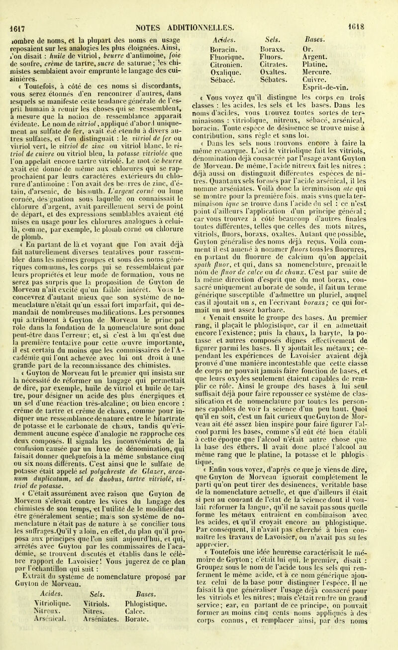 Andes. lombre de noms, et la plupart des noms en usage reposaient sur les analogies les plus éloignées. Ainsi, l'on disait : huile de vitriol, beurre d'antimoine, (oie de soufre, crème de tartre, sucre de salunie ; ?es chi- mistes semblaient avoir emprunté le langage des cui- sinières. « Toutefois, à côté de ces noms si discordants, vous serez étonnés d'en rencontrer d'autres, dans lesquels se manifeste celte tendance générale de l'es- pril humain à reunir les choses qui se ressemblent, à mesure que la notion de ressemblance apparaît évidente. Le nom de vitriol, appliqué ifabor I unique- ment au sulfate de fer, avait éié rtendu à divers au- tres sulfates, et l'on distinguait : le vitriol de fer ou viiriol vert, le vitriol de zinc ou vitriol blunc, le vi- triol de cuivre ou vitriol bleu, la potasse vitriolée que l'on appelait encore tarti c vitriolé. Le mot ùq beurre avait été donné de nicme aux chlorures qui se rap- prochaient par leurs caractères extérieurs du chlo- rure d'antimoine : l'on avait des be .rres de zinc, d'é- tain, d'arsenic, de bis nuth. Uarcjenl corné ou lune cornée, dés gnation sous laquelle on connaissait le chlorure d'argent, avait pareillement servi de point de départ, et des expressions semblables avaient été mises en usage pour les chlorures analogues à celui- là, cimiiue, par exemple, le plomb corné ou chlorure de plomb. 1 En partant de là et voyant que l'on avait déjà fait naturellement diverses tenlatives pour rassem- bler dans les mêmes groupes et sous des noms géné- riques comnuins, les corps :îui se ressemblaient par leurs propriétés et leur mode déformation, vous ne serez pas surpris que la proposition de Guylon de Morveau n'ait excité qu'un faible intérêt. Vo;iS le concevrez d'autant mieux que son système de no- menclature n'était qu'un essai fort impai fait, qui de- mandait de nombreuses modifications. Les personnes qui aitribuent à Guyton de Morveau le princ pal rôle dans la fondation de la nomenclalure sont donc peut-être dans l'erreur; et, si c'est à lut qu'est due la première tentalive pour cette (ruvre importante, il est cerlaia du moins que les commissaires de l'A- cadémie qui l'ont achevée avec lui ont droit à une grarrde part de la reconnaissance des chimistes. i Guyton de Morveau fut le premier qui insista sur la nécessité de réformer un langage qui permettait de dire, par exemple, huile de vitriol et huile de tar- tre, pour désigner un acide des plus énergiques et un sel d'une réaction très-alcaline; ou bien encore : crème de tartre et crème de chaux, comme pour in- diquer une ressemblance de nature entre le bitarlrate de potasse ei le carbonate de chaux, tandis qu'évi- demment aucune espèce d'analogie ne rapproche ces deux composés. 11 signala les inconvénients de la confusion causée par un luxe de dénomination, qui faisait donner quelquefois à la même substance cinq ou six noms différents. C'est ainsi que le sulfate de potasse était appelé sel polychreste de Glazer, arca- num duplicatum, sel de duobus, tartre vitriolé, vi- triol de potasse. « C'était assurément avec raison que Guylon de Morveau s'élevait contre les vices du langage des chimistes de son temps, al l'utilité de le modifier dut être généralement sentie; mais son système de no- menclature n'était pas de nature à se concilier tous les suffrages.Qu'il y a loin, en effet, du plan qu'il pro- posa aux principes que l'on suit aujourd'hui, et qui, arrêtés avec Guyton par les commissaires de l'aca- démie, se trouvent discutés et ctabhs dans le célè- hre rapport de Lavoisier! Yous jugerez de ce plan par l'échantillon qui suit : Extrait du système de nomenclature proposé par Guyton de Morveau. Acides. Sels. Bases. Yitriolique. Vitriols. Phlogistique. Nilreux. Nitres. Calce. Arséiiical. Arséniates. Borate. Sels. Bases. Boracin. Boraxs. Or. Fluorique. Fluors. Argent. Citronien. Citrates. Platine. Oxalique. Oxaltes. Mercure. Sébacé. Sébates. Cuivre. Esprit-de-vin. s Vous voyez qu'il distingue les corps en trois classes : les acides, les sels et les bases. Dans les noms d'aciiles, vous trouvez toutes sortes de ler^ minaisons : vilriolique, nitreux, sébacé, aisénical, boracin. Toute espèce de désinence se trouve mise à contribution, sans règle et sans loi. (I Dans les sels nous trouvons encore à faire la même remarque. L'aciJe vilriolique fait les vitriols, dénomination déjà consacrée par l'usage avant Guyton de Morveau. De même, l'acide nitreux fait les nitres : déjà aussi on distinguait difi'érentes espèces de ni- tres. Quantauxsels foriués par l'acide arséiiical, il les nomme arséniates. Voilà donc la terminaison ute qui se montre pour la première fois, mais sans quela ter- minaison ique se trouve dans l'acide du sel : ce n'est point d'ailleurs l'application d'un principe général; car vous trouvez à côté beaucoup d'autres finales toutes différentes, telles que celles des mots nitres, vitriols, fluors, boraxs, oxaltes. Autant que possible, Guyton généralise des noms déjà reçus. Voilà com- ment il est amené à nonmier fluors tousles fluorures, en p;utant du fluorure de calcium qu'on appelait spalli fluor, et qui, dans sa nomenclalure, prenait le nom de fluor de calce (su de chaux. C'est par suite de la même direction d'esprit que du mot borax, con- sacré uniquement auborale de soude, il faitun terme générique susceptible d'admettre un pluriel, auquel cas il ajoutait un s, en l'écrivant boraxs; ce qui for- mait mi mot assez barbare. « Venait ensuite le groupe des bases. Au premier rang, il plaçait le phlogistique, car il en admettail encore l'existence; puis la chaux, la baryte, la po- tasse et autres composés dignes effectivement de figurer parmi les bases. Il y ajoutait les métaux; ce- pendant les expériences de Lavoisier avaient déjà prouvé d'une manière incontestable que cette classe de corps ne pouvait jamais faire fonction de bases, et que leurs oxydes seulement étaient capables de rem- plir ce rôle. Ainsi le groupe des bases à lui seul suffisait déjà pour faire repousser ce système de clas- sification et de nomenclalure par toutes les person- nes capables de voir la science d'un peu haut. Quoi qu'il en soit, c'est un fait curieux que Guyton de Mor- veau ait été assez bien inspire pour faire figurer l'al- cool parmi les bases, comme s'il eût été bien établi à cette époque que l'alcool n'était autre chose que la base des éthers. Il avait donc placé l'alcool au même rang que le platine, la potasse et le phlogis tique. « Enfin vous voyez, d'après ce que je viens de dire, que Guyton de Morveau ignorait complètement le parti qu'on peut tirer des désinences, véritable base de la nomenclature actuelle, et que d'ailleurs il était si peu au courant de l'état de la science dont il vosi- lail réformer la langue, qu'il ne savait passons quelle forme les métaux entraient en cond)inaison avec les acides, eV qu'il croyait encore au phlogistique. Par conséquent, il n'avait pas cherché à bi^n con- naître les travaux de Lavoisier, ou n'avait pas su les appri'cier. î Toutefois une idée heureuse caractérisait le mé- moire de Guyton ; c'était lui qui, le premier, disait : Groupez sous le notn de l'acide tous les sels qui ren- ferment le même acide, et à ce nom générique ajou- tez celui de la base pour distinguer l'espèce. Il ne faisait là que généraliser l'usage déjà consacré pour les vitriols et les nitres; mais c'était rendre un grand service; ear, en parlant de ce principe, on pouvait former au moins cinq cents noms appli(jués à des corps connus, et remplacer ainsi, par des noms