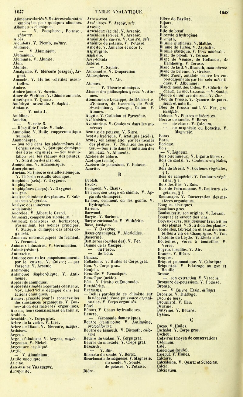 AlimentsciiIoriés.V. Matières colorantes employées pour quelques alimeiils. AllumelU's elriniiques. — V. Phosphore, Polasse , cittoraie. AIoés. Alquiloux. V. Plomb, sulfure. Alumine. — V. Aluminium. Aluminium. Alumiuile. V. Alunite. Alun. Alunite. Amalgame. V. Mercure (usages), Ar- gent. Amande. V. Huiles volatiles essen- tielles. Ambre. Ambre jaune. V. Succin. Amer de Welther. V. Chimie animale. Améthyste. V. Quartz. Améthyste orientale. V. Saphir. Amiante. — V. note 4. Amidine. Amidon. — V. note 5. — Réactif de l'iode. V. Iode. Ammoline. V. Huile empyreuniatique animale. Ammoniiique. — Son rôle dans les phénomènes de l'organisation. V. Statique chimique des êtres organisés. — Son assimi- lation par les racines des plantes. V. Nutrition des plantes. Ammonium. V. Ammoniaque. Anlor|lll^^me. Ampère. Sa théorie crislallo-alomique. V. Théorie cristallo-atomique. Amphides (sels). V. Uxygène. Ainphigcne. Aiiiphigèues (corps). V. Oxygène. Analyse. Analyse chimique des plantes. V. Sub- stances végétales. Analyse des minéraux. Aiidalousile. AndroïJe. V. Albert le Grand. Animaux, composition atomique. Animaux carnivores et herbivores, s'assimilent les mômes principes. V. Statique chimique des êtres or- ganisés. Animaux microscopiques du ferment. V. Ferment. Animaux infusoires. V. Germination. .\nimé (résine). Anthracite. Antidote contre les empoisonnements par le cuivre. V. Cuivre; —par l'arsenic. V. Arsenic. Antimoine. Antimoine diapliorélique. V. Anti- moine. Appareils chimiques. Appareils simples à courants constants. Voy. Electricité dégagée dans les actions chimiques. Appert, procédé pour la conservation des substances organiques. V. Con- servation des matières organiques. Arabes, leurs connaissances en chimie. Arabine. Arachide. V. Corps gras. Arbre de la vache. V. Cire. Arbre de Diane. V. Mercure, usages. Ardoises. Argent. Argent fulminant. V. Argent, oxyde. Argentan. V. Nickel. Argenture et plaqué. Ariîile. — V. AlumiDiuim. Arf;ile smectique. Aricine. Arnauld de Villeneuve. Arnigoniie. Arrov\'-root. Arséniates. V. Arenic, sels. Arsenic. Arsénieux (acide). V. Arsenic. Arsénique (acide). V. Arsenic. Arséiiite de cuivre. V. Cuivre, sels. Arsénite de potasse. V. Potasse. Asbeste. V. Amiante et note i. Asptragine. Asphalte. Assa-fœlida Astérie. — V. Saphir. Aimomètre. V. Evaporation. Atmosphère. — V. Air. Atomes. — V. Théorie atomique. Atomes des philosophes grecs. V. Ato- mes. Atoniisrae de Leucippe, de Démoerite, d'Iîpicure, de Gassendi, de Wolt', Swedenborg, Lesuge, Dalton. V. Atomes. Augiie. V. Corindon et Pyroxène. A vélanèdes. Avenlurine. V. Couleurs dans les mi- néraux. Azotate de potasse. V. Nilre. Azotate hydrique. V. Azotique (acidf'). Azote, son assimilallon par les racines des plantes. V. Nutrition des plan- tes.— Son r'iledans la nutrition des animaux. Y. Aliments. Azotide de chlore. Azotique (acide). Azolure de poiassium, V. Potasse. Azurite. B Bablah. Bacon. Badigeon. V. Chaux. Balance, son usage en chimie. Y. Ap- pareils chimiques. Ballons, comment on les gonfle. Y. Hydrogène. Banum. Barwood. Baryte. V.Barium. Baryte carbonalée. V. Wilhérite. Base, basique. — V. Oxygène. Bases organiques. Y. Alcaloïdes. Bassorine. Battitures (oxydes des). Y. Fer. Baume de la Mecque. — du Pérou. — de Tolu. Bêcher. Belladone. V. Huiles et Corps gras. Ben. Y. Corps gras. Benjoin. Benzoïle. Y. Benzoïque. Bciizoïque (acide). Béiil. V. Picniie etEmeraude. Berthiérite. Berzelius. — Belli's paroles de ce cliimiste sur la nécessité d'une puissance organi- satrice. Y. Corps organisés. Bétel. Béions. Y. Chaux hyirauliques. Beurre. — (économie domestique). Beurre d'antimoine. Y. Antimoine, prolûclilonire. Beurre de bismuth. Y. Bismuth, clito- rure. Beurre de Galam. Y. Corps gras. Beurre de muscade. Y. Corps gras. Bézoards. — Y. Bile. Biboraie de soude. Y. Borax. Bicarbouaie de magnésie. V. Magnésie. — de soude. Y. Soude. — de potasse. Y. Potasse. Bière. Bière de Bavière. Bijoux. Bile. Bile de bœuf. Bioxyde d hydrogène. BLiinuth. Bitume glutinoux. V. Malthe. Biiume de Judée. V. Asphalte, Bitume élastique. Y. Poix minérale. Blanc de plomb. V. Céruse. Blanc de Yenise, de Hollande, do Hambourg. Y. Céruse. Blanc de fard. Y. Bismuth, sous-nUrule. Blanc de baleine. V. Graisse. Blanc d'œuf, antidote contre les em- poisonnements par les sels mélalli ques. Y. Albumine. Blanchiment des toiles. V. Chlorite de chaux, au mot Calcium. — Y. Soude. Blende on Sulfure de zinc. Y. Zinc. Bleu de Prusse. Y. Cyanure de potas- sium et note 6. Bleu de Prusse natif. Y. Fer, pro tosulfate. Boli.ies. Y. Pierres météorites. Borate de soude. Y. Borax. — de chaux. Y. Calcium. — de magnésie ou Boracite. V. Magnisie. Borax. Bore. Borique. Bois. — Y. Ligneux. Bois bitumineux. Y. Lignite fibreux. Bois de santal. V. Couleurs végétales, §1. Bois de Brésil. Y. Couleurs végétales, § 1- Bois de campêche. Y. Couleurs végé- tales, §1. Bois des îles. Y. Bois. Bois de Fernambouc. Y. Couleurs vé- gétales, § 1. Boucanage. Y. Conservation des ma- tières organiques. Bougies stéariques. Bouillons gras. Boulangerie, son origine. V. Levain. Bouquet et saveur des vins. BoussiNGAULT, ses idées sur la imtrition des plantes. V. Nutrition des plantes. Bouteilles, fabrication et essai des bou- teilles à vin de Champagne. V. Yin. Bouteille de Leyde. Y. Electricité. Bouteilles, verre à bouteilles. V. Yerre. Boyaux iusufHés. V. Air. Brance. Y. Bière. Briques. Briquet pneumatique. Y. Calorique. Briquettes. Y. Eclairage au gaz et Houille. Brome. — son extraction. Y. Varechs. Bromure de-potassium. V. Potasse. Bronze. — Y. Cuivre, Etain, alliages. BroDzite. Y. Diallage. Brou de noix. Brouillard. Y. Eau. Brucine. Bulyrine. Y. Beurre. Byssus. c Cacao. Y. Huiles. Cachalot. Y. Corps gras. Cachou. Cadavres (moyen de conservation) Cadmium. Café. Caincique (acide). Cajeput. \, Huiles, Calcaire. Calcédoine. V. Quartz etSardoine, Calcin. Calcination.