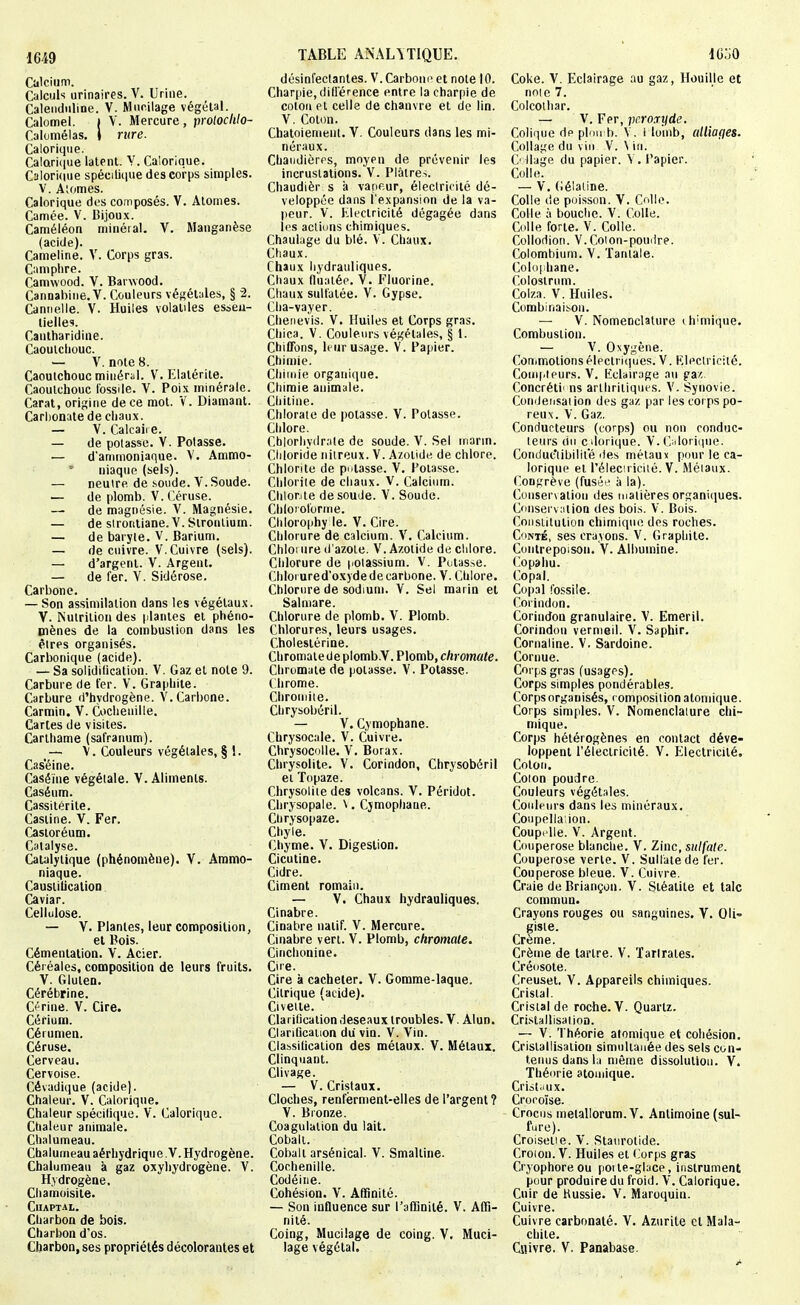 Calcium. Calculs urinaires. V. Urine. Caleiidiiline. V. Murilage végétal. Calomel. j V. Mercure, ■prolochlo- Caloméias. \ rure. Calorique. Calorique latent. V. Calorique. C3lori(|ue spécilii|ue des corps simples. V. Alomes. Calorique dos composés. V. Alomes. Camée. V. Bijoux. Caméléon minéral. V. Manganèse (acide). Cameline. V. Corps gras. Camphre. Camwood. V. Barwood, Cannabine. V. Couleurs végétales, § 2. Cannelle. V. Huiles volatiles esseu- liellei. Cantharidine. Caouiciiouc. — V. note 8. Caoutchouc minéral. V. Elatérite. Caoutchouc fossile. V. Poix minérale. Carat, origine de ce mot. V. Diamant. Carl)onate de chaux. — V. Calcaire. — de potasse. V. Potasse. — d'ammoniaque. V. Ammo- niaque (sels). — neuire de ^o^lde. V. Soude. — de plomb. V. Céruse. — de magnésie. V. Magnésie. — de slroiitiane.V. Strontium. — de baryte. V. Barium. — de cuivre. V. Cuivre (sels). — d'argent. V. Argent. — de fer. V. Sidérose. Carbone. — Son assimilation dans les végétaux. V. Nutrition des plantes et phéno- mènes de la combustion dans les êtres organisés. Carbonique (acide). — Sa solidification. V. Gaz et note 9. Carbure de fer. V. Graphite. Carbure d'hydrogène. V. Carbone. Carmin. V. Cochenille. Caries de visites. Carthame (safranum). _ — \. Couleurs végétales, § !. Cas'éine. Caséine végétale. V. Aliments. Caséum. Cassilérite. Castine. V. Fer. Casioréum. Catalyse. Calalytique (phénomène). V. Ammo- niaque. Caustiticalion Caviar. Cellulose. — V. Plantes, leur composition, el Bois. Cémentation. V. Acier. Céi éales, composition de leurs fruits. V. Gluten. Cérébrine. C^rine. V. Cire. Céfium. Cérumen. Céruse. Cerveau. Cervoise. Cévadique (acide). Chaleur. V. Calorique. Chaleur spécilique. V. Calorique. Chaleur animale. Chalumeau. Chalumeauaérhydrique V.Hydrogène. Chalumeau à gaz oxyhydrogène. V. Hydrogène. Chamoisite. ClIAPTAL. Charbon de bois. Charbon d'os. Charbon, ses propriétés décolorantes et désinfectantes. V.Carbonn et note 10. Charpie, différence entre la charpie de coton et celle de chanvre et de lin. V. Coton. Chatoiement. V. Couleurs dans les mi- néraux. Chaudières, moyen de prévenir les incrustations. V. Plâtres. Chaudièr s à vapeur, électricité dé- veloppée dans l'expansion de la va- peur. V. Electricité dégagée dans les actions chimiques. Chaulage du blé. V. Chaux. Chaux. (Thaux hydrauliques. Chaux flualép. V. Fluorine. Chaux sulfatée. V. Gypse. Cha-vayer. Chenevis. V. Huiles el Corps gras. Chica. V. Couleurs végétales, § 1. Chififons, leur usage. V. Papier. Chimie. Chimie organique. Chimie animale. Chitine. Chlorate de potasse. V. Potasse. Chlore. Cblorliyilr;ite de soude. V. Sel inarm. Cliloride nitreux. V. Azotide de chlore. Chlorite de pnlasse. V. Potasse. Clilorite de chaux. V. Calcium. Chlonte de soude. V. Soude. Chloroforme. Chlorophy le. V. Cire. Chlorure de calcium. V. Calcium. Chloi lire d'azoLe. V. Azotide de clilore. Chlorure de potassium. V. Putasse. Chloi ured'oxyde de carbone. 'V. Chlore. Chlorure de sodium. V. Sel marin et Salniare. Chlorure de plomb. V. Plomb. Chlorures, leurs usages. Cholesiérine. Chromale d e plomb.V. Plomb, chromate. Chromaie de potasse. V. Potasse. (brome. Chroniiie. Chrysobéril. — V. Cymophane. Chrysocale. V. Cuivre. Chrysocolle. V. Borax. Chrysolite. V. Corindon, Chrysobéril et Topaze. Chrysolite des volcans. 'V. Péridot. Chrysopale. \. Cjmophane. Clirysopaze. Chyle. Chyme. V. Digestion. Cicutine. Cidre. Ciment romain. — V. Chaux hydrauliques. Cinabre. Cinabre natif. V. Mercure. Cinabre vert. V. Plomb, chromate. Cinchonine. Cire. Cire à cacheter. V. Gomme-laque. Citrique (acide). Civeite. Clarification deseaux troubles. V. Alun. Clarificaiion du vin. V. Vin. Classilication des métaux. V. Métaux. Clinquant. Clivage. — V. Cristaux. Cloches, renfërment-elles de l'argent? V. Bronze. Coagulation du lait. Cobalt. Cobalt arsénical. V. Smaltine. Cochenille. Codéine. Cohésion. V. Affinité. — Son influence sur l'affinité. V. Affi- nité. Coing, Mucilage de coing. V. Muci- lage végétal. Coke. V. Eclairage au gaz, Houille et noie 7. Colcoiliar. — V. Fer, pc.roiriide. Colique dp plmi b. V. i loinb, ulliafies. Collage du vin V. \ in. C'liage du papier. V. Papier. Colle. — V. Gélatine. Colle de poisson. V. Colle. Colle à bouche. V. Colle. Colle forte. V. Colle. Collodion. V.Coion-pouilre. Colombiiim. V. Tantale. Colof hane. Colostrum. Colza. V. Huiles. Combinaison. — V. Nomenclature ihimique. Combustion. — V. 0^ygène. Conimotionsélectriques. V. Kleclriciié. Compteurs. V. liclairage au fa/. Concréti' ns arthritiques. V. Synovie. Coniieiisai ion des gaz par les corps po- reux. V. Gaz. Conducteurs (corps) ou non conduc- teurs du c dorique. V. C alorique. Condui'libilil'e lies métaux pour le ca- lorique et Pélecuiciié. V. Métaux. CoDgrève (fuséi' à la). Conservation des matières organiques. C'inservMlion des bois. V. Bois. Constitution chimique des roches. C'iNTÉ, ses crayons. V. Graphite. Contrepoison. V. Albumine. (^opahu. Copal. Copal fossile. Corindon. Corindon granulaire. V. Emeril. Corindon vermeil. V. Saphir. Cornaline. V. Sardoine. Cornue. Corps gras (usages). Corps simples pondérables. Corps organisés, ( omposition atomique. Corps simples. V. Nomenclature chi- mique. Corps hétérogènes en contact déve- loppent l'électricité. V. Electricité, Coton. Colon poudre. Couleurs végétales. Couleurs dans les minéraux. Coiipella.ion. Coupelle. V. Argent. Couperose blanche. V. Zinc, sulfate. Couperose verte. V. Sulfate de fer. Couperose bleue. V. Cuivre. Craie de Briançon. V. Sléatite et talc commun. Crayons rouges ou sanguines. V. OU- giste. Crème. Crème de tartre. V. ïarlrates. Créosote. Creuset. V. Appareils chimiques. Cristal. Cristal de roche.'V. Quartz. CristallisaiioD. — V. Théorie atomique et cohésion. Cristallisation simuliaiiée des sels con- tenus dans la même dissolution. V. Théorie atomique. Crisioux. Croeoïse. Crocus inelallorum. V. Antimoine (sul- fure). Croiselie. V. Staiirotide. Croion. V. Huiles et (^orps gras Cryophoreou poite-gbce, instrument pour produire du froid. V. Calorique. Cuir de Hussie. V. Maroquin. Cuivre. Cuivre carbonaté. V. Azurite el Mala- chite. Cuivre. V. Panabase.