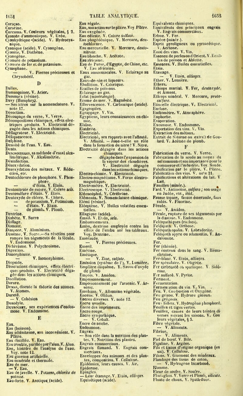 1051 y^;.'- Curaçao. Curarine. Cnrcuma. V. C.onleurs végétales, § 2. Cyanate d'ammoniaque. V. Urée. Cyanhydrique'(acide). V. Hydrocya- niqiie. Cyanique (acide). V. Cyanogène. Cyaniie. V. Dislhène. Cyanogène. Cyanure de potassium. Cyanure de fer et de potassium. Cymophane. — V. Pierres précieuses et Ciirysobéril. D Dalles. Damasquiner. V. Acier. Dammara (résine). Davy (Humphry.). — Ses idées sur la nomenclature. V. noie 17. Décoction. Découpage du verre. V. Verre. Décompositions chimiques, effets élec- triques produits. V. Electricité dé- gagée dans les actions chimiques. Déflagrateur. V. Eleclriciié. Déliquescence. Del|ihine. Densité de l'eau. V. Eau, Dents. Descroizilles, sa méthode d'essai alca- limélrique. V. Alcalimétrie. Désinfection. Désoxydation. Desoxydation des métaux. V. Rédu- ction, etc. Deutoclilorure de phosphore. V. Phos- phore. — d'étain. V. Ëtain, Deulonitraie de cuivre. V. Cuivre sels. Deulosulfure d'étain. V. Etain. Deutoxyde de chlore. V. Chlore. — de potassium. V. Potassium, d'étain. V. Etain. — de plomb. V. Plomb. Dexirine. Diabète. V. Sucre Diallage. Diamant. Diasfiore. V. Aluminium. Diastase. V. Sucre.—Sa réaction pour rompre les téguments de la fécule. V. Endosmose. Dichroisme. V. Polychroisme. Digeslion. Dimorphisme. — V. Isomorphisme. Diopside. Dissolutions chimiques, effets électri- ques produits. V. Electriciié déga- gée dans les actions cliiiniques, Disullation. Dorure. Dumas, discute la théorie des atômes. V. Atomes. Dureté. — V. Cohésion Dusodyle. , DuTRocHET, ses expériences d'endos- mose. V. Endosmose. E Eau. Eau (boisson). £au séléniteuse, son inconvénient. Y. Plâtre. Eau distillée. V. Eau. Eau trouble, purifiée par l'alun.V. Alun. Eau, histoire de l'analyse de l'eau. Voy. note 12., Eau gazeuse artificielle. £au minérale et thermale, flau de mer. — V. Eau. Eau de javelle. V. Potasse, c/i/onVe de potasse. Eâu-torte. V. Azotique, (acide). TABLE ANALYTIQUE. Eau régale. Eau, son action sur le plâtre.Yoy, Plâtre. Eau oxygénée. Eau céieste. Y. Cuivre sulfaté. Eau phagédénique. Y. Mercure, deii- toclilorurc. Eau mercurielle. Y. Mercure, deulo- nitrale. Eau blanche. Y. Acétate. Eauatrieainc. Eau de Perse, d'Egypte, de Chine, etc. Y. Eaii africaine. Eaux ammoniacales. Y. Eclairage au gaz. Eaux-de-vie et liqueurs. Ehullition. Y. Calorique. Ecailles de poissons. Eclairage au gaz. Eclat (minéralogie). Ecume demer. V.Magnésile. Elfervescence. Y. Carbonique (acide). Egagropiles. Egrappage. Y. Yin. Egyptiens, leurs connaissances en chi- mie. Elaïne. Elatériie. Electricité. Electricité, ses rapportsavecl'allinité. Y. Atïinité. — Joue-l-elle un rôle dans la form:)lion du nitre? Y. Nitre. Electricité dégagée dans les actions chimiques. — dégagéedansl'expansionde la vapeur des chaudières. Y. Electricité dégagée dans les aclionschimiques. Electro-chimie. Y. Electricité. Electro-magnétisme. Y. Force électro- magnétique. Electromètre. Y. Electricité. Electroscope. V. Electricité. Eléencéphol. Y. Cérébrine. Eléments. V. Nomenclature chimique. Elémi (résine). Eléoptène. Y. Huiles volatiles essen- tielles. Ellagique facide). Email. Y. Etnin, sels. Embaumements. Embu, dextrine employée contre les elfets de l'embu sur les tableaux. Yoy. Dextrine. Emeraude. — V. Pierres précieuses. Emeril. Emétine. Emétique. — Y. Zinc, sulfate. Emission (système de 1'). Y. Lumière. Emplâtre diapalme. Y. Savon d'oxyde de plomb Empois. Y. Amidon. Empoisonnement. Empoisonnement par l'arsenic. Y. Ar- senic. Emulsion. Y. Albumine végétale- Encens. Y. Oliban. Encres diverses. Y. note 12. Encre usuelle. Encre des imprimeurs. Encre rouge. Encre sympathique. — Y. Cobalt. Encre de seiche. Endosmose. Engrais. — Son rôle dans la nutrition des plan- tes. Y. Nutrition des plantes. Engrais commerciaux. Engrais flamand. Y. Engrais com- merciaux. Enveloppes des animaux, et des plan- tes, composition. Y. Cellulose. Epidémies, leurs causes. V. Air. Epidémie. Epingles. — Leur étamage.Y. Elain, allinges. Equisélique (acide). Equivalents chimiques. Equivalents des principaux engrais Y. Engrais commerciaux. Erbue. V. Fer. Espèce (minér.). Esprit pyroligneux ou pyroacéti(iuG. V. Acétone. Essai des vins. Y. Yin. Essence de perlesoud'Orient.Y.Ecail- les de poisson et Ablette. Essences. Y. Huiles essentielles, Etain. Etainage. — Y. Elain, alliages. Ether. Y. Lumière. Ethers. Ethiops martial. V. Fer, deutoxyde, et Aimant. Ethiops minéral. Y. Mercure, proto- sulfure. Etincelle électrique. Y. Electricité. Euclasc. Eudiomètre. Y. Atmosphère. Euphorbe. Evaporation. Exosmose. Y. Endosmose. Exportation des vins. V. Yin. Extraction des métaux. Extrait de Siiturne ou exlrailde Gou- lard. Y. Acétate de plomb. F Fabrication du verre. Y. Yerre. Fabrication de la soude au r!ioye:i du sel commun et son importance pour le comnierceet l'industrie. Yoy. Soude. Falsification par le plâtre. V. l'iâlre. Falsilicatioa des vins. V. no^e21. Falsifications et altérations du lait. Y Lait. Familles (minér.). ^ Fard.Y. Antimoine, sulfure; son usage en Judée, etc., ibid. Fausse topaze, fausse émeraude, faux r.ubis. V. Fluorine. Fécule. — Y. Amidon. Fécule, rupture de ses téguments par la diastase. Y. Endosmose. Feldepaihiqiies (ro.hes). Feldspath. V. Orthose. Felds[iath opalin, Y. Labradorite. Feldspath apyre ou adamantin. V. An- dalousite. Fer. Fer (chimie). Fer contenu dans le sang. Y. lléma- chroïne. Fer-blanc. Y. Etain, alliages. Fer spéciilaire. Y. l)ligisle. Fer carboualé ou spailiique. Y. Sidé- rose. Frr sulfuré. Y. Pyrite. Ferment. Fennentaiion. Fermeniation du vin. Y. Yin. Feu. Y. Coiiibustion et Oxygène. Feu grizon. Y. Hydrure gazeux. Feu grégeois. Feux follets, Y.Hydrogène phosphoré. Feuilles et tiges vertes. Feuilles, causes de leurs teintes di- verses suivant les saisons. Y. Cou leurs végétales, § 3. Fibre végétale. — Y. Aliments. Fibrine. — Y. Aliments. Fiel de bœuf. Y. Bile. Figuline. Y. .Argiles. Fils et tissus d'origine organique (es sai). V. Cellulose. Filons. Y. Gisement des minéraux. Flambage des tissus de coton. — Y. Hydrogène bicarboné. Filamme. Fleur de soufre. Y. Soufre. Flinl-glass. Y. Yerre et Plomb, silicate. Fluate de chaux. Y. Spath-fluor.