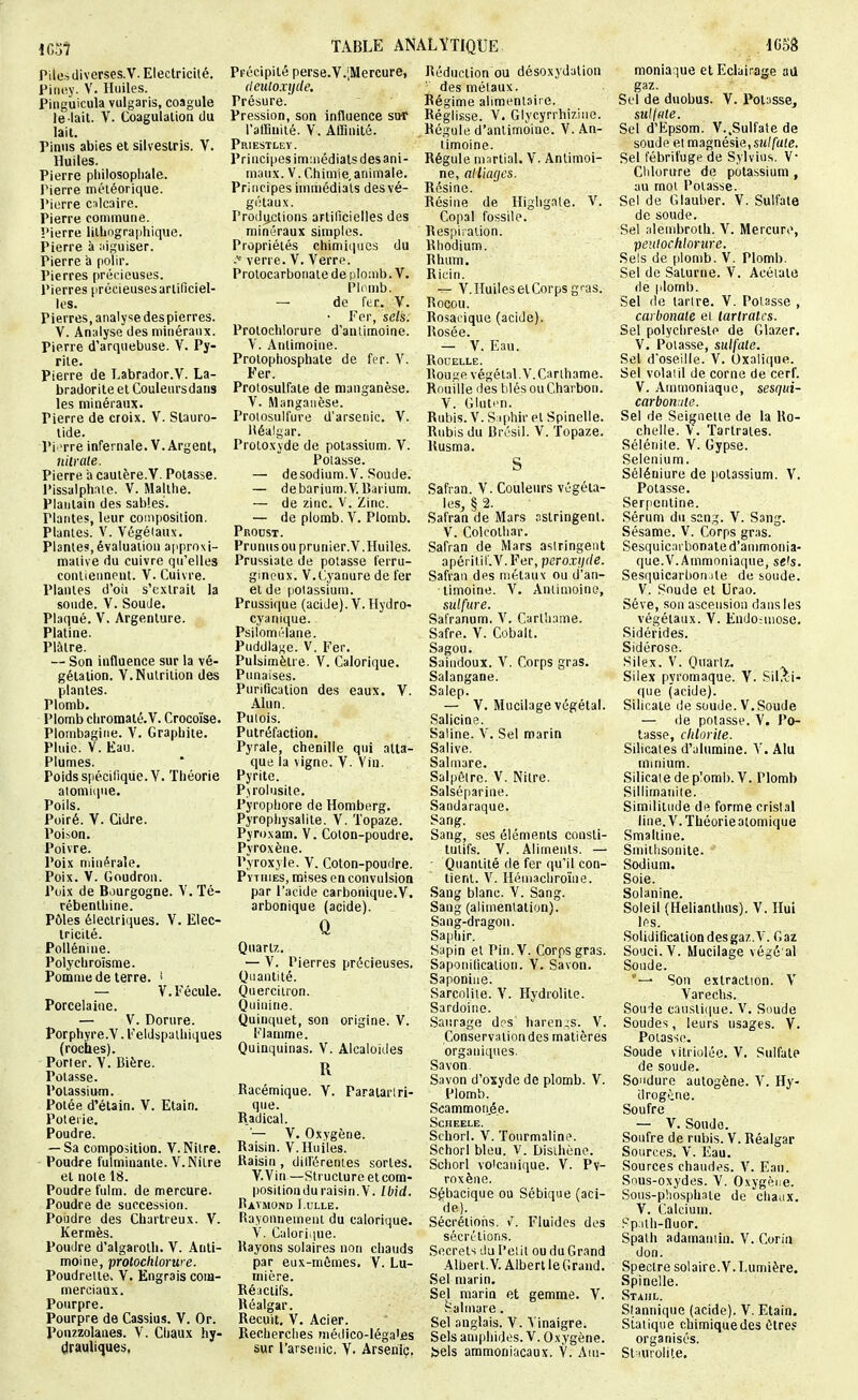 iG5? Piles diverses.V. Electricité. Pifiey. V. Huiles. Piiiguicula vulgaris, coagule le lait. V. Coagulation du lait. Pinus abies et silveslris. V. Huiles. Pierre pliilosopliale. Pierre méléorique. IMiirre c;ilc3ire. Pierre commune. Pierre lilLographique. Pierre à niguiser. Pierre a polir. Pierres précieuses. Pierres précieusesariificlel- les. Pierres, analyse des pierres. V. Analyse des minéraux. Pierre d'arquebuse. V. Py- rite. Pierre de Labrador.V. La- bradorite et Couleurs dans les minéraux. Pierre de croix. V. Stauro- tide. Pi'rre infernale. V. Argent, nilrate. Pierre a caulère.V. Potasse. Pissalphiile. V. Maltlie. Plantain des sables. Plantes, leur composilion. Plantes. V. Végétaux. Plantes, évaluation approxi- mative du cuivre qu'elles contiennent. V. Cuivre. Plantes d'oii s'extrait la soude. V. Soude. Plaqué. V. Argenture. Platine. Plâtre. — Son influence sur la vé- gétation. Y.Nutrition des plantes. Plomb. Plomb cliromaté.V. Crocoïse. Plombagine. V. Graphite. Pluie. V. Eau. Plumes. Poids spécifique. V. Théorie atonii(pie. Poils. Poiré. V. Cidre. Poison. Poivre. Poix minérale. Poix. V. Goudron. Poix de Bourgogne. V. Té- rébenthine. Pôles électriques. V. Elec- tricité. Pollénine. Polychroisme. Pomme de terre. ' — V. Fécule. Porcelaine. — V. Dorure. Porphyre.V. l'eldspalhiques (roches). Porter. V. Bière. Poia.sse. Potassium. Potée d'étain. V. Etain. Poterie. Poudre. — Sa composition. V.Niire. Poudre fulminante. V.Nitre et note 18. Poudre fulm. de mercure. Poudre de succession. Poudre des Chartreux. V. Kermès. Poudre d'algarolli. V. Anti- moine, proloMoruie. Poudretle. V. Engrais com- merciaux. Pourpre. Pourpre de Cassius. V. Or. Pouzzolanes. V. Chaux hy- drauliques, TABLE ANALYTIQUE Précipité perse.V.;Mercure, (leuloxyde. Présure. Pression, son influence sur l'airmité. V. Affinité. Priestlev. Princii)es immédiats des ani- maux. V. Chimie, animale. Principes immédiats des vé- gétaux. ProiJjiclions artificielles des minéraux simples. Propriétés chimiipies du verre. V. Verre. Prolocarbonale de plomb. V. PIlMUb. — de fer, V. Fer, sels. Protochlorure d'antimoine. V. Antimoine. Protophosphale de fer. V. Fer. Protosulfaie de manganèse. V. Manganèse. Proiosulfure d'arsenic. V. Héalgar. Proloxyde de potassium. V. Potasse. — desodium.V. Soude. — debarium.V.lîarium. — de zinc. V. Zinc. — de plomb. V. Plomb. Proust. Prunus ou prunier.V.Huiles. Prussiaie de potasse ferru- gineux. V. Cyanure de fer et de potassium. Prussifjue (acide). V. Hydro- cya nique. Psilomi'lane. Puddlage. V. Fer. Pulsimèlre. V. Calorique. Punaises. Purification des eaux. Y. Alun. Pulois. Putréfaction, Pyrale, chenille qui atta- que la vigne. Y. Vin. Pyrite. Pjrolusite. Pyrophore de Homberg. Pyrophysalile. V. Topaze. Pyroxam. V. Coton-poudre. Pyroxène. Pyroxyle. V. Colon-poudre. PvTuiES, mises en convulsion par l'acide carbonique.V. arbonique (acide). Q Quartz. — V. Pierres précieuses. Quantité. Querciiron. Quinine. Quinquet, son origine. Y. Flamme. Quinquinas. V. Alcaloïdes R Racémique. Y. Paraiarlri- que. Radical. '— Y. Oxygène. Raisin. Y. Huiles. Raisin, dilférenies sortes. V.Vin—Structure etcom- positionduraisin.V. Ibid. RaVMOND l ULLE. Rayonnement du calorique. V. Calorique. Rayons solaires non chauds par eux-mêmes. Y. Lu- mière. Réactifs. Réalgar. Recuit. Y. Acier. Recherches métlico-léga'ss sur l'arsenic. V. Arsenic. Réduction ou désoxydalion des métaux. Régime alimentaire. Réglisse. V. Glycyrrhiziiie. Régule d'antimoine. V. An- limoine. Régule m.irtial. V. Antimoi- ne, alliages. Résine, ésine Copal fossile. Respiiaiion. Rhodium. Rhum. Ricin. — Y. Huiles et Corps gcas. Rocou. Rosai'ique (acide). Rosée. — Y. Eau. Rouelle. Rouge végétal.V.Carihame. Rouille des blés ou Charbon. Y. Gluten. Rubis. V. S iphir et Spinelle. Rubis du Brésil. Y. Topaze. Rusma. S Safran. V. Couleurs végéta- les, § 2. Safran de Mars .istringent. V. Colcothar. Safran de Mars astringent apéritif.Y. Fer, peroxijde. Safran des métaux ou d'an- limoine. Y. Antimoine, sulfure. Safranum. Y. Carlhame. Safre. Y. Cobalt. Sagou. Saindoux. Y. Corps gras. Salangane. Salep. — Y. Mucilage végétal. Salicine. Saline. V. Sel marin Salive. Salinare. Salpêtre. Y. Nitre. Salséparine. Sandaraque. Sang. Sang, ses éléments consti- tutifs. Y. Aliments. — - Quantité de fer qu'il con- tient. V. Héin.ichroïne. Sang blanc. V. Sang. Sang (alimentation). Sang-dragon. Saphir. Sapin et Pin. Y. Corps gras. Saponification. Y. Savon. Saponiiie. Sarcoliie. Y. Hydrolite. Sardoine. Sanrage des haren;s. Y. Conservaiiondes matières organiques. Savon. Savon d'oxyde de plomb. Y. Plomb. Scammoti.ée. SCHEELE. Schorl. V. Tourmaline. Schorl bleu. V. Dislhène. Schorl volcanique. Y. Py- roxène. S^bacique ou Sébique (aci- de). Sécrétions. /. Fluides des sécrétions. Secrets du l'élit ou du Grand .Albert.Y. Albert le Grand. Sel marin. Sel marin et gemme. Y. Halmare. Sel anglais. Y. A inaigre. Sels amphides. Y. Oxygène, bels ammoniacaux. Y. Am- 1G58 moniaque et Eclairage aa gaz. Sel de duobus. Y. Potiisse^ sullttle. Sel d'Epsom. Y..Sulfate de soude et magnésie, sM//(/(e. Sel fébrifuge de Sylvius, V' Clilorure de potassium, au mol Potasse. Sel de Glauber. Y. Sulfate de soude. Sel .ilembrolh. Y. Mercuri, peulochlorure. Sels de plomb. Y. Plomb. Sel de Saturne. Y. Acétate rie plomb. Sel de tartre. Y. Potasse , carbonate et larlralcs. Sel polychresto de Glazer. Y. Potasse, sulfate. Sel d'oseille. Y. Oxali(iue. Sel volai il de corne de cerf. Y. Ammoniaque, sesqui- carbonute. Sel de Seignetie de la Ro- chelle. \. Tartraies. Sélénite. Y. Gypse. Sélénium. Séléuiure de potassium. Y. Potasse. Ser[)cnline. Sérum du sang. Y. Sang. Sésame. Y. Corps gras. Sesquicarbonale d'ammonia- que.V.A[nmaniaque, se's. Sesquicarbon ile de soude. V. Soude et Urao. Séve, son ascension dans les végétaux. Y. Endo:mose. Sidérides. Sidérose. Silex. V. Quartz. Silex pyromaque. Y. Sil^i- que (acide). Silicate de soude. V. Soude — (le potasse. V. Po- tasse, cidorite. Silicates d'alumine. Y. Alu minium. Silicate de plomb. Y. Plomb Sillimaniie. Similitude de forme cristal line. Y. Théorie atomique Smaliine. Smitlisonile. Sodium. Soie. Solanine. Soleil (Helianthus). Y. Hui les. Solidification des gaz.V. Gaz Souci. Y. Mucilage végé al Soude. Son extraction. V Varechs. Soude causii(|ue. Soude Soudes, leurs usages. Y. Potasse. Soude vitriolée. Y. Sulfate de soude. So'idure autogène. Y. Hy- drogène. Soufre — Y. Soudo. Soufre de rubis. V. Réalgar Sources. Y. Eau. Sources chaudes. Y. Eau. Sous-oxydes. Y. Oxygène. Sous-phosphaie de chaux. Y. Calcium. S'pMth-fluor. Spath adamantin. V. Corin don. Spectre solaire.V. Lumière. Spinelle. Staul. Slannique (acide). Y. Etain. Statique chimiquedes êtres organisés. Sliurolite.