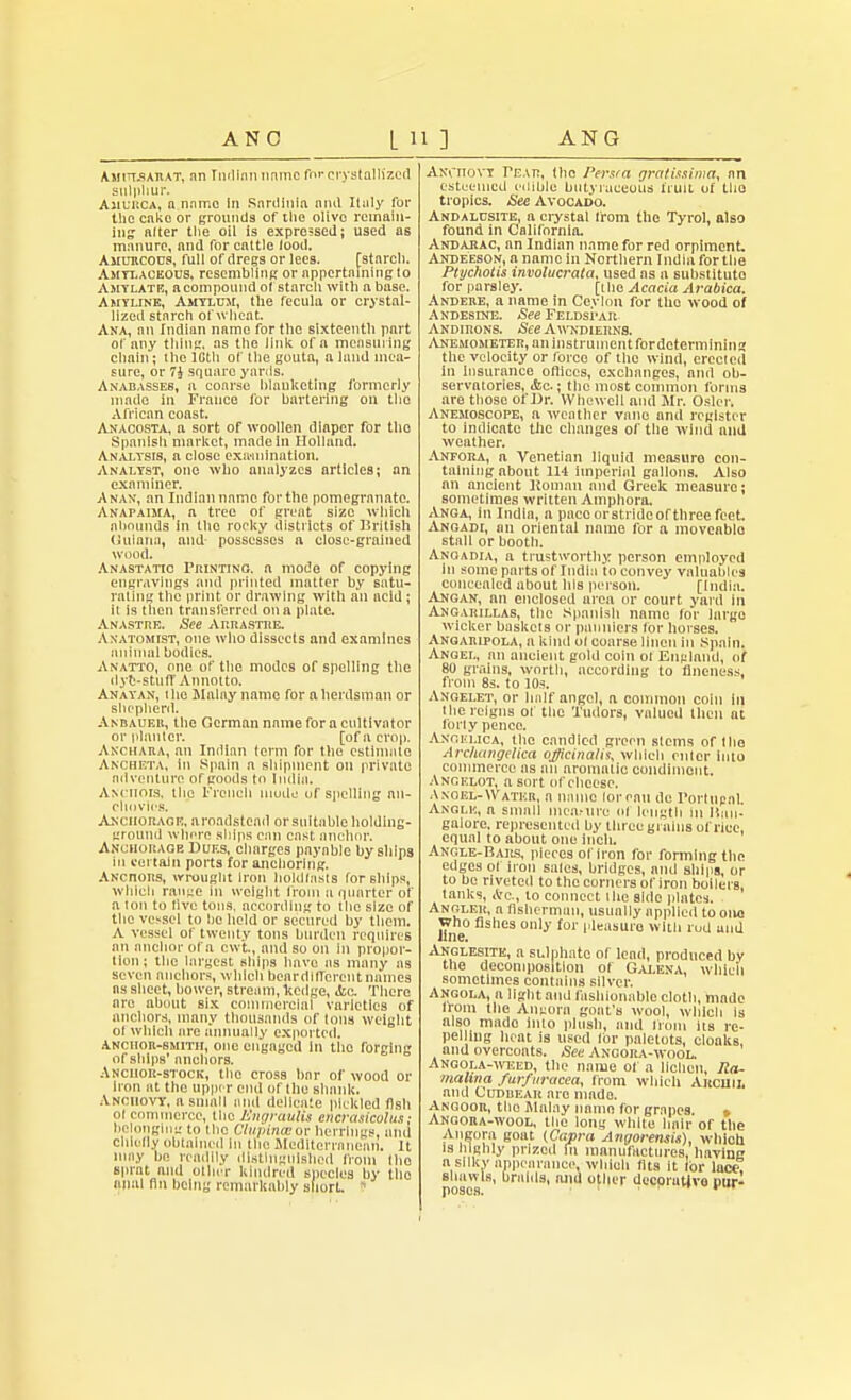 ANC AN G Amiilsarat, nn Indian name for crystallized sulphur. Aulkca, n norr.o In Sardinia, and Italy for tlie cako or grounds of the olive remain- ing alter the oil is expressed; used as manure, and for cattle lood. Amukcous, full of dregs or lees. [starch. Amylaceous, resembling or appertaining to Amylate, a compound of starch with a base. Amtline, Amylcm, the fecula or crystal- lized starch of wheat. Ana, nn Indian name for the sixteenth part of any thing, as the link of a measuring chain; the 10th of the gouta, a land mea- sure, or 7i square yards. Anabasses, a conrse blanketing formerly made in France for bartering on the African coast. Anacosta, a sort of woollen diaper for the Spanish market, made in Holland. Analysis, a close examination. Analyst, one who analyzes articles; an examiner. A nan, an Indian name for the pomegranate. Anapaima, a tree of great size which abounds in the rocky districts of British Guiana, and possesses a close-grained wood. Anastatic Printing, a mode of copying engravings and printed matter by satu- rating the print or drawing with an acid; it is then transferred on a plate. Anastre. See Arrastre. Anatomist, one who dissects and examines animal bodies. Anatto, one of the modes of spelling the dye-stuff Annotto. Anayan, i lie Malay name for a herdsman or shepherd. Anbauer, the German name for a cultivator or planter. [of a crop. Anchaha, an Indian term for the estimate Ancheta, in Spain a shipment on private :nl venture of goods to India. ANcnora, the French mode of spelling an- chovies. Anchorage, nroadstcad or suitable holding- ground where ships can cast anchor. Anchorage Dues, charges payable by ships in certain ports for anchoring. ANcnoRS, wrought Iron holdfasts for ships, which range in weight from a quarter of a ton to five tons, according to the size of the vessel to he held or secured by them. A vessel of twenty tons burden requires an anchor of a cwt., nnd so on in propor- tion; the largest ships have as many as seven anchors, which benrdiffcrent names as sheet, bower, stream, ltctlge, <fce. There are about six commercial varieties of anchors, many thousands of tons weight of which are annually exported. anchor-smith, one engaged In the forging of ships' anchors. Anchor-stock, the cross bar of wood or Iron at the upper end of the shank. Anchovy, a small and delicate pickled fish ol commerce, the Engraulis encraslcolus; belonging to the Clupince or herrings, and chiefly obtained in the Mediterranean, It may be readily distinguished from the sprat and other kindred species by tlio anal nn being remarkably short, J ANVnovr Tear, (bo Persra gratissima, nn esteemed edible butyraceous fruit of tho tropics. See Avocado. Andalusite, n crystal from the Tyrol, also found in California. Andarac, an Indian name for red orpiment, Andeeson, a name In Northern India for the Ptychotis involucrata, used as a substituto for parsley. [the Acacia Arabica. Andere, a name in Ceylon for the wood of Andeslne. See Feldspar Andirons. See Awndierns. Anemometer, an instrument for determining the velocity or force of the wind, erected in insurance offices, exchanges, and ob- servatories, <fcc.; the most common forms are those of Dr. Whewcll and Mr. Osier. Anemoscope, a weather vane and register to indicate the changes of the wind and weather. Anfora, a Venetian liquid nieasuro con- taining nbout 114 imperial gallons. Also nn ancient Koman nnd Greek measure; sometimes written Amphora. Anga, in India, a pace orstrideof three feet. Angadi, an oriental name for a movcablo stall or booth. Angadia, a trustworthy person employed in some parts of India to convey valuables concealed about his person. [India. Angan, an enclosed area or court yard in Angarillas, the Spanish name lor largo wicker baskets or panniers for horses. Angaripola, a kind ol coarse linen in Spain. Angei., nn ancient gold coin ot England, of 80 grains, worth, according to fineness, from 8s. to 10s. Angelet, or half angel, a common coin in the reigns of the Tudors, valued then at forty pence. Angelica, the candied green stems of tho Archangelica officinalis, which niter into commerce ns an aromatic condiment. Angelot, a sort of cheese. Anoel-Water, a name loreau de 1'ortupal. Angle, a small nica.-nrc tif length m Han- galore, represented by three grains of rice, equal to about one inch. Angle-Bails, pieces of iron for forming the edges of iron sales, bridges, and ships, or to be riveted to the corners of iron boilers, tanks, Ac, to connect ihe side plates. Angleu, n fisherman, usually applied to one who fishes only for pleasure with rud and line. Anglesitk, a sulphate of lead, produced by the decomposition of Galena, which sometimes contains silver. Angola, a light and fashionable cloth, made from the Angora goat's wool, which is also made into plush, and Irom Its re- pelling heat is used for paletots, cloaks, and overconts. See Angora-wool. Angola-weed, the name of a lichen, Ra- mahna fur/nracea, from which Ancuu. nnd Cudbear are made. Angooh, the Malay name for grapes. » Angora-wool, tho long white hair of the Angora goat (Copra Angorensis), which is highly prized in manufactures, having a silky appearance, which fits it tor lace shawls, braids, and other decorative mir-