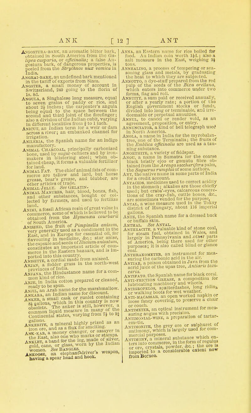 ^ngostura-bark, an aromatic bitter bark, obtained In South America from the Ga- lipea cusparia, or officinalis; a false An- gostura nark, of dangerous properties, is peeled from the Stryc/tnos mix vomica in India. Anqrai-bark, an undefined bark mentioned in the tariff of exports from Siam. Angster, a small money of account in Switzerland, 240 going to the florin of is. 8d. Angula, a Singhalese long measure, equal to seven grains of paddy or rice, and about 2i inches; tho carpenter's angula bein equal to the space between the second and third joint of the forefinger; also a division of tlie Indian cubit, varying in different localities from J to 1 inch. Anicdt, an Indian term lor a weir or dam across a river; an embanked channel for irrigation. Anileria, the Spanish namo for an Indigo manufactory. . . ,, . , Animal Charcoal, principally carbonized bone, used by sugar-refiners and by iron- makers in blistering steel; when ob- tained cheap, it forms a valuable fertilizer for land. . , Animal Fat. The chief animal fats of com - merce are tallow and lard, but horse grease, bear's grease, and blubber, are other articles of trade. Animal Jelly. -See Gelatin- Animal Manures, hair, blood, bones, fish, and other substances, bought or col- lected by farmers, and used to fertihzo Arai,' a fossil African resin of great value in commerce, some of winch is believed to be obtained from the Hymenasa courbanl of South America. . Aniseed, the fruit of Pimpmella amsum, verv generally used as a condiment in the East, and in Europe for essential oil, lor flavouring in medicine, <fcc; star anise, the eansufe and seeds oUllicmm amsatum, constitutes an important article of com- merce in the Eastern bazaars, and is lin- Dorted into this country. . Anisette, a cordial made from aniseed. AST* fodder grass in the north-west Ahjana, Uie0Hindustanee name foracoin- AjSSJta ^cotton prepared or cleaned, Awnlan Arab name for the marshmallow. Ankara, an Indian name for discount. Anker a small cask or runlet containing 8* g ions, which in this country is now obsolete 'Ac anker is still, However common liquid measure.in Jinny or tho Continental states, varying from 7* to 9} aSS, a mineral highly prized as an ironore, and as a flux for smelting. Ank-kaii, a money changer, or assayer In the East, also one who marks or stamps. Anklet a band for the leg, made of silver, S cane'or glass, worn by tho Indian women -See IiANOLES. mSESS* an elophanPdriver/s weapon, having a spear head and hook. Anna, an Eastern name for rice boiled for food. An Indian coin worth I'd.; also a salt measure in the East, weighing 2J tons. Annealing, a process of tempering or sea- soning glass and metals, by graduating tho heat to which they are subjected. Annotto, a dye-stuff prepared from tho red pulp of the seeds of the Bixa oreUanu, which enters into commerce under two forms, flag and roll. Annuity, a sum paid or received annually, or after a yearly rate; a portion of tho English government stocks or fund*, divided into long or terminable, and irre- deemable or perpetual annuities. Annul, to cancel or render void, as an agreement, proposition, or entry. Annunciator, a kind of bell telegraph used in North America. Anola, a name in India for tho myrobalan- tree, one of tho Tenninalia; the fruits of the Emblica officinalis are used as a tan- ning substance. Anokthite, a variety of feldspar. Anou, a namo In Sumatra for the coarse black bristly ejoo or gomutu fibre ob- tained from the Arenga saccharifera palm, the Saguerus rumphii of some authors. Ant, the native name in some parts of India for a credit account. Antacids, medicines used to correct acidify in the stomacli; alkalies are those chiefly used; but crabs'-eyes, calcareous concre- tions of the cray-tish, cuttle bones, &c, are sometimes vended for the purpose, Antal, a wine measure used in the Tokay district of Hungary, about 110 imperial gallons. , . ,, , Ante, the Spanish name for a dressed buck or buffalo skin. Anthal. See Antal. Anthracite, a valuable kind or stone coal, for steam fuel, obtained in Wales, and largely In Pennsylvania and other parts of America, being there used for other purposes; it is also called blind or glance Anthrakometer, an instrument for mea- suring the carbonic acid in the air. Antiae, a poison obtained in Java from the acrid juice of the upas tree, Antiaris toxi- Ant'ifato tho Spanish name for black coral. Anti-friction Grease, a composition lor lubricating machinery and wheels. Antigrofelos, spatterdashes, long rutins, or walking boots for wet weather. Anti-macassak, an open worked napkin or loose fancy covering, to preserve a chair Antimeter, an optical Instrument far men- snrins angles with precision. AntLmoni.vl-wlni:, a preparation of tartar- Antimonite. the grey oro or sulphurct of mithiiom , which isVrgcly used for co.u- tSSm^SS^ substanee which cn- th.to'con.mercc, in tho form ofrogulus or ore crystals, powdor, &c; the oie is hnported to a 'considerable extent now from Borneo.