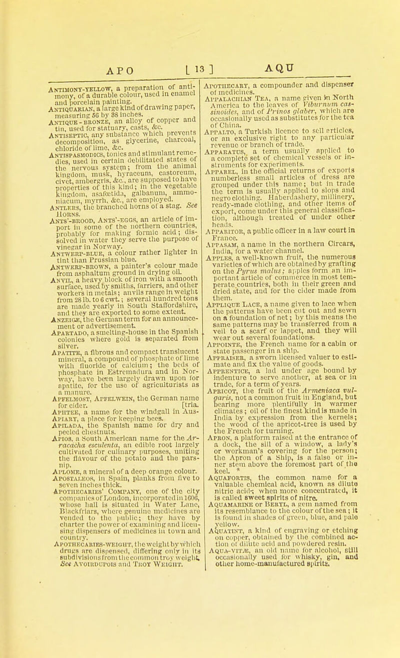 APO L 131 AQU Antimony-yellow, a preparation of anti- mony, of a durable colour, used in enamel and porcelain painting. Antiquarian, a large kind of drawing paper, measuring 50 by 38 inches. Antique -bronze, an alloy of copper and tin. used for statuary, casts, &c. Antiseptic, any substance which prevents decomposition, as glycerine, charcoal, chloride ot'limc, <fcc. Antispasmodics, tonics and stimulant reme- dies used in certain debilitated states of the nervous system; from the animal kingdom, musk, hyraccum, castorcum, civet, ambergris, Ac, are supposed to have properties of this kind; in the vegetable kingdom, asafcetidn, galbanum, ammo- niacum, myrrh, &c, arc employed. Antlers, the branched horns ot a stag, bee Horns. Ants'-brood, Ants'-eggs, an article of im- port in some of the northern countries, probably lor making formic acid; dis- solved in water they serve the purpose of vinegar in Norway. Antwerp-blue, a colour rather lighter in tint than Prussian blue. Antwerp-brown, a painter's colour made from asphaltum ground in drying oiL Anvil, a heavy block of iron with a smooth surface, used by- smiths, farriers, and other workers in metals; anvils rango In weight from 28 lb. to 6 cwt; several hundred tons are made yearly in South Staffordshire, and they are exported to some extent. Anzeige, the German term for an announce- ment or advertisement. Apartado, asmelting-honsein the Spanish colonies where gold is separated from silver. Apatite, a fibrous and compact translucent mineral, a compound of phosphate of lime with fluoride of calcium; the beds of phosphate in Estrcmadura and in Nor- way, have bei;n largely drawn upon lor apatite, for the use of agriculturists as a manure. Apfelmost, ArrELWEiN, tlic German namo for cider. [tria. Aputee, a name for the windgall in Au3- Apiary, a place for keeping bees. Apilada, the Spanish namo lor dry and peeled chestnuts. Arios. a South American name for the Ar- racacha esculenta. an edible root largely cultivated for culinary purposes, uniting the flavour of the potato and the pars- nip. Aplome, a mineral of a deep orange colour. Afostaj.eos, in Spain, planks from five to seven inches thick. Apothecaries' Company, one of the city companies of London, incorporatcdinlCOO, whose hall is situated in Water Lane, Blackfriars, where genuine medicines are vended to the public; they have by charter the power of examining and licen- sing dispensers of medicines in town and country. Apothecauies-weiout, the weight by which drugs are dispensed, differing only in its subdi visions from the common troy weight See Avoirdupois and Troy Weight. AroTnECART, a compounder and dispenser of medicines. . Appalachian Tea, a name given m North America to the leaves of Viburnum cas- sinoitles, and of l'rinos glaber, which are occasionally used as substitutes for the tea of China. AprALTO, a Turkish licence to sell articles, or an exclusive right to any particular revenue or branch of trade. Apparatus, a term usually applied to a complete set of chemical vessels or in- struments for experiments. Apparel, in the official returns of exports numberless small articles of dress are grouped under this name; but in trade the term is usually applied to slops and negro clothing. Haberdashery, millinery, ready-made clothing, and other Items of export, come under this general classifica- tion, although treated of under other heads. Apparitor, a public officer in a law court in France. Appasam, a name in the northern Clrcars, India, lor a water channel. Apples, a well-known fruit, the numerous varieties of which are obtained by grafting on the Pyrus mains; apples form an im- portant article of commerce in most tem- perate countries, both in their green and dried state, and for the cider made from them. Applique Lace, a name given to lace, when the patterns have been cut out and sewn on a foundation of net; by this means tho same patterns may bo transferred from a veil to a scarf or lappet, and thoy will wear out several foundations. Appointe, the French namo for a cabin or state passenger in a ship. Appraiser, a sworn licensed valuer to esti- mate and fix the value of goods. Apprentice, a lad under age bound by indenture to serve another, at sea or in trade, for a term of years. Apricot, the fruit of the Armeniaca vul- gari.i, not a common fruit in England, but caring more plentifully in warmer climates; oil of the finest kindis made in India by expression from tho kernels; the wood of the apricot-tree is used by the French for turning. Apron, a platform raised at the entrance of a dock, the sill of a window, a lady's or workman's covering for the person; tho Apron of a Ship, is a false or in- ner stem above the foremost part of the keel. * Aquafortis, the common namo for a valuable chemical acid, known as dilute nitric acids when more concentrated, it is called sweet spirits of nitre. Aquamarine or Beryl, a gem named from its resemblance to the colour of the sea; it is found in shades of green, blue, and pulo yellow. Aquatint, a kind of engraving or etching on copper, obtained hy Hie combined ac- tion of dilute acid and powdered resin. Aqija-vitve, an old name for alcohol, still occasionally used lor whisky, gin, and other home-manufactured spirits.