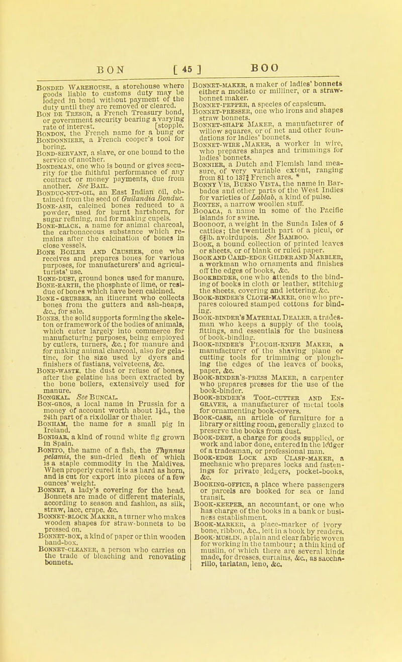Bonded Warehouse, a storehouse where goods liable to customs duty may he lodged in bond without payment of the duty until they aro removed or cleared. Bon de Tresor, a French Treasury bond, or government security bearing a varying rate ot interest. [stopple. Bonbon, the French name for a bung or Bondonniebe, a French cooper's tool for boring. , Bond-servant, a slave, or one bound to the service of another. Bondsman, one who is bound or gives secu- rity lor the faithful performance of any coutract or money payments, due from another. See Bah.. Bonduc-ntjt-oil, an East Indian oil, ob- tained from the seed of Ouilandia Bonduc. Bone-ash, calcined bones reduced to a powder, used for burnt hartshorn, for sugar refining, and for making cupels. Bone-black, a name for animal charcoal, the carbonaceous substance which re- mains after the calcination of bones in close vessels. Bone Boiler anb Crusher, one who receives and prepares bones for various purposes, lor manufacturers' and agricul- turists' use. Bone-dust, ground bones used for manure. Bone-earth, the phosphate of lime, or resi- due of bones which have been calcined. Bone - grubber, an itinerant who collects bones from the gutters and ash-heaps, &c., for sale. Bones, the solid supports formlngthe skele- ton orframework of the bodies of animals, which enter largely into commerce fbr manufacturing purposes, being employed by cutlers, turners, ifee.; for manure and for making animal charcoal, also for gela- tine, for the size used by dyers and finishers of fustians, velveteens, &a. Bone-waste, the dust or refuse of bones, after the gelatine has been extracted by the bone boilers, extensively used for manure. Bongkal. See Buncal. Bon-qros, a local name in Prussia for a money of account worth about IJd., the 24th part of a rlxdollar or thaler. Bonham, the name for a small pig in Ireland. Boniqar, a kind of round white fig grown in Spain. Bonito, the name of a fish, the Thynnus pelamis, the sun-dried flesh of which is a staplo commodity In the Maldives. When properly cured it is as hard as horn, and Is cut for export into pieces of a few ounces' weight. Bonnet, a lady's covering for the head. Bonnets aro made of different materials, according to season and fashion, as silk, straw, lace, crape, <fec. Bonnet-block Maker, a turner who makes wooden shapes for stntw-bonncts to bo pressed on. Bonnet-box, a kind of paper or thin wooden band-box. Bonnet-cleaner, a person who carries on the trade of bleaching and renovating bonnets. Bonnet-maker, a maker of ladies' bonnets either a modisto or milliner, or a straw- bonnet maker. BoNNET-rEPPER, a species of capsicum. Bonnet-presser, one who irons and shapes straw bonnets. Bonnet-shape Maker, a manufacturer of willow squares, or of net and other foun- dations for ladies' bonnets. Bonnet-wxre .Maker, a worker in wire, who prepares shapes and trimmings lor ladies' bonnets. Bonnier, a Dutch anil Flemish land mea- sure, of very variable extent, ranging from 81 to 1373 French ares. * Bonny Vis, Bueno Vista, the name in Bar- bados and other parts of tho West Indies for varieties oCLablab, a kind of pulse. Bonten, a narrow woollen stuff. Booaca, a name in some of the Pacific islands for swine. Booboot, a weight in the Sunda Isles of 5 catties; the twentieth part of a picul, or 6Jlb. avoirdupois. See Bamboo. Book, a bound collection of printed leaves or sheets, or of blank or ruled paper. Book and Card-edge Gilder and Jl arbler, a workman who ornaments and finishes off the edges of books, <!cc. Bookbesber, one who attends to the bind- ing of books in cloth or leather, stitching the sheets, covering and lettering, .fee. Book-bender's Cloth-maker, one who pro- pares coloured stamped cottons for bind- ing. Book-binder's Materlu, Dealer, a trades- man who keeps a supply of the tools, fittings, and essentials for tho business of book-binding. Book-binder's Plough-knife Maker, h manufacturer of the shaving plane or cutting tools for trimming or plough- ing the edges of the leaves of books, paper, &c Book-bdtder's-press Maker, a carpenter who prepares presses for tho use of the book-binder. Book-binder's Tool-cutter and En- graver, a manufacturer of metal tools for ornamenting book-covers. Book-case, an article of furnlturo for a library or sitting room, generally glazed to preserve the books from dust. Book-debt, a charge for goods supplied, or work and labor done, cntercdin the longer of a tradesman, or professional man. Book-edge Lock and Clasp-maker, a mechanic who prepares locks and fasten- ings for privato ledgers, pocket-books, <fec. Booking-office, a place where passengers or parcels are booked for sea or land transit Book-keeper, an accountant, or one who has charge of the books in a bank or busi- ness establishment Book-markep., a place-marker of ivory bone, ribbon, <Sc, lei t in a book by readers. Book-muslin, a plain and clear fabric woven for working In tho tambour; a thin kind of muslin, of which there are several kinds made, for dresses, curtains, ice, as saccbn- rlllo, tarlatan, leno, &c