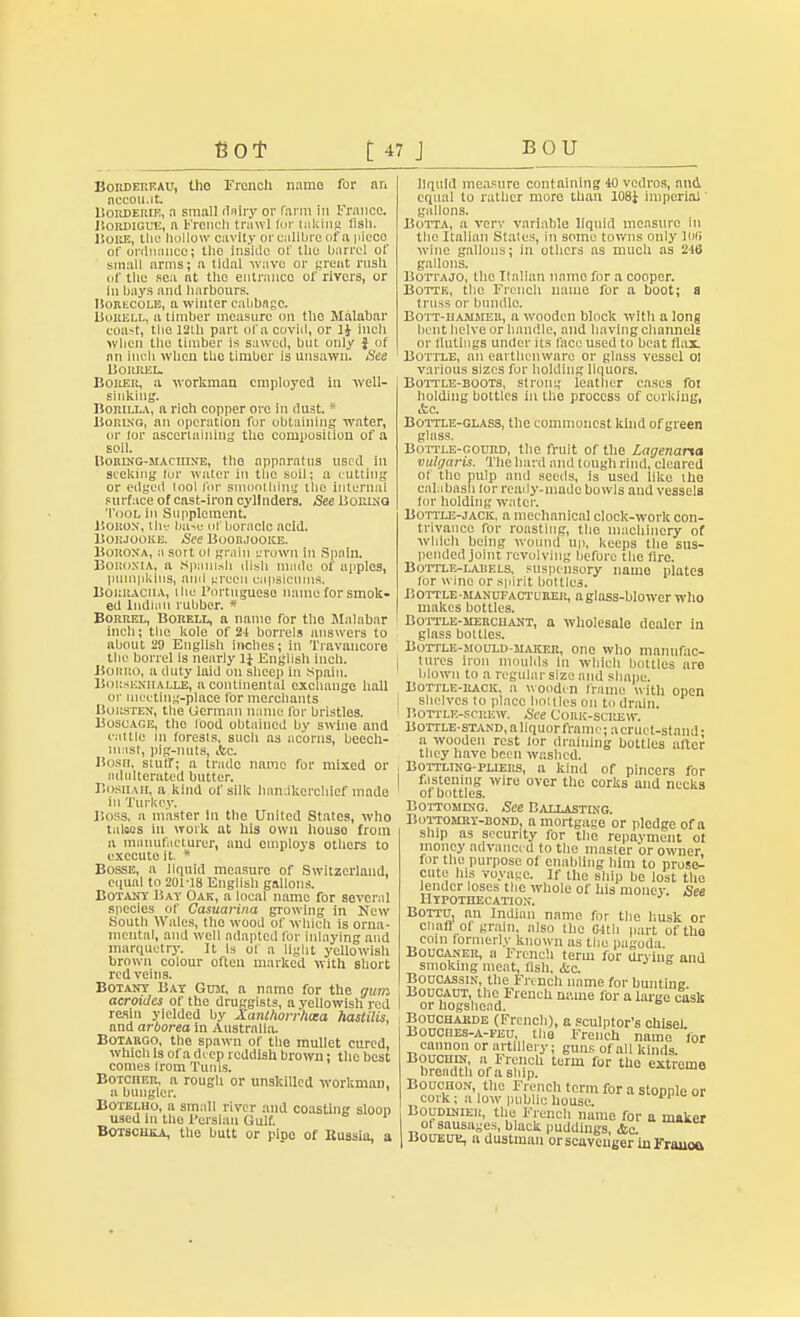 Bordereau, tho French name for an nccou.it. Borderii:, n small dairy or farm in France. Bordigue, a French trawl for taking fish. liOKE, the hollow cavity or calibre of a piece of ordnance; the insklc of the barrel of small arms; a iklal wave or great rush of the sea at the entrance of rivers, or In bays and harbours. Borecole, a winter cabbage. Bohell, a timber measure on the Malabar coa-r, the 12ih part of a covld, or 1J inch when the timber is sawed, but only $ of an inch when the timber is unsawn. See Bourel. Borer, a workman employed in well- sinking. Boriixa, a rich copper ore in dust. * Boring, an operation for obtaining water, or tor ascertaining the composition of a soil. lionmG-MAcnrxE, the apparatus used In seeking for water in the soil; a cutting or edged tool for smoothing the internal surface of cast-iron cylinders. See Boeing Tool in Supplement. IIoron, the base m'boraclc acid. Bokjooke. See Boobjooke. Borona, a sort ol groin grown in Spain. BOROXIA, a Spanish dish made of apples, pumpkins, and green capsicums. Bokraciia, the Portuguese name for smok- ed Indian rubber. * Borrel, Borell, a name for the Malabar inch; the kole of 24 borrels answers to about 29 English inches; in Travancore the borrel is nearly li English inch. BonitO, a duty laid on sheep in .Spain. Bousenhalle, a continental exchange hall or meeting-place for merchants Borsten, the German name for bristles. Boscage, the Ibod obtained by swine and cattle In forests, such as acorns, beech- mast, pig-nuts, Ac. Bosti. stun; a trade name for mixed or adulterated butter. Bosiiah, a kind of silk handkerchief made in Turkey. Boss, a master in the United States, who tallies hi work at his own houso from a manufacturer, and employs others to execute it. * Bosse, a liquid measure of Switzerland, equal to 201-18 English gallons. Botany Bay Oak, a local name for several species of Casuarina growing in New Soutli Wales, the wood of which is orna- mental, and well adapted for inlaying and marquetry. It is of a light yellowish brown colour often marked with short red veins. Botany Bay Gum, a namo for the gum acroides of the druggists, a yellowish red resin yielded by Xanthorrhaea hastilis, and arborea in Australia. Botargo, the spawn of the mullet cured, which is of a deep reddish brown; the best comes Irom Tunis. Botcher, a rougli or unskilled workman, a bungler. Botelho, a small river and coasting sloon used m the Persian Gulf. Botscuka, the butt or pipe of Russia, a liquid measure containing 40 vedros, and equal to rather more than 108i imperial' gallons. Botta, a very variable liquid measure in the Italian States, in some towns only Kill wine gallons; in others as much as 248 gallons. Bottajo, the Italian name for a cooper. Botte, the French name for a boot; a truss or bundle. Bott-hammer, a wooden block with a long bent helve or handle, and having channels or llutings under its face used to beat flax. Bottle, an earthenware or glass vessel ol various sizes for holding liquors. Bottle-boots, strong leather cases foi holding bottles in the process of corking, Ac. Bottle-glass, the commonest kind of green glass. Bottle-gourd, the fruit of the Lagenarxa vulgaris. The hard and tough rind, cleared of the pulp and seeds, is used like the calabash tor ready-made bowls and vessels for holding water. Bottle-jack, a mechanical clock-work con- trivance for roasting, the machinery of which being wound up, keeps the sus- pended joint revolving before the fire. Bottle-larels, suspensory namo plates for wine or spirit bottlo3. Bottle-manufacturer, a glass-blower who makes bottles. Bottle-merciiant, a wholesale dealer in glass bottles. Bottle-mould-maker, one who manufac- tures iron moulds in which bottles are blown to a regular size and shape. Bottle-mack, a wooden frame with open shelves to place bottles on to drain. Bottle-screw. See Cork-screw. Bottle-stand,nliquorframe; acruct-staud- a wooden rest tor draining bottles after they have been washed. Bottling-pliers, a kind of pincers for fastening wire over the corks and necks of bottles. Bottoming. See Ballasting. Bottomry-bond, a mortgage or pledge of a ship as security for the repayment ot money advanced to the master 'or owner for the purpose of enabling him to prose- cute his voyage. If the ship be lost the lender loses the whole of his money. See Hypothecation. Bottu, an Indian name for the husk or chart ol grain, also the G-ltli part of the coin formerly known as the pagoda. Boucaner, n French term for drying and smoking meat, fish. &c. Boucassin, the French name for bunting. Boucaut, the French name for a large cask or hogshead. b Bouchakde (French), a sculptor's chisel Bouciies-a-feu, tho French name for cannon or artillery; guns of all kinds. kUCI!?^' ,VFr,'?cU term tho extreme breadth of a ship. i-uio Bouchon the French term for a stopple or cork ; a low public house. 11 Boudinier, the French name for a maker ot sausages, black puddings, <fce BouEtnt, a dustman or scavenger in Franca