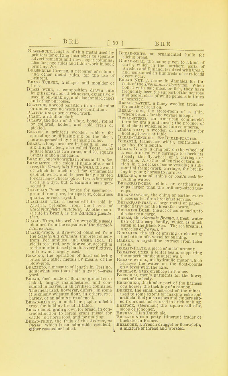 13 11E II 'iass-rcle, lengths or tliin metal used by printers for cutting Into sizes to separate advertisements ami newspaper columns: also for page rules and tabic « ork In book printing, A>c. Brass-bule Outteb, a preparer of column and other metal rules, for the use of .printers. Brass Turner, a sliaper and moulder of brass. Brass -wire, a composition drawn into lengthsof various thicknesses, extensively used in pm-making, and also for bird cages and other purposes. Bkattice, a wood partition in a coal mine or under-ground work for ventilation. Bbattisuinq, open carved work. I'.raul, an Indian cloth. Brawn, the Ilcsh of the liog, boned, rolled or collared, boiled, and sold fresh or pickled. Bbateb, a printer's wooden rubber, for spreading or diffusing ink on the block, now superseded by the inking roller. IiuAZA, a long measure in Spain, of nearly six English feet, also called Toesa. The square braza is two varas, and 200 square brazas make a fanegada. Tl hazier, one who works in bras3 and tin, &c. liiiAziLETTO, the colonial name of a small tnc, the Ccesalpinia Brasiliensis, the wood of which is much used for ornamental e iblnot work, and is peculiarly adapted forcarrlnge-wheelspokes. It was formerly mod as a dye, but 0. echinata has super- seded it. Brazilian Pebbles, lenses fir spectacles, ground from [aire, transparent, colourless quartz, or rock-crystal. Brazilian Tea, a* tea-substitute sold in Austria, prepared Irom the leaves of Stachylarpheta mutabili.i. Another sub- si ituto in Brazil, is the Lantana pseudo- thea. Brazil Nuts, the well-known edible seeds obtained from the capsules of tha Bertftol- letia exedsa. Brazil-wood, a dye-wood obtained from the Ccesalpinia echinata, imported chiefly from Pernambueo and (Josta Klca. It yields rose, red, or yellow color, according to the mordant used; but it is very fugitive, and now not largely used. Brazing, the operation of hard coldering brass and other metals by means of the blow-pipe. Brazzeto, a measure of length in Tessino, somewhat less than half a yard:=0'434 yard. Bread, food made of flour or ground corn baked, largely manufactured and con- sumed in loaves, in all civilised countries. The meal used, however, differs; in some it Is chiefly wheaten flour, in others, rye, barley, or an admixture of meal. Bread-basket, a metal or papier madid tray, for holding bread at table. Bread-Corn, grain grown for broad, in con- tradistinction to cereal crops raised for cattle and horse food, and for malting. Bread-fruit, the fruit of the Arlocarpus iricisa, which is an admirable esculent, either roasted or boiled. Bread-knife, an ornamented knife for 8ltcmg bread. BRRAD-ME.AL, the name given to a kind of BMtn, winch in the northern parts of Sweden and I inland. Is mixed with bread and consumed In hundreds of cart-loads every year. Bread Nut, a name in Jamaica for tilt tlUltOI the Brosimum Alicastrum. tt'li. r boiled with salt moat or fish, they have frequently been the support of the ncroes ofscarcity C'nS3 °''WWt8 1K'rso3 ln tlmcs Bbead-platter, a fancy wooden trencher lor cutting bread on. Bread-room, the store-room of a ship where biscuit for the voyage is kept Bread-stuffs, an American commercial term for grain and meal; the produce of food plants which enter into commerce BitEAp-TRAT, a wooden or metal tray for holding loaves at table. Bread-trencher. See Bread-platter Bread™, transverse width, contradistin- guished from length. Break, li ;ake, a drag put on the wheel of a coach or railway carriage to check its speed; tile fly-wheel of a carriage or machine. Also thesuddenriseorterinina- tion in the decks of some vessels; a sub- stantial frame-work carriage, for break- ing in young horses to harness. Breaker, a small ship's or boat's cask for holding water. Breakfast-cups, china or earthenware cups larger than tho ordinary-sized tea- cups. Breakfast-set, the china or earthenware pieces suited for a breakfast service. Breakfast-tray, a large metal or papier- mache tray for tho breakfast ware. Breaking Bulk, the act of commencing to discharge a cargo. Bream, the Abramis Brama, a fresh water fish of the carp family, which, is much eaten in the Black Sea. Tho sea bream is a species of Pargus. * Breaming, the act of graving or cleansin the bottom of a vessel by burning. Breane, a crystalline extract from Idea resin. Breast-Plate, a piece of metal armour. Breast-summer, a lentel beam, supporting the superincumbent outer wall. Breast-wheel, an hydraulic motor which receives the water on the float-boards on a level with the axis. Brebiage, a tax on sheep in France. Breeciies, men's garments for the lowc part of the body. Breeching, the hinder part of the harness of a horse; the tackling of a cannon. Breeze, tho small dust-coal of the mines, used to some extent for making coke and artificial fuel; also ashes and cinders sift- ed from dust-holes, used in brick making, Brefock, (German,) the square sail of 6 sloop or schooner. Beehas-, High Butch ale. Brelandinieb.a petty itinerant trader or huckster in 1'rance. Bbeluche, a French drugget or floor-clotli, a mixture of thread and worsted.