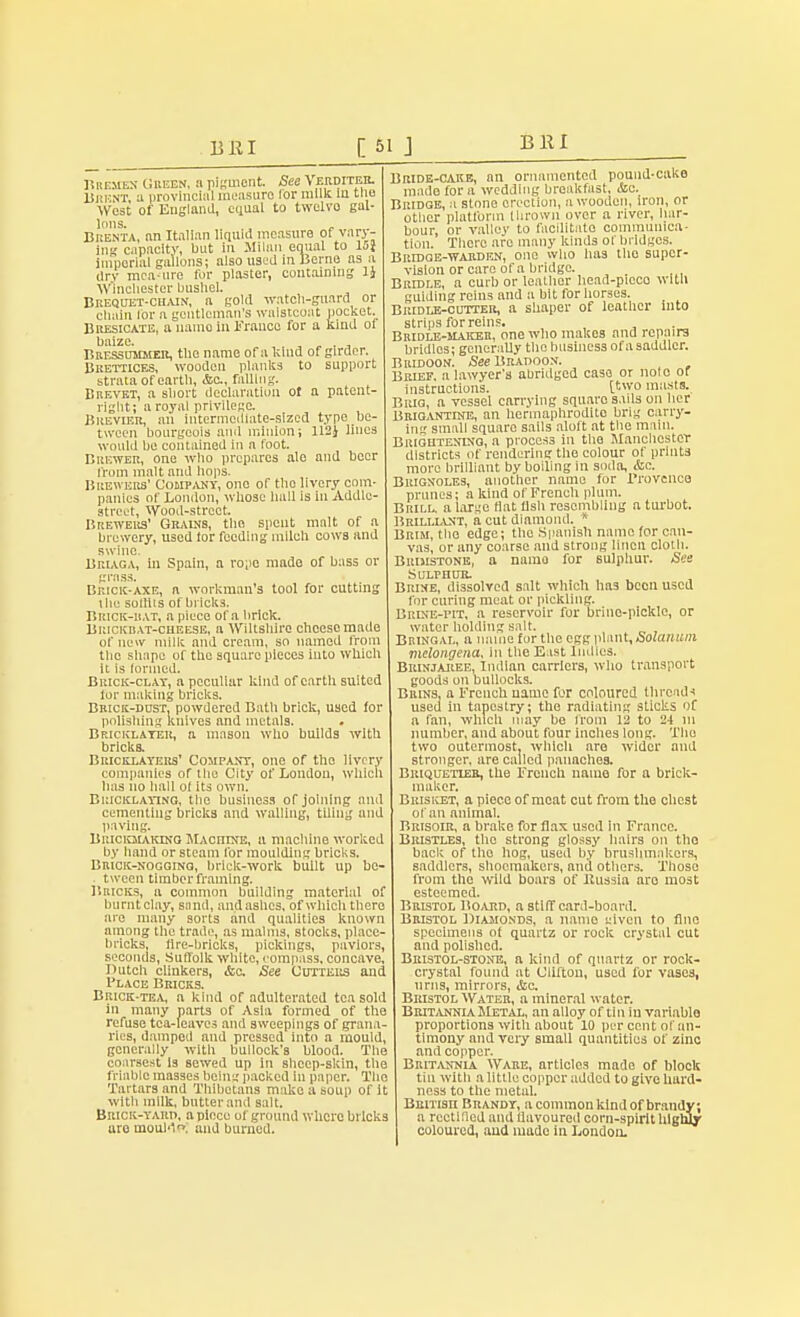 Bill Bremen Gueen, a pigment See \ ermteii. Bkknt, a provincial measure lor milk la the West of England, equal to twclvo gal- lons. Bkenta, an Italian liquid measure of vary- ing capnclty, but In Milan equal to 15} imperial gallons; also used in Berne as a dry mca-ure for plaster, containing 1J Winchester bushel. Brequet-ciiain, a gold -watch-guard or chain for a gentleman's waistcoat pocket. Bresicate, a uamo in Franco for a kind of baize. , , , . Bressummer, the name of a kind of girder. Bkettices, wooden planks to support strata of earth, &c., falling. Brevet, a short declaration of a patent- right; a royal privilege. Brevier, an intermediate-sized type be- tween bourgeois and minion; 112J lines would be contained in a loot. Brewer, one who prcpnrcs ale and beer from malt and hops. Brewers' Company, one of tlio livery com- panies of London, whose hull is ill Addlc- street, Wood-street Brewers' Grains, the spent malt of a brewery, used ior feeding milch cows and swine. Briaga, in Spain, a rope made of bass or grass. Brick-axe, a workman's tool for cutting the soltiis of bricks. Brick-hat, a piece ofa brick. Brickisat-cheese, n Wiltshire cheese made of new milk and cream, so named from the shape of the square pieces iuto which it is formed. Brick-clat, a peculiar kind of earth suited tor making bricks. Brick-dust, powdered Bath brick, used for polishing knives and metals. • Bricklayer, a mason who builds with bricks. Bricklayers' Compant, one of the livery companies of the City of London, which has no hall ol its own. Bricklaying, the business of joining and cementing bricks and walling, tiling and paving. BinciQiAiaNO MAcniXE, a machine worked by hand or steam for moulding bricks. Brick-noggino, brick-work built up be- tween timber framing. Bricks, a common building material of burnt clay, sand, and ashes, of which there are many sorts and qualities known among the trade, as malms, stocks, place- bricks, fire-bricks, pickings, pavlors, seconds, Suffolk white, compass, concave, Dutch clinkers, &c. See Cutters and 1jlace Bricks. Brick-tea, a kind of adulterated tea sold in many parts of Asia formed of the refuse tea-leaves and sweepings of grana- ries, damped and pressed into a mould, generally with bullock's blood. The coarsest Is sewed up in sheep-skin, the friable masses being packed ill paper. The Tartars and Thibetans make a soup of it with milk, butter and salt. Brick-yard, apiece of ground where bricks uro lnoul-'f and burned. Bride-cake, an ornamented pound-cake made for a wedding breakfast, <S5c. Bridge, a stone erection, a wooden, iron, or other platform thrown over a river, har- bour, or valley to facilitato communica- tion. There are many kinds of bridges. Bridge-waiiden, one who has tlio super- vision or care of a bridge. Bridle, a curb or leather head-picco with guiding reins and a bit for horses. Bridle-cutter, a shaper of leather into strips for reins. Bridle-maker, one who makes and repairs bridles; generally the business ofa saddler. Bkidoon. See Braooon. Brief, a lawyer's abridged caso or nolo of instructions. [two masts. Brig, a vessel carrying square sails on her Brigantine, an hermaphrodite brig carry- ing small square sails aloft at the main. Brightening, a process in the Manchester districts of rendering the colour of prints more brilliant by boiling in soda, &c. Brignoles, another name for Brovence prunes; a kind of French plum. Brill, a large flat lish resembling a tiu-hot Brilliant, a cut diamond. x Brim, the edge; the Spanish name for can- vas, or any coarse and strong linen cloth. Brimstone, a namo for sulphur. See SULPHUR. Brine, dissolved salt which has been used for curing meat or pickling. Brine-pit, a reservoir for brine-pickle, or water holding salt. Brinoal, a name for the egg plant, bolanum melongena, In the East indies. Brinjahee, Indian carriers, who transport goods on bullocks. Brins, a French name for coloured threads used in tapestry; the radiating sticks of a fan, which may be from 12 to 24 in number, and about four inches long. Tlio two outermost, which are wider and stronger, lire called paunches. Briquetier, the French name for a brick- maker. Brisket, a piece of meat cut from the chest of an animal. Brisoir, a brake for flax used in France. Bristles, the strong glossy hairs on tho bad; of the hog, used by brushmakcrs, saddlers, shoemakers, and others. Those from the wild boars of Russia aro most esteemed. Bristol Board, a stiff card-board. Bristol Diamonds, a nanio eiven to fine specimens of quartz or rock crystal cut and polished. Bristol-stone, a kind of quartz or rock- crystal found at Clifton, used for vases, urns, mirrors, .See. Bristol Water, a mineral water. Britannia Metal, an alloy of tin in variable proportions with about 10 per cent of an- timony and veiy small quantities of zinc and copper. Britannia Ware, articles made of block tin with a little copper added to give hard- ness to the metal. Bbitisii Brandy, a common kind of brandy; a rectified and flavoured corn-spirit highly coloured, and made in London.
