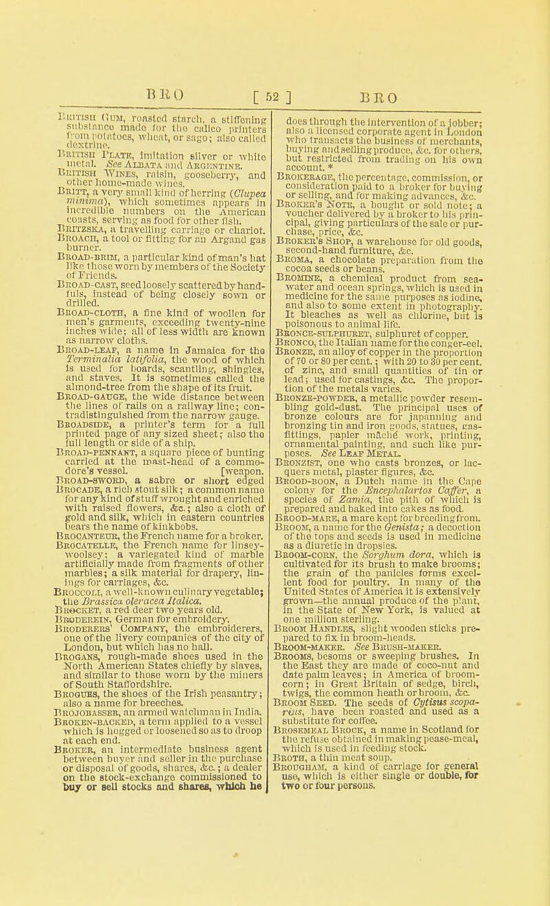 Unman i,™, roasted slnrcli, n stiffening substance made lor the cnlico printers Irom nolatoos, wheat, or sago; also called dextrine. Bbitisb Plate, imitation sliver or white metal. See Albata and Argentine. BnrasH Wines, raisin, gooseberry, and other home-made wines. Britt, a very small kind of herring {Clupea minima), which sometimes appears in incredible numbers on the American coasts, serving as food for other fish. Biutzsica, a travelling carriage or chariot. Broach, a tool or fitting for an Argand gas burner. Broad-brim, a particular kind of man's hat like i hose worn by members of the Society of Friends. Broad-cast, seed loosely scattered by hand- fuls, instead of being closely sown or drilled. Broad-cloth, a fine kind of woollen for men's garments, exceeding twenty-nine inches wide; all of less width aro known as narrow cloths. Broad-leaf, a name in Jamaica for tho Terminalia latifolia, the wood of which is used for boards, scantling, shingles, and staves. It is sometimes called the almond-tree from the shape of its fruit. Broad-gauge, the wide distance between the lines of rails on a railway line; con- tradistinguished from the narrow gauge. Broadside, a printer's term for a full printed page of any sized sheet; also tho full length or side of a ship. Broad-pennant, a square piece of bunting carried at the mast-head of a commo- dore's vessel. [weapon. Broad-sword, a sabre or short edged Brocade, a rich «tout silk; a common name for any kind of stuff wrought and enriched with raised flowers, &c.; also a cloth of gold and silk, which in eastern countries bears the name of kinkbobs. Bkocanteur, the French name for a broker. Brocatelle, the French name for linsey- woolsey; a variegated kind of marble artificially made from fragments of other marbles; a silk material for drapery, lin- ings for carriages, &c. Broccou, a well-known culinary vegetable; the lirassica oleracea ltalica. Brocket, a red deer two years old. Broderein, German for embroidery. Broderers' Company, the embroiderers, one of the livery companies of the city of London, but which lias no hall. Brogans, rough-made shoes used in the North American States chiefly by slaves, and similnr to those worn by the miners of South Staffordshire. Brogues, the shoes of the Irish peasantry j also a name for breeches. Brojorasser, an armed watchman in India. Broken-racked, a term applied to a vessel which is hogged or loosened so as to droop at each end. Broker, an intermediate business agent between buyer and seller in the purchase or disposal of goods, shares, &c; a dealer on the stock-exchange commissioned to buy or sell stocks and shares, which be does through the intervention of a jobber; also a licensed corporate agent In London who transacts the business of merchants, buying andsellingproducc, <fcc. lor others, but restricted from trading on his own account. * Brokerage, the percentage, commission, or consideration paid to a broker for buying or selling, and for making advances, ifce. Broker's Note, a bought or sold note: a voucher delivered by a broker to his prin- cipal, giving particulars of the sale or pur- chase, price, <fec. Broker's Shop, a warehouse for old goods, second-hand furniture, &c. Broma, a chocolate preparation from tho cocoa seeds or beans. Bromine, a chemical product from sea- water and ocean springs, which is used in medicine for the same purposes as iodine, and also to some extent in photography. It bleaches as well as chlorine, but is poisonous to animal life. Bbonce-sulphuret, sulphuret of copper. Bronco, tho Italian name for tho conger-eel. Bronze, an alloy of copper in the proportion of 70 or 80 per cent.: with 20 to 30 per cent, of zinc, and small quantities of tin or lead; used for castings, <tc. Tho propor- tion of the metals varies. Bronze-powder, a metallic powder resem- bling gold-dust. The principal uses of bronze colours are for japanning and bronzing tin and iron goods, statues, gas- fittings, papier rnflche work, printing, ornamental painting, and sueh like pur- poses. See Leaf Metal. Bronzist, one who casts bronzes, or lac- quers metfd, plaster figures, <fcc Brood-boon, a Dutch name in the Cape colony for the Encephalarlos Caff'er, a species of Zamia, tho pith of which is prepared and baked into cakes as food. Brood-mare, a mare kept for brcedingfroni. Broom, a name for the Genista; a decoction of tho tops and seeds is used in medicine as a diuretic in dropsies. Broom-corn, the Sorghum dora, which is cultivated for its brush to make brooms; the grain of the panicles forms excel- lent food tor poultry. In many of the United States of America it is extensively grown—tho annual produce of the plant, in the State of New York, is valued at one million sterling. Broom Handles, slight wooden sticks pro- pared to fix in broom-heads. Broom-maker. See Brush-maker. Brooms, besoms or sweeping brushes. In the East they are made of coco-nut and date palm leaves: in America of broom- corn ; in Great Britain of sedge, birch, twigs, the common heath or broom, &c Broom Seed. The seeds of Cytisus scopa- rOis, have been roasted and used as a substitute for coffee. Brosemeal Brock, a name in Scotland for the refuse obtained in making pease-meal, which is used in feeding stock. Broth, a thin meat soup. Brougham, a kind of carriage for general use, winch is cither single or double, for two or four persons.
