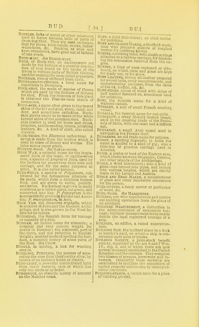 BUD Blcklm, links of metal or other Bubgtaiioo used to foster, harness, belts or parts $ flMM together. They arc used nsTston- SXf rt *,lT.'bi»7K «ocks, ladies' waist-oelts, &c. Buckles, as shoo mid oflateyeS11'1 aV° g°° out 01 f*sl>>°'' Buck-mast. See Beech-mast S™ ock-pot, an earthenware pot made by ho Indians of a peculiar descrip- t on of clay found on the hanks of the rivers m various parts of British Guiana, used for makmgthe mess called pepperpot Buckram, strong stiffened linen clou, BuciCRAMANxi-PEPi'EKs, a local name for capsicums In Demerara. Buck-shot, the seeds of species of Canna which are used by the Indians of Guiana for shot. From the rhizoma of this plant Is obtained the Tous-les-mois starch of commerce. Buck-skin, a name often given to the tawed skins of the kiii and goat, sheep, lamb, and deer, and sometimes calf-skins. Buck- skin gloves ought to be made of the white tanned skins of the common deer. Buck- skin leather is used for boots and shoes, breeches, saddle-seating, braces, polishing leathers, <fcc A kind of cloth, also called doeskin. BL'CK-TnoRN, the Rhamnus catharticus. A syrup is made from the berries which is used in cases of dropsy and worms. The juice stains paper green. Buckum-wood. See Sapan-wood. Buck Wax, a colonial name for the inspis- sated juice of the mani, or candle-wood tree, a species of Amyris or Icica, used by the Indians for preserving their nets and cordage, and for the same purposes as pitch, it is al30 called kannan. Buckwheat, a species of Polygonum, cul- tivated for the farinaceous albumen of Its seeds, which form a delicious human food, and are given to cattle, poultry, and swine. Buckwheat is grown in many countries as a fodder-plant, cut green, and converted into hay. P. fagopyrum is the species chiefly grown In Europe and Amer- ica; P. marginatum, In Asia. Buck Yam, the Dioscorea tnphyUa, which is a native of Java and the Eastern Archi- pelago, and is also grown 111 the West In- dies for its tubers. Bucosidad, the Spanish term for tonnage or capacity of a ship. Bijdbam, an Indian name for almonds; a nominal and very minute weight for pearls in Bombay; the sixteenth part of tho docra, and not reducible to English weight; another mode of spelling the bad- dam, a nominal money of some parts of the East. See Cnow. Buddle, in mining, a box for washing ores in. Buddling, Puddling, tho process of sepa- rating the ores from their earthy alloy, by means of an inclined hatch or cistern. BuDE-UGrtT, a powerful concentrated light from many burners, each o! which has only one circle or cylinder. Budoeuook, an obsolete money of uccount on tho Midabar coast BtoJ.SuTtng.ral>/olouri 3,1 ol,Ba leat° m™!?^ *UKB?> n Sl'emeM work- nan who prepares gluzers oi rou died leather fur polishing knives »'.'-u Buffer, asiriking block with clastlcsprln-s attached to a railway carriasc, for deaden! gine 0UC n recch'ed fr0|n tho en- Bk™T' ? kint? of ?Pcn cupboard or side- board, on which plate and glass are kept for ready use, or for show. B-otf Leatdek, strong oil-leather prepared for sword belts, army accoutrements, and manufacturing purposes, from the Bkins of the ox, buffalo, elk, &c. Buff-sticks, pieces of wood with strips of buff leather fastened on, sometimes used for polishing. Bufi, the Spanish name for a kind of watered camlet. Buqalet, a sort of small French coasting vessel. Bugalla, tho Spanish name for nut-galls. Buggalow, a crazy ill-built decked vessel, used in the coasting trade of the Penin- sula of India, witlt one mast and a latteen sail. Buggarah, a small Arab vessel used in navigating the Persian Gulf. Buogasins, an old trade name for calicoes. Buggt, a sporting dog-cart; in India the name is applied to a kind of gig; also a slide-top or phaeton carriage used in America. Bugis, a prahu or boat of the Eastern seas, which trades between Singapore, Celebes and other islands of the Archipelago. Bugle, a wind instrument; also a kind of glass head formed into pipes, and broken into various lengths, which are chiefly made in the Levant and Austria. Bugle and Bead Maker, a manufacturer of glass and other decorative ornaments for the person. Buhl-cutter, a fancy carver or perforator of wood, etc. Buhl-work. See Marquetry. Builder, one who superintends and carries out building operations from the plans of an architect. Builders' Measurement, a distinction in the admeasurement of mercantile ton- nage; builders' measurement being nearly double the legal registered tonnage of a ship. Building, an edifice, a raised superstruc- ture. Butldtng Slip, the inclined plane in a dock or builder's yard, on which a ship is con- structed upon piles of blocks. Building Society, a joint-stock benefit society, regulated by the act 0 and 7 YVm. IV., cap. s, and of which there are now several thousand established in the United Kingdom and the colonies. They comprise two classes of persons, borrowers and In- vestors. Ostensibly these societies arc established to facilitate tin' acquisition of landed property and houses, by small peri- odical payments. Bulldlnq-stanck, a Scotch term for a piece of building ground.