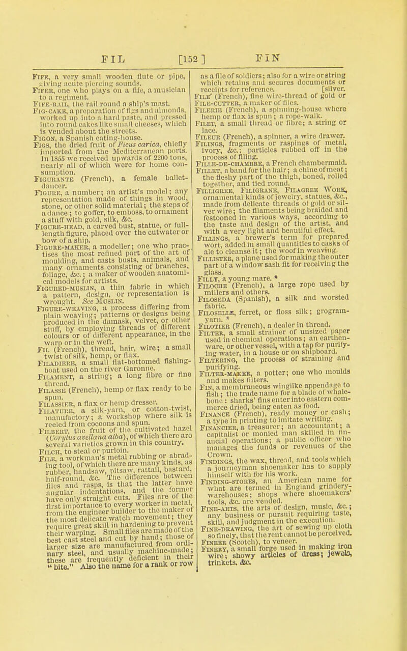 FIL [152] FIN Fife, a very smnll wooden flute or pipe, giving acute piercing sounds. Fifkr, one h lio plays on a file, a musician In a regiment. Fife-bail, tlie rail round n ship's mast. JflG-CAKE, a preparation of figs and almonds, worked up into a hard paste, and pressed into round cakes like small cheeses, which is vended about the streets. Ficon, a Spanish eating-house. Figs, the dried fruit of Ficus carica, chiefly imported from the Mediterranean ports. In 1855 we received upwards of 2200 tons, nearly all of which were for home con- sumption. Figurante (French), a female ballet- dancer. Figure, a number; an artists model; any representation made of things in wood, stone, or other solid material; the steps of a dance; to goffer, to emboss, to ornament a stuff with gold, silk, &c. Figure-head, a carved bust, statue, or full- length figure, placed over tho cutwater or bow of a ship. Figure-maker, a modeller; one who prac-, tises the most refined part of the art of moulding, and casts busts, animals, and inanv ornaments consisting of branches, foliage, <&c; a maker of wooden anatomi- cal models for artists. Figured-muslin, a thin fabric in which a pattern, design, or representation is wrought. See Muslin. Figure-weaving, a process differing from plain weaving; patterns or designs being produced in the damask, velvet, or other stuff, by employing threads of different colours or of different appearance, in the warp or in tho weft. Fil (French), thread, hair, wire; a small twist of silk, hemp, or flax. Filadiere, a small flat-bottomed fishing- boat used on the river Garonne. Filament, a string; a long fibre or fino thread. _ . . , Filasse (French), hemp or flax ready to be spun. Filassif.r, a flax or hemp dresser. Filature, a silk-yarn, or cotton-twist, manufactory; a workshop where silk is reeled from cocoons and spun. Filbert, the fruit of the cultivated hazel (Corytus avellana alba), of which there aro several varieties grown in this country. Filch, to steal or purloin. File, a workman's metal rubbing or abrad- ing tool, of which there are many kinds, as rubber, handsaw, pitsaw. rattail, bastard half-round, &c The difference between files and rasps, is that tho latter have angular indentations, and the former havo only straight cuts. Files are of the first importance to every worker in metal from the engineer builder to the maker of the most delicate watch movement, they require great skill in hardening to prevent the - warping. Small files are maue of the bes cast stcSl and cut by hand; those of larger size are manufactured from ordi- nary steel, and usually machine-made; these are frequently deficient in ^their •' bite. Also the name for a rank or low as a flic of soldiers: also for a wire or string which retains and secures documents or receipts for reference. [silver. File' (French), fine wire-thread of gold or File-cutter, a maker of tiles. Filerie (French), a spinning-house where hemp or flux is spun ; a rope-walk. Filet, a small thread or fibre; a string or lace. FrLECR (French), a spinner, a wire drawer. Filings, fragments or raspings of metal, ivory, &c.; particles rubbed off in the process ot filing. Fille-de-chambre, a French chambermaid. Fillet, a band for the hair: a chine of meat; the fleshy part of the thigh, boned, rolled together, and tied round. Fillicree, Filigrane, Filagree Work, ornamental kinds of jewelry, statues, <fcc, made from delicate threads ol gold or sil- ver wire; the filaments being braided and festooned in various ways, according to the taste and design of the artist, and with a very light and beautiful effect. Fillings, a brewer's term for prepared wort, added in small quantities to casks of ale to cleanse it; the woof in weaving. Fillister, a plane used for making the outer part of a window sash fit for receiving tho glass. Filly, a young mare. * Filoche (French), a large rope used by miller3 and others. Filoseda (Spanish), a silk and worsted fabric. Filoselle, ferret, or floss silk; grograin- yarn. * , , Filotier (French), a dealer m thread. Filter, a small strainer of unsized paper used In chemical operations; an earthen- ware, or othervcssel, with a tap for purity- ing water, in a house or on shipboard. Filtering, the process of Btraming and purifying. , ,, Filter-maker, a potter; one who moulds and makes filters. Fin, a membraneous winglike appendage to fish; the trade name for a blade ot whale- bone : sharks' fins enter into eastern com- merce dried, being eaten as food. Finance (French), ready money or cash; a type in printing to imitate writing. Financier, a treasurer; an accountant; a capitalist or monicd man skilled m fin- ancial operations; a public officer who manages the funds or revenues of the Crown. , , , , Findings, the wax, thread, and tools which a journeyman shoemaker has to supply himself with for his work. Finding-stores, an American name for what are termed in England grindery- warehouses; shops where shoemakers tools, &c are vended. . Fine-arts, the arts of design, music, &c.; any business or pursuit requiring taste, ski'U, and judgment in the execution. Fine-drawing, tho art of sewing up cloth so finely, that the rent cannot be perceived. Fineeii (Scotch), to veneer. Finer?, a small forge used in making iron wire; showy articles of dress; jewolo, trinkets. &c