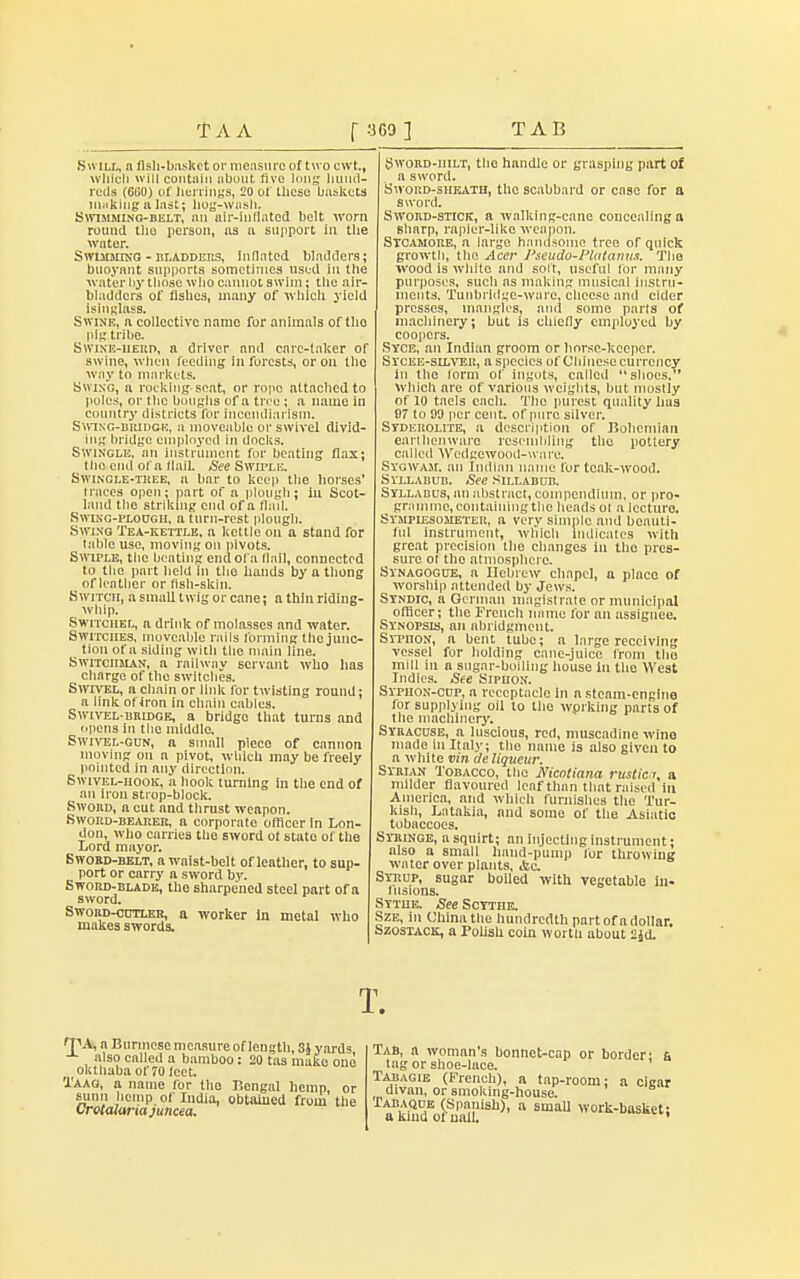 Swill, a flsh-baskct or measure of two cwt., which will contain about five lung hund- reds (6(>0) of herrings, 20 of these baskets milking a last; hog-wash. Swimming-belt, an air-inflated belt worn round the person, as a support In the water. Swlmmtng - bladders, inflated bladders; buoyant supports sometimes used in the water by those who cannot swim j the air- bladders of fishes, many of winch yield isinglass. Swine, a collective name for animals of tho pig tribe. Swine-herd, a driver and care-taker of swine, when feeding In forests, or ou tho way to markets. Swing, a rocking-seat, or rope attached to poles, or the boughs of a tree ; a name in country districts for incendiarism. Swing-bridge, a moveable or swivel divid- ing bridge employed in docks. Swingle, an instrument for beating flax; the end of a flail. See Swiple. Swingle-tree, a bar to keep the horses' I races open; part of a plough; in Scot- land the striking end of a flail. Swing-plough, a turn-rest plough. Swing Tea-kettle, a kettle on a stand for table use, moving on pivots. Swiple, the beating end of a flail, connected to tho part held In tho hands by a thong of leather or fish-skin. Switch, a small twig or cane; a thin riding- whip. Switchel, a drink of molasses and water. Switches, moveable rails forming the junc- tion of a siding with the main line. Switchman, a railway servant who has charge of the switches. Swivel, a chain or link for twisting round; a link of iron in chain cables. Swivel-bridge, a bridge that turns and opens in the middle. Swivel-gun, a small piece of cannon moving on a pivot, which may be freely pointed in any direction. Swivel-hook, a hook turning in the end of an iron strop-block. Sword, a cut and thrust weapon. Sword-bearer, a corporate officer In Lon- don, who carries the sword ot state of the Lord mayor. Sword-belt, a waist-belt of leather, to sup- port or carry a sword by. Sword-blade, the sharpened steel part of a sword. Sword-cutler, a worker in metal who makes swords. Sword-hilt, tho handle or grasping part of a sword. Sword-sheath, the scabbard or case for a sword. Sword-stick, a walking-cane concealing a sharp, rapier-like weapon. Sycamore, a largo handsome tree of quick growth, the Acer Pseudo-Platanu.i. The wood is white and solt, useful lor many purposes, such as making musical instru- ments, Tunbridge-ware, cheese and cider presses, mangles, and some parts of machinery; but is chiefly employed by coopers. Syce, an Indian groom or horse-keeper. Sycee-silver, a species of Chinese currency in the form of ingots, called shoes. which are of various weights, but mostly of 10 taels each. The purest quality has 07 to 00 per cent, of pure silver. Stderolite, a description of Bohemian earthenware resembling the pottery called Wedgewood-ware. Syqwaji. an Indian name for teak-wood. Syllabub. See Sillabub. Syllabus, an abstract, compendium, or pro- gramme, containing the heads ot a lecture. Symplesometer, a very simple and beauti- ful instrument, which Indicates with great precision the changes in tho pres- sure of tho atmosphere. Synagogue, a Hebrew chape], a place of worship attended by Jews. Syndic, a German magistrate or municipal officer; the French name for an assignee. Synopsis, an abridgment. SvpnoN, a bent tube; a large receiving vessel for holding cane-juice from tho mill in a sugar-boiling house In the West Indies. See Siphon. Syphon-cup, a receptacle in a steam-engine for supplying oil to the wprking parts of tile machinery. Syracuse, a luscious, red, muscadine wine made in Italy; the name is also given to awhile vin cle liqueur. Syrian Tobacco, the Nicotiana rustica, a milder flavoured leaf than that raised in America, and which furnishes the Tur- kish, Latakia, and some of the Asiatic tobaccoes. Syringe, a squirt; an injecting instrument; also a small hand-pump for throwing water over plants, Ac Syrup, sugar boiled with vegetable in- lusions. Sythe. See Scythe. Sze, in China the hundredth part of a dollar, Szostack, a Polish coin worth about 2jd. T. 'pA, a Burmese measure of length, 31 yards ■*■ also called a bamboo: 20 tas make one okthaba 0170 feet, Taag, a name for tho Bengal hemp, or sunn hemp of India, obtained from the trotalartajuncea. Tab, a woman's bonnet-cap or border: & tag or shoe-lace. Tabagie (French), a tap-room; a cigar divan, or smoking-house. Tabaqde (Spanish), a small work-basket; akmdofuail. 1
