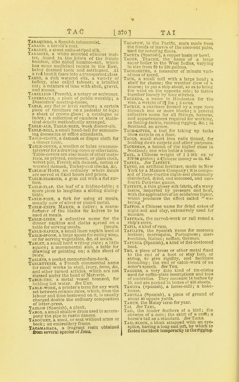 T A C [ 370] TAI Tabaqohro, a Spanish tobacconist., Tabard, a herald's coat. Tabaket, a stout sntiii-atrlped silk. Tabasuir, n white secreted sillciotis mat- ter, lotiml in tlie joints of the female bamboo, also called bamboo-salt, which lias some medicinal repute in the East, being deemed tonic and astringent. At a red lieatit fuses into a transparent glass Tabby, a ricli watered silk, a variety of tallety, also called tabinet; a brindled cat; a mixture of lime with shell, gravel, and stones. Tabeluon (French), a notary or scrivener. Tabernacle, a place of public worship; a Dissenters' meeting-house. Table, any flat or level surface; a certain piece of furniture on a pedestal or legs; a sheet of crown-glass; a catalogue or index; a collection of numbers or statis- tical details methodically arranged. Table-ale, Table-beer, weak dinncr-alc. Table-bell, a small hand-bell for summon- ing domestics or office attendants. Table-cloth, a damask or diaper cloth for a dinner table. Table-cover, a woollen or haize ornamen- tal cover for a drawing-room or other table. Table-covers arc also made of other mate- rials, as printed, embossed, or plain cloth, velvet pile, French silk damask, cotton or worsted damask, Turkey-red checks, &c. Table-d'Hote, an ordinary where meals are served at fixed hours and prices. Table-diamond, a gem cut with a flat sur- face. Table-flap, the leaf of a folding-table; a spare piece to lengthen a sliding dining- tablc. Table-fork, a fork for using at meals, usually now of silver or plated metal. Table-knife Maker, a cutler; a manu- facturer of the blades for knives to be used at meals. Table-linen, a collective name for the dinner napkins and cloths spread on a table for serving meals. [meals. Table-napkin, a small linen napkin used at Table-spoon, a largo spoon for eating soup, or for serving vegetables. <Ssc. at meals. Tablet, a small hard writing plate; a little square; a monumental slab, a table for drawing or painting on; a thin sheet of ivory. Tablets, a pocket memorandum-book. Tabletterie, a French commercial name for small works in shell, ivory, bone, .tec. and other turned articles, which arc not classed under the head of Mereerie. Table-urn, a metal vessel bronzed, for holding hot water. See Urn. Table-work, a printer's term for any work set between column rules, which, from the labour and time bestowed on it, is usually charged double the ordinary composition of letter-press. Tablon (Spanish), a plank. Tabor, a small shallow drum used to accom- pany the pipe in rustic dances. Tabouret, a stool, or seat without arms or back; an embroidery frame. . Taoamahaca, a fragrant resin obtained trota several species of Idea. Tacapow, In the Pacific, mats made from the fronds or leaves of the coco-nut palm, used for coverfag floors. Taceta (Spanish), a copper basin or bowl. Taciie, Teaciie, the name of a large sugar boiler in the West Indies, varying in size from 70 to 150 gallons. Tachometer, a measurer of minute vari- ations of speed. Tack, a small nail with a large head; a shelf for cheese; the weather clew oi a course; to put a ship about, so as to bring the wind on the opposite side; to fasten together loosely by lone stitches. Tackeda, a name in Hindustan for the visa, a weight of Sj lbs. ; 5 sir us. Tackle, a purchase formed by a rope rove through one or more blocks; a general collective name for all fittings, harness, and appurtenances required for working, as fishing-tackle, running rigging, &c.; in Scotland, an arrow. Tack-lifter, a tool for taking up tacks from carprts on a floor. Tacks, small short iron nails tinned, for holding down carpets and other purposes. Tacksman, a tenant of the higher class in Scotland; one who holds a lease. Tael, a Chinese weight of 1 l-5th oz. or 579 84 grains; a Chinese money = Us. sd. Tafeta. See Taffety. Tafeu, an artificial fertilizer, made in New York by a Manure Company: it is compo- sed of three-fourths night-soil chemically disinfected, dried, and screened, and one- fourth Peruvian guano. Taffety, a thin glossy silk fabric, of a wavy lustre, imparted by pressure and heat, with the application of an acidulous liquor, which produces the effect called  wa- tering. Taffoo, a Chinese name for dried cakes of night-soil and clay, extensively used for manure. Taffrail, the carved-work or rail round a ship's stern. Tafia, a kind of rum. Tafiletb, the Spanish name for morocco leather; marroquim, Portuguese; mar- rocchlno, Italian; saffian, German. Tafdrca (Spanish), a kind of flat-bottomed boat. Tag, a piece of brass or other metal fixed to the end of a boot or stay lace, or string, to give rigidity, and facilitate threading; the end or catch-word of an actor's speech. See Teg. Taggers, a very thin kind of tin-plates used for coffin-plate inscriptions and tops of umbrellas. They measure 14 inches by 10, and are packed in boxes of 450 sheets. Tahona (Spanish), a horse-mill; a bake- house. Tahulla (Spanish), a piece of ground or about 40 square yards. Tahun, the Malay term for year. Tai. See Tael. Tail, the hinder feathers of a bird; the obverse of a coin; the skirt of a coat; a horse's tail as a standard. See Tails. Tail-block, a block strapped with an eye- splice, having a long end left, by which to fasten the block temporarily to the rigging.