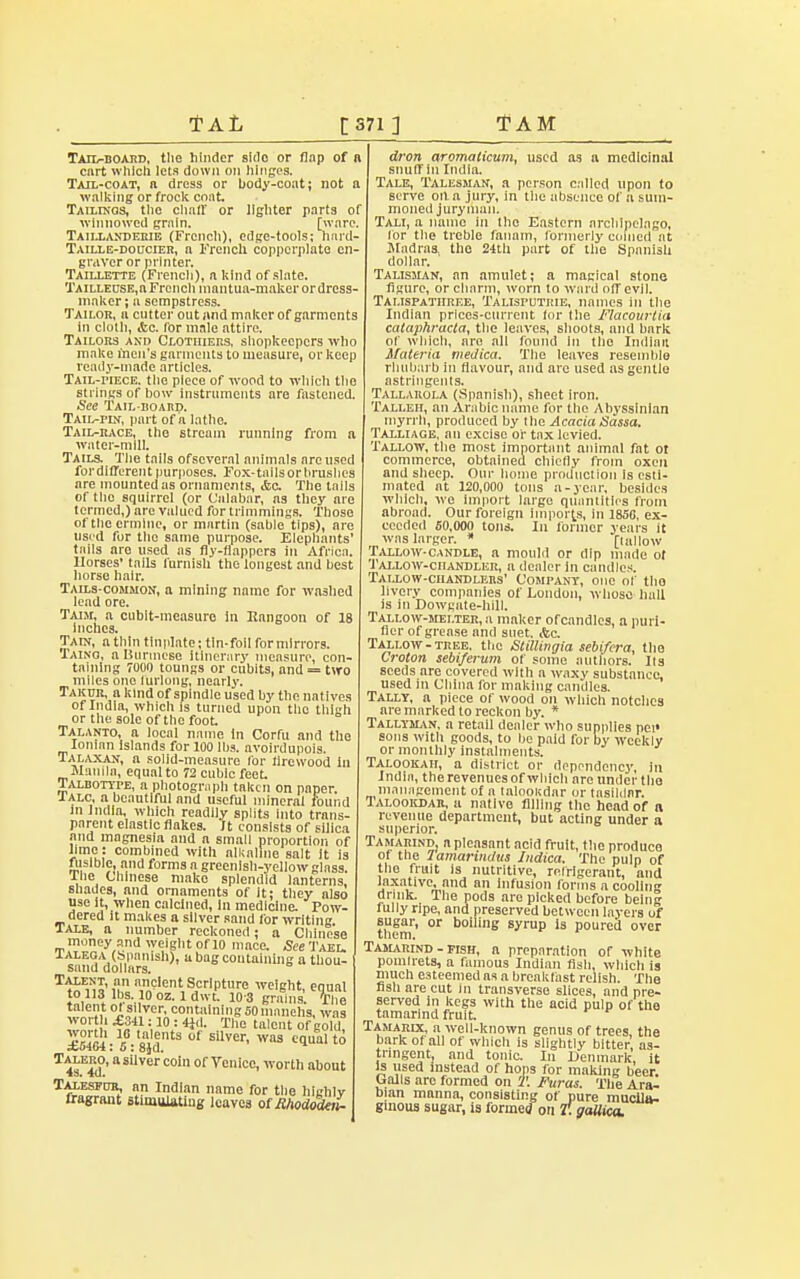 Tail-board, the hinder side or flop of a curt which lets down on hinges. Tail-coat, a dress or body-coat; not a walking or frock coat. Tailings, the chair or lighter parts of winnowed grain. [ware. Taillanderie (French), edge-tools; hard- Taille-doucier, a French copperplate en- graver or printer. Taillette (French), a kind of slate. TAiLLEtrsE,aFrcnch mantua-maker or dress- maker; a sempstress. Tailor, a cutter out and maker of garments In clolh, Ac. for male attire. Tailors and Clothiers, shopkeepers who make men's garments to measure, or keep ready-made articles. Tail-piece, the piece of wood to which the strings of bow instruments are fastened. See Tail-board. Tail-ply, part of a lathe. Tail-race, the stream running from a water-mill. Tails. The tails ofscveral animals aroused fordifferent purposes. Fox-tailsorbrushes are mounted as ornaments, &c The tails of the squirrel (or Calabar, as they are termed,) are valued for trimmings. Those of the ermine, or martin (sable tips), are used for the same purpose. Elephants' tails are used as fly-flappers in Africa. Horses' tails furnish the longest and best horse hair. Tails-common, a mining name for washed lead ore. Taim, a cubit-measure In Eangoon of 18 Inches. Tain, a thin tlnplate; tin-foil for mirrors. Tainq, a Burmese Itinerary measure, con- taining 7000 toungs or cubits, and = two miles one lurlong, nearly. Taker, a kind of spindle used by the natives of India, which Is turned upon the thigh or the sole of the foot Talanto, a local name, in Corfu and the Ionian islands for 100 lbs. avoirdupois. Talaxan, a solid-measure for lircwood in Manila, equal to 72 cubic feet. Talbotype, a photograph taken on paper. Talc, a beautiful and useful mineral found in India, which readily splits into trans- parent elastic flakes. It consists of silica and magnesia and a small proportion of lime: combined with alkaline salt it is fusible, and forms n greenish-yellow glass. Ihe Chinese make splendid lanterns shades, and ornaments of it; they also use it when calcined, In medicine. Pow- dered it makes a silver sand lor writing. u ale, a number reckoned; a Chinese money and weight of 10 mace. See Tail. simdfoHa u bag containing a thou- T^Ei^' ffil '™?lent Scripture weight, equal to lls ibs. l0oz. ldwt. 10-3 grains. The talent of silver, containing 50 manehs, was wor 1 -?241:,10 : 4*'1- T1'e talct of gold, £5464: 5 - 8a}dntS °f Silm' WS C<1U£ t0 T4sE4d' * SUVer COi °f Venico-wolth about Talesfub, an Indian name for the highly fragrant stimulating leaves of RhododeiL dron aromaticum, used as a medicinal snuirin India. Tale, Talesnan, a person called upon to serve oil. a jury, in the absence of a sum- moned juryman. Tali, a name in the Eastern archipelago, lor the treble fanam, formerly coined at Madras, the 24th part of the Spanish dollar. Talisman, an amulet; a magical stone figure, or charm, worn to ward off evil. Tai.ispatiiree, Talisputrie, names in the Indian prices-current lor the Flacourtia cataphructa, the leaves, shoots, and bark of which, are all found In the Indian Materia medica. The leaves resemble rhubarb in flavour, and are used as gentle astringents. Tallarola (Spanish), sheet iron. Talleii, an Arabic name for the Abyssinian myrrh, produced by the Aeacia Sassa. Talliage, an excise or tax levied. Tallow, the most important animal fat ot commerce, obtained chielly from oxen and sheep. Our home production Is esti- mated at 120,000 tons a-year, besides which, we import large quantities from abroad. Our foreign imports, in 1850, ex- ceeded 50,000 tons. In former years it was larger. * Hallow Tallow-candle, a mould or dip made ot Tallow-chandler, a dealer in candles. Tallow-chandlers' Company, one of tho livery companies of London, whose hall is in Dowgate-hill. Tallow-mei.teh, a maker ofcandlcs, a puri- fier orgrcase and suet. Ac. Tallow-tree, the Stillingia sebifcra, the Croton sebiferum of some authors. Its seeds are covered with a waxy substance, used in China ror making candles. Tally, a piece of wood on which notches are marked to reckon by. * Tallyman, a retail dealer who supplies pei* sons with goods, to be paid for by weekly or monthly instalments. Talookah, a district or dependency in India, the revenues of which are under tho management of a talooudar or tasildar. Talookdak, a native tilling tho head or a revenue department, but acting under a superior. Tamarind, a pleasant acid fruit, the produce or the lamarindus ludica. The pulp of the frait Is nutritive, refrigerant, and laxative, and an inrusion forms a cooling drink. The pods are picked before being fully ripe, and preserved between layers of sugar, or boiling syrup is poured over them. Tamarind - pish, a preparation of white pomlrets, a ruinous Indian fish, which is much esteemed as a breakfast relish. The nsli are cut In transverse slices, and pre- served in kegs with the acid pulp of the tamarind fruit. Tamaeix, a well-known genus or trees, the bark of all of which is slightly bitter as- tringent, and tonic. In Denmark it Is used instead of hops for making beer. Galls are formed on T. Furus. The Ara- bian manna, consisting of pure mucila- ginous sugar, is formed on T.gaUica.