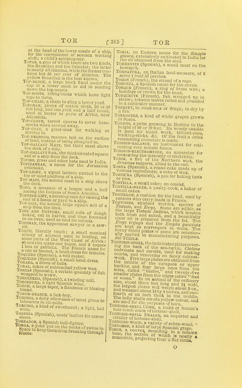 TOE £385 ] TOR at the lie.nl of the lower masts of a shin, lor the convenience of scmncu working aloft; a child's spinning-toy. Topaz a gem of which there arc two kinds, the Brazilian and the Oriental; tho lalter is nearly all alumina, while the former con- tains hut 50 per cent of alumina. The yellow Brazilian is the hest known. lOMLOCK, a large block fixed under the cap ol a lower mast to aid in seudin down tho top-masts, Top-hoots, riding-boots which liavo light tops to them. Top-chain, a chain to sling a lower yard Iopoban, pieces of coitou cloth, 20 or 30 ells long, and one yard and a half broad, used in barter m pans of Africa, near Abyssinia. Top-cloth, tarred canvas to cover ham- mocks when slowed away drivh^ln. fc,rct-C01lt Ibr talking or Toi-.dbessi.no, manure laid on the surface o( land, instead ol being ploughed In. ?hn dnni f V?T' Ul° Uli''d MSt a°™ tiic deck of a ship. T1;:,G^J-A:JTS,AIL. the third elevated square sail ot a ship lrom the deck. TOPIES, grass and other hats used In India arUdSt' 'l a'e '°r U'° Jcn,sa1™' Top-light, 'a signal lantern carried in the toporniastplatformofaship. theMdcSck '° SCC0d ,nSt iu 11 sllip abovo Topo, a measure of a league and a half among the Indians ot SouFli America ?.!,,nIn?;1-J,Fr' olstiProe ful'*<«UB the end ot a boom or yard in a ship. Top-sail, the-second large square sail of a slop lrom the deck. Iops and Bottoms, small rolls of dough hiked, cut in halves, and then browned in an oven, used as food for inr.mts 10PS5IAN, the uppermost sawyer in 'a saw- Toque, literally touch; a small nominal money of account used iTtrading on some parts of the West Coast of Airica • 40 cowries make one toque, and 6 tonics 1 hen or galiinba. The French namifb? a cap or bonnet, a head-dress for e nles ImiUEr.o (Spanish), a veil maker. S' K,10 ^P«'sly, a small head-dress. J oi IAD a, a drove of bulls. n^,RiL' c,a.kes unbleached yellow wax. Toucedero, (Spanish), a twisting mill tairnd. gB tnper' a flau'0^t or blazing Torch-beaker, a link-boy. Iorcida, a daily allowance or meat given tn labourers in oil-mills  cn t0 ToRcrDo, a kind of sweetmeat; a light, bad TXelA (SpaUisl,)' »^^'father foreoarsc Toreador, a Spanish hull-fighter Toria, an Eastern name for the Sinanis glauca, extensively cultivated in India lor the oil obtained from the seed. bo'vsprit (Spaisll)' 11 s,llaU lnast 011 I'1 Tornatuea, an Italian land-measure of 2 acres 1 rood 35 perches. Tokox (French), the strand of a rope J.OBONJA, a Spanish name for the citron iOBQOE (French), a ring of brass wire; a bandage or crown for the head. Torquette (French), fish wrapped up in straw; tobacco leaves rolled and pounded in a particular manner. ?'inFr''° '°aSt orts or druss; to dry by TVn s>iinS' a Wnd of wWt0 erapes grown Torroo, a palm growing in Berbice to tho height of GO or 70 feet. Its woody outside is used tor inlaid work, billiard-cues walking-sticks, &c. Of the fru t a d,nk resembling chocolate is made. lonsioN-BALANCE, an instrument for esti- mating very minute forces. Iorsion-electrometer, an apparatus for i^rt'lf the intensity of electricity? TciRSh, a fish of the Northern seas, tho ,v^ °s,'^smfgans' Hied to the cod. Iuria (Spanish), a round cake made un of various ingredients; a cake of wax ofplc:' (Swwls>- aPa 'or baking tarts t^!l,'a' a smaU cak°i a omelet s!naf,LcArkeAsKEK'  a °akcr of ToRmLON, a cushion for the head, used by persons who carry loads in France Tortoises, shielded reptiles, species of Z«««fo, and Emys. Some are edible- as \n» a?Sa,Testu,d0 Indk«s< which seaten clear oif i,'1^ salte,d.,ai!d a beautiful™ *w. -s Prepared from tho fat Tim a?eVn7T ad th0 £Jda « are kept as scavengers in wells Tho horny shield plates ot some are occasion! S^T&i 10 ^'^turing0 pose's. Tb1,'J0,Ih^s,nii¥ th-e 'mbrlcated plates cover- ing the back of the sea-turtle r/,/inL Thi i'iP1 a„,nc>> thick in the mkuile arS! • , 'S nreofa yeUow colour, aiid t^IL f0' thc Purposes of horn semicircle, projectingfromtflatS O