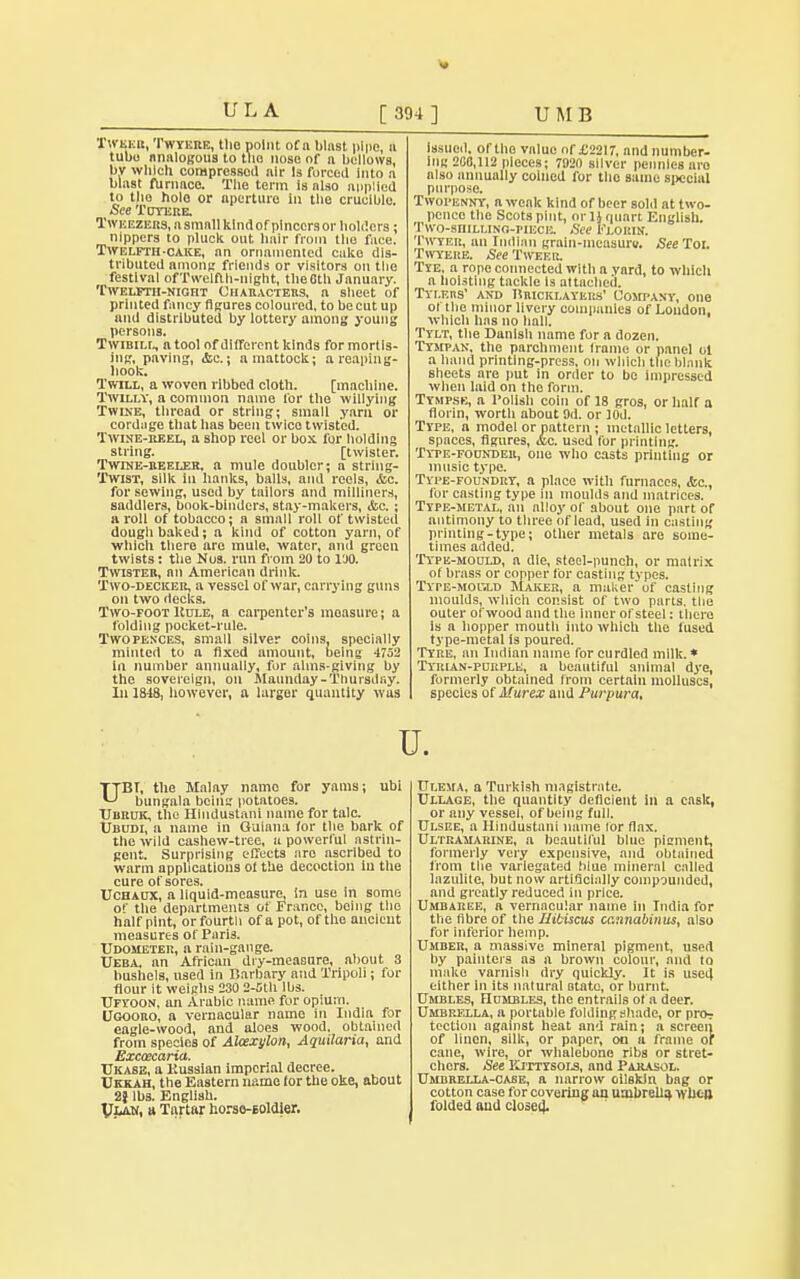 ULA Twkku, Twyere, the point of a blast pipe, u tubu analogous to the noso of a bellows, bv which compressed air Is forced into a blast furnace. The term Is also applied to the hole or aperture in the cruciblo. See Tuyere. Tweezers, a small kindof pincers or holders; nippers to pluck out hair from the face. Twelfth-cake, an ornamented cako dis- tributed anions friends or visitors on the festival of Twelfth-night, theCth January. Twelfth-night Characters, a sheet of printed fancy figures coloured, to be cut up and distributed by lottery among young persons. Twibill, a tool of different kinds for mortis- ing, paving, (Jsc. j a mattock; a reaping- hook. Twill, a woven ribbed cloth. [machine. Twilly, a common name for the willying Twine, thread or string; small yarn or cordage that has been twice twisted. Twine-ueel, a shop reel or box for holding string. [twister. Twine-reeler. a mule doublor; a string- Twist, silk iu hanks, balls, and reels, &c. for sewing, used by tailors and milliners, saddlers, book-binders, stay-makers, &c.; a roll of tobacco; a small roll of twisted dougli baked; a kind of cotton yarn, of which there are mule, water, and green twists: the Nos. run from 20 to l'JO. Twister, an American drink. Two-decker, a vessel of war, carrying guns on two decks. Two-foot Kule, a carpenter's moasure; a folding pocket-rule. Twopences, small silver coins, specially minted to a fixed amount, being 4752 In number annually, for alms-giving by the sovereign, on Maunday-Thursday. Iu 1848, however, a larger quantity was Issued, of the value of £2217, and number- ing 200,112 pieces; 7920 silver pennies are also annually coined for the same special purpose. Twopenny, a weak kind of beer sold at two- pence the Scots pint, or 1} quart English. Two-sniLi.iNr.-riECE. See Florin. TwYEE, an Indian grain-measuru. See Tor. Twyere. See Tweer. Tye. a rope connected with a yard, to which a hoisting tackle is attached. Tylers' and Bricklayers' Company, one of the minor livery companies of Loudon, which lias no hall. Tylt, the Danish name for a dozen. Tympan, the parchment frame or panel ol a hand printing-press, on which the blank sheets are put in order to be impressed when laid on the form. Tympse, a Polish coin of 18 gros, or half a florin, worth about 9d. or 10d. Type, a model or pattern ; metallic letters, spaces, figures, &c. used for printing. Tyte-focnder, one who casts printing or music type. Type-foundry, a place with furnaces, &c, for casting type in moulds and matrices. Type-metal, an alloy of about one part of antimony to three of lead, used in casting printing-type; other metals are some- times added. Type-mould, a die, steel-punch, or matrix of brass or copper for casting types. Type-moisld Maker, a maker of casting moulds, which consist of two parts, the outer of wood and the inner ol'steel: there is a hopper mouth into which the fused type-metal is poured. Tyre, an Indian name for curdled milk. * Tyrian-purple, a beautiful animal dye, formerly obtained from certain molluscs, species of Murex and Purpura, u. UBI, the Malay name for yams; ubi bungala being potatoes. Ubruk, the Hindustani name for talc. Ubcdi, a name in Guiana for the bark of the wild cashew-tree, a powerful astrin- gent. Surprising effects are ascribed to warm applications ol the decoction iu the cure of sores* Uchaux, a liquid-measure, in use in some of the departments of France, being the half pint, or fourth of a pot, of the ancient measures of Paris. Udometer, a rain-gauge. Ueba. an African dry-measure, about 3 bushels, used in Barbary and Tripoli; for flour it weighs 230 2-5th lbs. TJfyoon, an Arabic name for opium. Ugooro, a vernacular name in India for eagle-wood, and aloes wood, obtained from species of AUexylon, Aquilaria, and Ukase, a Kussian imperial decree. Ukkah, the Eastern name lor the oke, about 2J lbs. English. Ulan, a Tartar horse-soldier. Ulema, a Turkish magistrate. Ullage, the quantity deficient in a cask, or any vessel, of being full. Ulsee, a Hindustani name lor flax. Ultramarine, a beautiful blue pigment, formerly very expensive, and obtained from the variegated blue mineral called lazulitc, but now artificially compounded, and greatly reduced in price. Umbaree, a vernacular name in India for the fibre of the Hibiscus cannabinus, also for inferior hemp. Umber, a massive mineral pigment, used by painters as a brown colour, and to make varnish dry quickly. It is used either in its natural otate, or burnt. Umbles, Humbles, the entrails of a deer. Umbrella, a portable foldingstliade, or pro? tection against heat and rain; a screen of linen, silk, or paper, on a frame of cane, wire, or whalebone ribs or stret- chers. See P^pttysols, and Parasol. Umbrella-case, a narrow oilskin bag or cotton case for covering an umbrella when folded and closed.