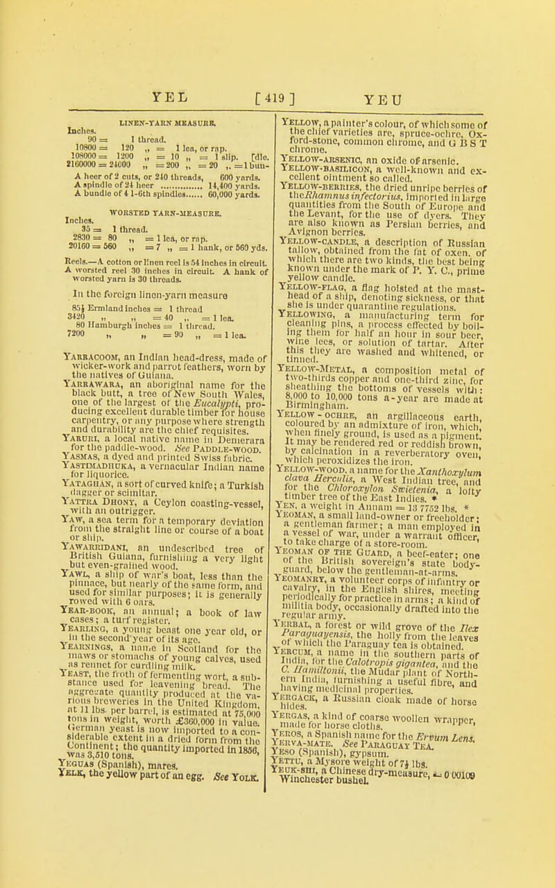 TEL [419] YEU LINES-TARN MEASURE. Inches. 90 = I thread. 10800 = 120 „ = lion, or nip. 108000 : 121)0 „ = 10 „ =1 slip. [die. 2160000 = 24000 „ =200 „ =20 „=lbuu- A heer of 2 cuts, or 240 threads, 600 yards. A spindle of 24 heer 14,400 ynrds. A bundle of 4 1-G'th spindles 60,000 yards. WORSTED TARN-MEASURE. Inches. 35 = 1 thread. 2830 = 80 „ =1 lea, or rap. 20100 = 560 „ = 7 „ = 1 hank, or 560 yds. Reels.—A cotton or Knen reel is 54 Inches in circuit A worsted reel .30 inches in circuit. A hank of worsted yarn is 30 threads. Iii the foreign linon-yarn measure 85J Ermland inclios = 1 thread 3*20 = 40 „ = 1 lea. 80 Hamburgh inches = 1 thread. 7200 „ „ =80 „ =lloai Yarracoom, an Indian head-dress, made of wicker-work and parrot feathers, worn by the natives of Guiana. Yarrawara, an aboriginal name for the black butt, a tree of New South Wales, one of the largest of the Eucalypti, pro- ducing excellent durable timber lor bouse carpentry, or any purpose where strength and durability are the chief requisites. Yaruri, a local native name in Denierara for the paddle-wood. See Paddle-wood. Yasmas, a dyed and printed Swiss fabric. YASTLMADnuKA, a vernacular Indian name for liquorice. Yataghan, a sort orcurved knife; a Turkish dagger or scimitar. Yattra Dhont, a Ceylon coasting-vessel, with an outrigger. Yaw, a sea term for a temporary deviation from the straight line or course of a boat or ship. Yawarridani, an undescrlbcd tree of British Guiana, furnishing a very li»ht but even-grained wood. Yawl, a ship of war's boat, less than the pinnace, but nearly of the same form, and used for similar purposes; it is generally rowed with 0 oars. Year-book, an annual; a book of law cases; a turf register. Yearling, a young beast ono year old or in the second year of its ago. Yearnings, a name in Scotland for the maws or stomachs of young calves, used as rennet for curdling milk. 1 east, the froth of fermenting wort, a sub- stance used for leavening bread. The aggregate quantity produced at the va- rious breweries in the United Kingdom, fit 11 lbs. per barrel, is estimated at 75 Don tons in weight, worth £300,000 in value Herman yeast is now imported to a con- side able extent in a dried form from the wa 3 610 tons0 auantlt->' imP°r'c<l 'n 1850, Yeguas (Spanish), mares. Yelk, the yellow part of an egg. See Yolk, Yellow, a painter's colour, of which some of the chief varieties are, spruce-ochre, Ox- ford-stone, common chrome, and GUST chrome. Yellow-arsenic, an oxide of arsenic. Yellow-basilicon, a well-known and ex- cellent ointment so called. Yellow-berries, the dried unripe berries of UKEhamnusinfectorius, Imported in largo quantities from the South of Europe and the Levant, for tiie use of dyers. They are also known as Persian berries, and Avignon berries. Yellow-candle, a description of Russian tallow, obtained from the lat of oxen of which there are two kinds, the best being known under the mark of P. Y. C, prime yellow candle. Yellow-flag, a flag hoisted at the mast- head of a ship, denoting sickness, or that she is under quarantine regulations. Yellowing, a manufacturing term for cleaning pins, a process effected by boil- ing them tor half an hour in sour beer wine lees, or solution of tartar. Alter this they are washed and whitened, or tinned. ' Yellow-Metal, a composition metal of two-thirds copper and one-third zinc, for sheathing the bottoms of vessels with • 8.000 to 10,000 tons a-year are made at Birmingham. Yellow - ochre, an argillaceous earth, coloured by an admixture of iron, which, when finely ground, is used as a pigment. It may be rendered red or reddish brown, by calcination in a reverberatory oven which peroxidizes the iron. ' Yellow-wood a name for the Xanthoxylum clava Herculis, a West Indian tree, and lor the CMoroxylon Swietenia, a loftv timber tree of the East Indies. » Yen. a weight in Annum = 13 7752 lbs * 1 eoman, a small land-owner or freeholder ■ a gentleman farmer; a man employed iii a vessel of war, under a warrant officer, to take charge of a store-room. ' ieoman of me Guard, a beef-eater; one of the British sovereign's stute body- guard, below the gentlemnn-at-arms. ieomanry, a volunteer corps of infantry or cavalry, in the English shires, meeting periodically for practice in arms; .1 kind of militia body, occasionally drafted into the regular army. Yerbal, a forest or wild grovo of the Ilex n?laSy.V's'f; tne boy from U>e 'eaves of which the Paraguay tea is obtained. iercum, a name in the southern parts of r rrA^mtl%C^ot^?P^Bigantea, and the C. IJaimltonu, the Mudar plant of North- ern India, furnishing a useful fibre, and having medicinal properties. WdcsCK' a Eusslaa cloak ma(le of horse Yergas, a kind of coarse woollen wrapper made for horse cloths. <«i'pcr, Yeros, a Spanish name for the Ervum Lens Yerva-mate See Paraguay Tea! 1 eso (Spanish), gypsum. 1 ettu, a Mysore weight of 7} lbs.