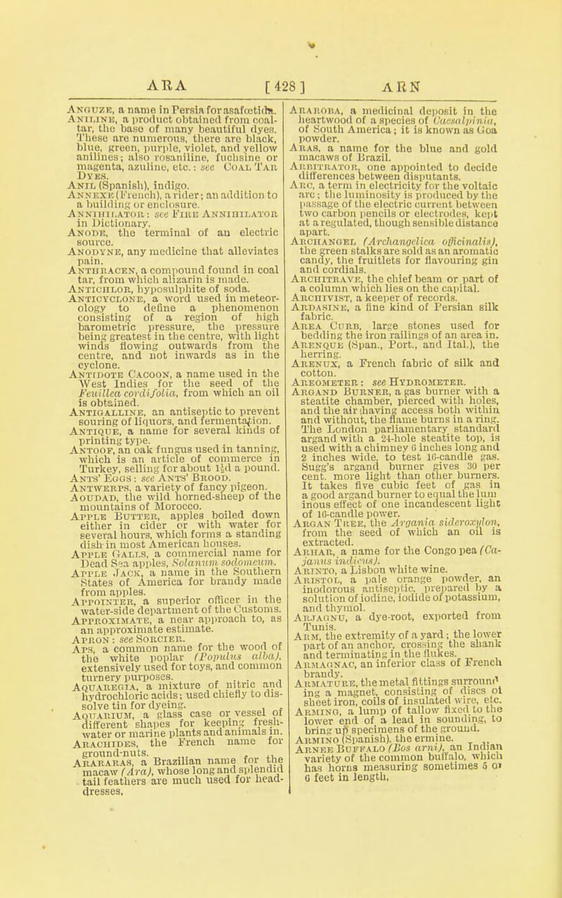 ARA [428] ARN A.1TQ (JZB, a name in Persia for asafcetid*. Aniline, a product obtained from coal- tar, the base of many beautiful dyes. These are numerous, there are black, blue, green, purple, violet, and yellow anilines; also rosaniline, fuchsine or magenta, azuline, etc.: see Coal Tar lives. Anil (Spanish), indigo. ANNEXE (French), arider; an addition to a building or enclosure. Anniiii i.ator : see Fire Anniiiilatoii in Dictionary. Anode, the terminal of an electric source. Anodyne, any medicine that alleviates pain. Antiiracen, a compound found in coal tar, from which alizarin is made. Anticiilor, hyposulphite of soda. Anticyclone, a word used in meteor- ology to define a phenomenon consisting of a region of high barometric pressure, the pressure being greatest in the centre, with light winds flowing outwards from the centre, and not inwards as in the cyclone. Antidote Cacoon, a name used in the West Indies for the seed of the Feuillea cordi folia, from which an oil is obtained. Antigalline, an antiseptic to prevent souring of liquors, and fermentation. Antique, a name for several kinds of printing type. Antoof, an oak fungus used in tanning, which is an article of commerce in Turkey, selling for about lid a pound. Ants' Eggs : see Ants' Brood. Antwerps. a variety of fancy pigeon. Aoudad, the wild horned-sheep of the mountains of Morocco. ArPLE Butter, apples boiled down either in cider or with water for several hours, which forms a standing dish in most American houses. Apple Galls, a commercial name for Dead Sea apples, Solanum sodomewm. Apple .Tack, a name in the Southern States of America for brandy made from apples. . Appointer, a superior ofliccr in the water-side department of the Customs. Approximate, a near approach to, as an approximate estimate. Apron : see Sorcier. Ars, a common name for the wood of the white poplar (Populus alba), extensively used for toys, and common turnery purposes. . Aquaregia, a mixture of nitric and hydrochloric acids; used chiefly to dis- solve tin for dyeing. Aquarium, a glass case or vessel pf different shapes for keeping fresh- water or marine plants and animals in. Araouides, the French name for ground-nuts. , Arararas. a Brazilian name fra the macaw (Ara), whose long and splendid tail feathers are much used for head- dresses, Araroba, a medicinal deposit in the heartwood of a species of Oaesalpinia, of South America; it is known as Uoa powder. Aras, a name for the blue and gold macaws of Brazil. Arbitrator, one appointed to decide differences between disputants. A RO, a term in electricity for the voltaic arc; the luminosity is produced by the passage of the electric current between two carbon pencils or electrodes, kept at a regulated, though sensible distance apart. Archangel (Archanadica officinalis}, the green stalks are sold as an aromatic candy, the fruitlets for flavouring gin and cordials. Architrave, the chief beam or part of a column which lies on the capital. AncnivisT, a keeper of records. Ardasine, a fine kind of Persian silk fabric. Area Curb, large stones used for bedding the iron railings of an area in. Arencjue (Span., Port., and Ital.), the herring. Arenux, a French fabric of silk and cotton. Areometer : see Hydrometer. Argand Burner, a gas burner with a steatite chamber, pierced with holes, and the air '.having access both within and without, the name burns in a ring. The London parliamentary standard argand with a 24-hole steatite top, is used with a chimney o inches long and 2 inches wide, to test ic-candle gas. Sugg's argand burner gives 30 per cent, more light than other burners. It takes five cubic feet of gas in a good argand burner to eqnal the lum inous effect of one incandescent light of Ki-candle power. Argan Tree, the Argania sidcroxylon, from the seed of which an oil is GX-tl'itC ted Arhar, a name for the Congo pea (Ca- janus vndieus). A r.1 nto, a Lisbon white wine. Viustol, a pale orange powder, an inodorous antiseptic, prepared by a solution of iodine, iodide of potassium, and thymol. , , Arjagnu, a dye-root, exported from Tunis. , . , Arm, the extremity of a yard; the lower part of an anchor, crossing the shank and terminating in the flukes. Aumagnac, an inferior class of French brandy. ' ... > Arm ature, the metal fittings surronnc1 ing a magnet, consisting of discs ol sheet iron, coils of insulated wire, etc. Arming, a lump of tallow fixed to the lower end of a lead in sounding, to bring up specimens of the grouud. Armino (Spanish), the ermine. APvNee Buffalo (Bos arm), an Indian variety of the common buffalo, which has horns measuring sometimes 5 oi