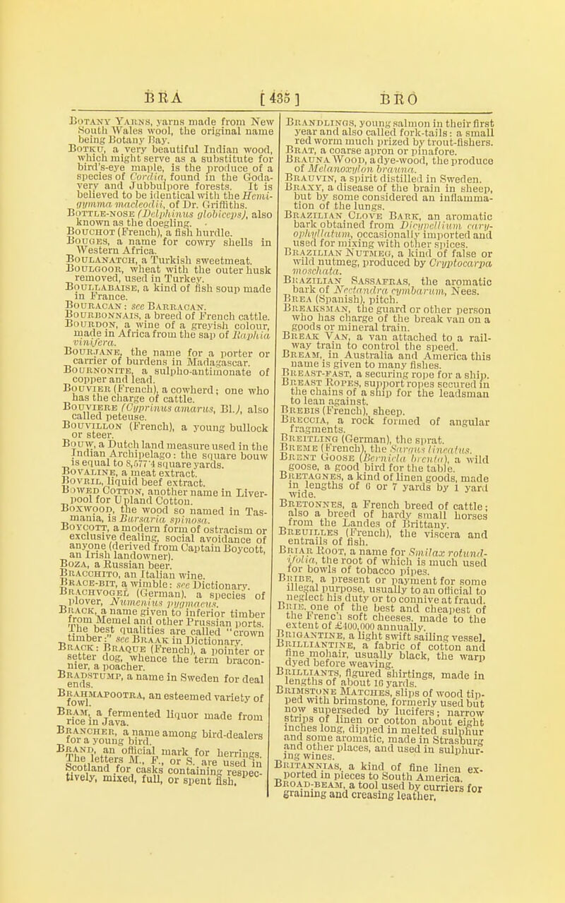 Botany Yarns, yarns made from New South Wales wool, the original name being Botanjf I!ay. Botku, a very beautiful Indian wood, which might serve as a substitute for bird's-eye maple, is the produce of a species of Cordia, found in the Goda- very and Jubbulpore forests. It is believed to be identical with the Herni- al/mma macleodii, of Dr. Griffiths. Bottle-nose (Delphvnus globiecps), also known as the doegling. • Bouchot (French), a fish hurdle. Bouges, a name for cowry shells in Western Africa. Bouxanatch, a Turkish sweetmeat. Boulgoor, wheat with the outer husk removed, used in Turkey. Boullabaise, a kind of fish soup made m France. Boukacan: sec Barracan. Boureonnajs, a breed of French cattle. Bourdon, a wine of a greyish colour, made m Africa from the sap of Bxvahia mnitfera. Bourjane, the name for a porter or carrier of burdens in Madagascar. Bournonite, a sulpho-antimonate of copper and lead. Bouvier (French), a cowherd; one who has the charge of cattle. BouyiERE (Oyprimts amiarus, BIJ, also called peteuse. Bouvillon (French), a young bullock or steer. Bouyv, a Dutch land measure used in the Jndian Archipelago: the square bouw is equal to s,r,r7--l square yards. Bo valine, a meat extract. Bovril, liquid beef extract. Bowed Cotton, another name in Liver- pool for U pland Cotton. Boxwood, the wood so named in Tas- mania, is BiiTSBtTiOi spinosa Boycott, a modern form of ostracism or exclusive dealing, social avoidance of anyone (derived from Captain Boycott, an Irish landowner). Boza, a Russian beer. Bracchito, an Italian wine. Brace-bit, a wimble: .s^e Dictionary. Brachvogel (German), a species of Plover, Mumenius pygmaeus. Brack, a name given to inferior timber from Memel and other Prussian ports. Ihe best qualities are called crown timber: sec Braak in Dictionary. „Y?K: BliA-W,E (French), a pointer or setter dog, whence the term bracon- nier, a poacher. ends TUMP' a name in Sweden for deal Bfo\vl5IAP°OTEA' an esteemetl variety of B?icerinajfaevTented Uquor made from Bfo^aCyoEungabirdle am0Dg bM-dea^ BTtaIi'0fan °?rciaK mavk for herrings. wi^rt6? M- ?- or S- are used in Scotland for casks containing respec- tively, mixed, full, or spent Hsn. 1 Brandlings, young salmon in their first year and also called fork-tails: a small red worm much prized by trout-Ushers. Brat, a coarse apron or pinafore. BraunaAVood, adye-wood, the produce of Mclanoxylon braimn. Brau vin, a spirit distilled in Sweden. Braxy, a disease of the brain in sheep, but by some considered an inflamma- tion of the lungs. Brazilian Clove Bark, an aromatic bark obtained from Dicypcttium cary- ophyllatum, occasionally imported and used for mixing with other spices. Brazilian Nutmeg, a kind of false or wild nutmeg, produced by Cniptocarpa moschata. Brazilian Sassafras, the aromatic bark of Nectandra rynibarum, Nees. Urea (Spanish), pitch. Breaksman, the guard or other person who has charge of the break van on a goods or mineral train. Break Van. a van attached to a rail- way train to control the speed. Bream, in Australia and America this name is given to many fishes. Breast-fast, a securing rope for a ship. Lreast Ropes, support rones secured in the chains of a ship for ihe leadsman to lean against. Brebis (French), sheep. Breccia, a rock formed of angular fragments. Breitling (German), the sprat. Breme (French), the Saraus Uncaius Brent Goose (Bernicla brmta), a wild goose, a good bird for the table. dketacnes, a kind of linen goods, made m lengths of 0 or 7 yards by 1 yard wide. Bretonnes, a French breed of cattle ■ also a breed of hardy small horses from the Landes of Brittany Breuilles (French), the viscera and entrails of fish. Briar Root, a name for Smilax rotuml- ifoha, the root of which is much used for bowls of tobacco pipes. Bribe, a present or payment for some illegal purpose, usually to an official to neglect his duty or to connive at fraud. i.riu one of the best and cheapest of the F renc i soft cheeses, made to the extent of £400,000 annually. Brig antine, a light swift sailing vessel. l.nii.LiANTiNE, a fabric of cotton and fine mohair, usually black, the warp dyed before weaving. Brilliants, figured shirtings, made in lengths of about 10 yards. Brimstone Matches, slips of wood tip. ped with brimstone, formerly used but now superseded by lucifers; narrow strips of lmen or cotton about eight inches long, dipped in melted sulphur and some aromatic, made in Strasburg and other places, and used in sulphur- ing wines. Britannias, a kind of fine linen ex- ported in pieces to South America broad-beam, a tool used by curriers for graining and creasing leather,
