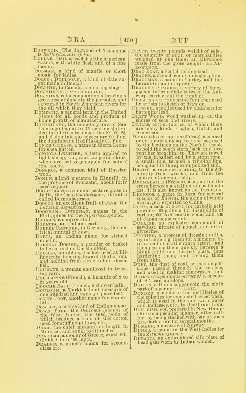 1) R A [ 450] Dogwood. The dogwood of Tasmania is Bedfordia rutici folia. Dollar Fish, a sea'fish of the American waters, with white flesh and of a line flavour. Dolman, a kind of mantle or short cloak, for ladies. Doloo : Dui.LOOAir, a kind of date su- gar made in Bengal. Dolphin, in Canada, a mooring stage. DoLrniN Oil: sec Doegling. DoLririNS, cetaceous animals bearing a great resemblance to the porpoise, and captured in South American rivers for the oil which they yield. Domestic, a general term in the United States for all goods and produce of home growth or manufacture. Dominioano, the monetary unit of San Domingo (equal to 75 centimes) divi- ded into loo centesimos; the 100, 60, 25, and 5 dominicano pieces are ooo fine, the dominicano itself is only 835 fine. Doneii Urease, a name in Sierra Leone for shea butter. Dongola Leather, a term applied to light sheep, kid, and kangaroo skins, when dressed very supple for ladies fine goods. Donskoi, a common kind of Eussian wool. Donun, aland measure in Kiuprili, in the province of Monaster, about forty paces square. Doob Grass, a common pasture grass in India, the Cynodon dadylon; it is also called Bermuda glass. Doocoo, an excellent fruit of Java, the Lansium domcsticum. Doogiian : Dunghan, names in the Philippines for the Myristua spwia. Dookan, a shop or stall. Dopatta, an Indian scarf. Doppel Centner, in Germany, the me- trical quintal of 2 cwt. DokiAj an Indian name for striped rnuslin. Doksel: Dosser, a pannier or basket to be carried on the shoulder. Double, an oblong basket used at Bil- lingsgate, tapering towards the bottom, and holding from three to four dozen fiBU- , , . . • . Doublee, a woman employed m twist- ing yam. Doublonne (French), a he mule of 2 to 2i years old. Douche Bath (French, a shower-bath. Douloum, a Turkish land measure of one hundred and twenty square feet. Dove's Foot, another name for crane s- Dowloa, a coarse kind of Indian sugar. Down Thee, the Otliroma lagopiis of the West Indies, the seed pods of which produce a kiud of silk cotton used for stuffing pillows, etc. . Dbaa, the chief measure of length in Morocco, and equal to 2lh inches. Drachma, a money of Greece, worth Oct., divided into loo lepta. Dbadoe, a miner's name for second- class ore. Draft, twenty pounds weight of eels; the quantity or grain or merchandise weighed at one time; an allowance made from the gross weight: see Al- lowance. Drag Boat, a Scotch fishing boat. Dragee, a French comllt or sugar-plum. DRAGOMAN, a name in Turkey and the Levant for an Interpreter. Dragon : Dragoon, a variety of fancy pigeon, intermediate between the Ant- werp carrier and the tumbler. Drawings, a trade name for paper us ed by artists to sketch or draw on. Dresser., a mallet used by plumbers for flattening lead. Drift Wood, wood washed up cn the shores of seas and livers. Drills, cotton fabrics, of which there are many kinds, Fuglish, Dutch, and American. Drogue (a corruption of drag), a conical or extinguisher-shape canvas bag, used by the boatmen on the Norfolk coast, to hold the boat's stern back, and pre- vent her broaching to. They are towed by the broadest end by a stout rope; a small line, termed a tripping line, being fast to the apex or pointed end. Droits, a revenue accruing to the Ad- miralty from wrecks, and from the capture of enemies' ships. Dromadaire (French), a name for the cross between a stallion and a female ass; it is also known as the bardeaux. Drongos, a name in Java for several species of Edolius, the skins of which are largely exported to China. Drum, a cask of 2 cwt. for carbolic acid powder; 02 gallons for bisulphide of carbon; 000lb of caustic soda; and 51b of Japan peppermint. Dualine, an explosive compound of sawdust, nitrate of potash, and nitro- glycerine. . Duching, a process of dressing quills, by introducing them for a moment in- to a redhot earthenware retort, and then passing them quickly between a blunt knife and heated plate, thus hardening them, and freeing them from skin. Duff, the dust of coal, or the fine por- tions passing through the Ecreens, and used in making compressed fuel. Duiker (Cephaloims mergensj, a species of African antelope. . Duiten, a Dutch copper coin, the sixth part of a penny: see Doit. , D under, a name in the distilleries pf the colonies for exhausted sweet wash, which is used in the vats, with water and molasses, etc., to distil rum from. Dun Fish, cod prepared in New Hamp- shire in a peculiar manner, after salt- ing, by being stacked with hay or glass in a dark store for several months. Dunker, a measure of Norway. Dunks, a name in the West Indies for the Zisuphus jwuba. ..... , Dupatta, an embroidered sdk piece ot head-gear worn by Indian women.