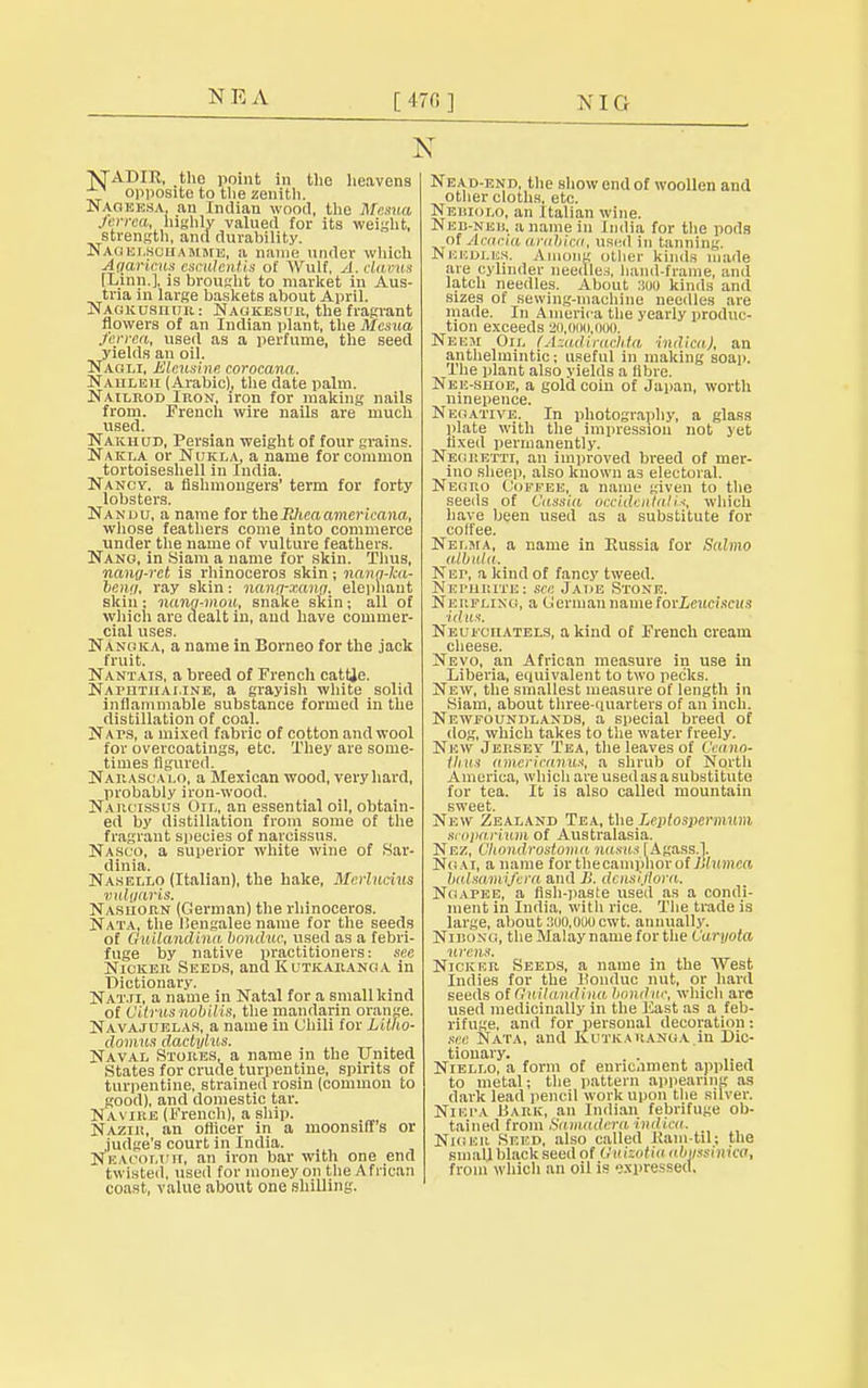 NEA [ 470 ] NIG X ATADIR, the point in the heavens ~. opposite to the zenith. Naoeesa. an Indian wood, the Mi-xna ferrea, highly valued for its weight, strength, and durability. NagelHohamme, a name under which Agwricus eseulentis of Wulf, A. claims [Linn.], is brought to market in Aus- tria in large baskets about April. Nagkusiiur; Nagkesur, the fragrant flowers of an Indian plant, the Mesua ferrca, used as a perfume, the seed yields an oil. Nagli, Eleusine corocana. Nauleu (Arabic), the date palm. Nailrod Iron, iron for making nails from. French wire nails are much used. Nakhud, Persian weight of four grains. Nakla or Nukla, a name for common tortoiseshell in India. Nancy, a fishmongers' term for forty lobsters. Nandu, a name for theEheaamericana, whose feathers come into commerce under the name of vulture feathers. Nang, in Siam a name for skin. Thus, nang-ret is rhinoceros skin ; nang-ka- beng, ray skin: nang-xang. elephant skin: nang-mou, snake skin; all of which are dealt in, and have commer- cial uses. Nangka, a name in Borneo for the jack fruit. Nantais, a breed of French cattje. Naphthaline, a grayish white solid inflammable substance formed in the distillation of coal. Nats, a mixed fabric of cotton and wool for overcoatings, etc. They are some- times figured. N arasca lo, a Mexican wood, very hard, probably iron-wood. Narcissus Orx, an essential oil, obtain- ed by distillation from some of the fragrant species of narcissus. Nasco, a superior white wine of .Sar- dinia. Nasello (Italian), the hake, Merlucius vulgaris. Nasiiorn (German) the rhinoceros. Nata, the liengalee name for the seeds of Guilandina bonduc, used as a febri- fuge by native practitioners: see Nicker Seeds, and K utkaranga in Dictionary. Nat.ti, a name in Natal for a small kind of Citrus nobilis, the mandarin orange. Navajuelas, a name in Chili for Litiio- domus dactylus. Naval Stores, a name in the united States for crude turpentine, spirits of turpentine, strained rosin (common to good), and domestic tar. Navire (French), a ship. Nazik, an officer in a moonsiff's or judge's court in India. Neacoi.UH, an iron bar with one end twisted, used for money on tlie African coast, value about one shilling. Nead-end, the show end of woollen and other cloths, etc. Nehiolo, an Italian wine. Neb-neb, a name in India for the pods of Acacia arabica, used in tanning. Needles. Among other kinds made are cylinder needled, hand-frame, and latch needles. About sou kinds and sizes of sewing-machine needles are made. In America the yearly produc- tion exceeds 20,000,000. Neeji Oil (Azadiraclita indiea), an anthelmintic; useful in making soap. The plant also yields a fibre. Nee-shoe, a gold coin of Japan, worth ninepence. Negative. In photography, a glass plate with the impression not yet fixed permanently. Negretti, an improved breed of mer- ino sheep, also known as electoral. Negro Coffee, a name given to the seeds of Cassia occidental Li, which have been used as a substitute for coffee. Nelma, a name in Russia for Sulmn albula. Nur, a kind of fancy tweed. Nephrite : sen Jade Stone. Nerfling, a German name torLeuciscus id its. Neui'ciiatels, a kind of French cream cheese. Nevo, an African measure in use in Liberia, equivalent to two pecks. New, the smallest measure of length in Siam, about three-quarters of an inch. Newfoundlands, a special breed of dog, which takes to the water freely. New Jersey Tea, the leaves of Ceano- thus americanus, a shrub of North America, which are used as a substitute for tea. It is also called mountain sweet. New Zealand Tea, the Leptospermmu sropariwm of Australasia. Nez, Chondrostoma nasus I Agass.l. Ngai, a name for the camphor of Slumea bcdsamiifera and B. densijlora. Ngapke, a fish-paste used as a condi- ment in India, with rice. The trade is large, about 300,000cwt. annually. NmoNG, the Malay name for the Caryota ureas. Nicker Seeds, a name in the West Indies for the Konduc nut, or hard seeds of Guilandina haul nr. which are used medicinally in the East as a feb- rifuge, and for personal decoration: sec Nata, and Kutkauanga in Dic- tionary. . . ,. , Niello, a form of ennc.iment applied to metal; the pattern appearing as dark lead pencil work upon the silver. Niepa Bark, an Indian febrifuge ob- tained from Samaderaindica. Niger Seed, also called Ram-til; the small black seed of Uitizotia abussinita, from which an oil is expressed.