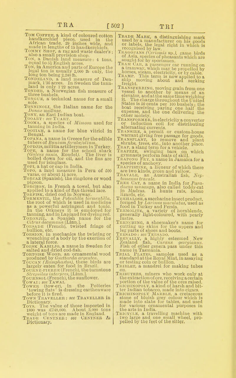 TEA [502 ] TRI Tost Coffee, a kind of coloured cotton handkerchief piece, used iu the African trade, 20 Inches wide, and made in lengths of 16 handkerchiefs. Iomm v .Shot, a rag ami waste dealer's • also a small provision shop. Ton, a Danish land measure: >l tons, equal to 5i English acres. Ton, in America and parts of Europe the legal ton is usually 2,(J00 lb only, the long ton being 2,240 lb, Tondeland, a land measure of Den- mark, r3(i acres. In Sweden the tumi- land is only l-22 acres. Tonder, a Norwegian rish measure of three bushels. Tongue, a technical name for a small sole. Tonninoli, the Italian name for the Donax mollusc. Tony, an Jiast Indian boat. Tooap.t: see Tu art. Tooma, a species of Mimosa used for tanning in India. Tootiah, a name for blue vitriol in Bengal. To pan a, a name in Oreece for the edible tubers of JiuniumferuUr/olhoii. TorDJis, militia artillerymen in Turkey. Tope, a name for the school shark (Galeus canis, Rondel/ The liver is boiled down for oil, and the fins are used for isinglass. Tom, a hat or cap in India. Topo, a land measure in Peru of GOO varas, or about li acre. Torcaz (Spanish), the ringdove or wood pigeon. ToilOHOir, in French a towel, but also applied to a kind of flax-thread lace. TottFISK, dried cod in Norway. Tormentil, the 1'otcntiUn tormentilla, the root of which is used in medicine as a powerful astringent and tonic. In the Orkneys it is employed for tanning, and in Lapland for dyeing red. ToitoNjiL, a Spanish name for the Vitrm cleeumana [Linn.]. Tonsabe (French), twisted fringe of bullion, etc. Tousion, in mechanics the twisting or wrenching of a body by the exertion of a lateral force. Toiisk Kabii.jo, a name in Sweden for salted and dried cod-fish. Tortoise Wood, an ornamental wood produced by Uitettarda argentea. Toucan (SamphastonJ, these birds are largely eaten for food in Brazil. ToUllNE-Pl ekke (French), the tumstoue Strepsilas interprets. [Linn.l. Tournsol (French), the sunflower. Towai : see Tawai. Tower (tow-er), in the Potteries 'towing flats' is dressing earthenware before it is fired. Town Traveller: see Traveller in Dictionary. Toys. The value of tiiose imported in 1800 was £748,000. About 8,000 tons weight of toys are made in England. TttA.DE Centseiis see Centner Ai Dictionary. Trade Mark, a distinguishing mark used by a manufacturer on his goods or labels, the legal right iu winch is recognised by law. ritAoopANs (Cerlomis spj, game birds oi Asm, species of pheasants which are sought lor by sportsmen. Iram Cam, a passenger car running on a tramway, winch may be propelled by horses, steam, electricity, or by cable. Iramp. i'his term is now applied to a ship moving about and seeking freight. Transferring, moving grain from one vessel to another by means of an elevator, andatthe same time weighing it. The charge throughout the United States is 60 cents per WO bushels; the boat receiving paying one half the expense, and the one delivering the i other moiety. Transformer, in electricity a converter or induction coil for distributing alternating currents. TlUNSittE, a permit or custom-house warrant giving free passage for goods. Iransplant, to remove and plant shrubs, trees, etc., into another place. Trap, a slang term for a vehicle. Iuapeze, swinging bars on which gyninastsperform feats of skill. TRAroNG Fry, a name iu Jamaica for a species of anchovy. Trappistine, a liqueur of which there are two kinds, green and yellow. Tkavale, an Australian fish, Nep- tovieuus travale. Tree Cat, a name in India for Para- doxus musanga, also called toddy-cat in .Madras. It hunts rats, house lizards, etc. Tn eiialose, a saccharine insect prod net, formed by Larinus maculatus, used as food in Turkey and Persia. TttEMOLITE, a variety of hornblende, generally light-coloured, with pearly lustre. Trenching, a shoemaker's name for cutting up skins for the uppers and leg parts of shoes and boots. Tresado: see Teiisado. Trevally, a highly esteemed New Zealand fish, Caranx georgianus. Fish of other genera pass under this name in Tasmania. Trial Plates, samples used as a standard at the Royal Mint, in assaying or testing coin or bullion. Tp.ip.let, a mandrel for making tubes on. Tkip.uters, miners who work only at the extraction of ore, receiving a certain portion of the value of the ores raised. TuicniNOPOLY, a kind of harsh and bit- ter Indian tobacco, made into cigars. Tkiohinopoly Makblb, a cretaceous stone of bluish grey colour which is made into slabs for tables, and used for various ornamental purposes in the arts in India. Tricycle, a travelling machine with two large and one small w heel, pro- pelled by the feet of the sitter.