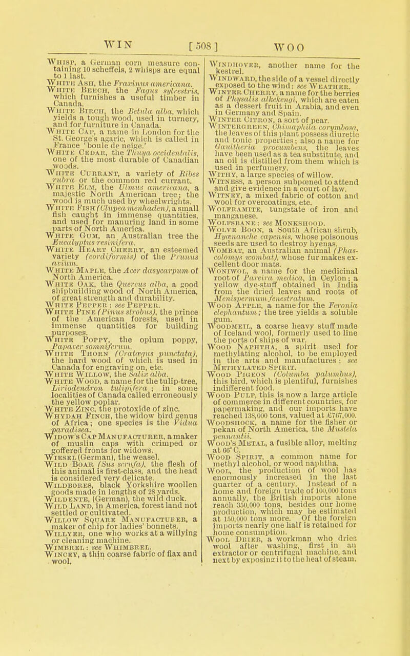 WIN Whisp, a German corn measure- con- taining lOscheffels, 2 whisps are enual to l last. White Ash, tlie Fraxinus americana. whim Beech, the FaouH nyhestrU, which furnishes a useful timber in Canada. Whim Birch, the BetiUa alba, which yields a tough wood, used in turnery, and for furniture in Canada. w hite Cap, a name in London for the St. George's agaric, which is called in h'rauce ' boule de neige.' White Cedar, the Thuya, occidentalis, one of the most durable of Canadian woods. White Currant, a variety of Ribes rubra, or the common red currant. White Elm, the Ulmus americana, a majestic North American tree; the wood is much used by wheelwrights. White Fish (Clupea menhaden), a small fish caught in immense quantities, and used for manuring land in some parts of North America. White Gum, an Australian tree the Eucalyptus resinifera. White Heart Cherry, an esteemed variety (cordi/ormis) of the Prunus ariiini. White Maple, the Acer dasycarpum of North America. White Oak, the Qucrcus alba, a good shipbuilding wood of North America, of great strength and durability. White Pepper : see Peppeu. White VvsEfPinus strobus), the prince of the American forests, used in immense quantities for building purposes. White Poppy, the opium poppy, Pawner somniferum. White TnoiiN (Cralmpus punctata), the hard wood of which is used in Canada for engraving on, etc. White Willow, the Salix alba. White Wood, a name for the tulip-tree, Liriodendron tulipifera ; in some localities of Canada called erroneously the yellow poplar. White Zinc, the protoxide of zinc. Whydah Finch, the widow bird genus of Africa; one species is the Vidua varadisea. Widow's Cap Manufacturer, a maker of muslin caps with crimped or goffered fronts for widows. Wiesel (German), the weasel. Wild Boar (Sus serufa), the flesh of this animal is first-class, and the head is considered very delicate. Wildboiies, black Yorkshire woollen goods made in lengths of 28 yards. Wildente, (German), the wild duck. AVild Land, in America, forest land not settled or cultivated. Willow Square Manufacturer, a maker of chip for ladies' bonnets. _ AVillyer, one who works at a willying or cleaning machine. Wimbrel: see Whimbrel. Wincey, a thin coarse fabric of flax and wool. VVindiiovee, another name for the kestrel. Windward, the side of a vessel directly exposed to the wind: see Weathbk, Winter Cherii y, a name for the berries of Physalia alkehenai, which are eaten as a dessert fruit in Arabia, and even m <iermany and Spain. Winter Citron, a sort of pear. WiNTuunitKKN, OhimaphUa corvmbosa, the leaves of this plant possess diuretic and tonic properties; also a name for baultlieria procumbens, the leaves have been used as a tea substitute, and an oil is distilled from them which is used in perfumery. Withy, a large species of willow. Witness, a person subpeened to attend and give evidence in a court of law. Witney, a mixed fabric of cotton and wool for overcoatings, etc. Wolframite, tungstate of iron and manganese. Wolfsbane: see Monkshood. Wolve Boon, a South African shrub, Hycenanclie capensis, whose poisonous seeds are used to destroy hyenas. Wombat, an Australian animal (Phas- colomys wombat), whose fur makes ex- cellent door mats. Woniwol, a name for the medicinal root of 1'areira medica, in Ceylon: a yellow dye-stuff obtained in India from the dried leaves and roots of Menispermuni fenestratum. Wood Apple, a name for the Feronia elephantum; the tree yields a soluble gum. Woodmeil, a coarse heavy stuff made of Iceland wool, formerly used to line the ports of ships of war. Wood Naphtha, a spirit used for methylating alcohol, to be employed in the arts and manufactures: see Methylated Spirit. Wood Phi eon tColumba palumbus), this bird, which is plentiful, furnishes indifferent food. Wood Pulp, this is now a large article of commerce in different countries, for papermaking, and our imports have reached lliS.OOO tons, valued at £707,000. Woodshock, a name for the fisher or pekan of North America, the Mustela pennantii. Wood's Metal, a fusible alloy, melting at 00° C. Wood Spirit, a common name for methyl alcohol, or wood naphtha. Wool, the production of wool has enormously increased in the last quarter of a century. Instead of a home and foreign trade of 100,000 tons annually, the British imports alone reach 350,000 tons, besides our home production, which may be estimated at 1150,000 tons more. Of the foreign imports nearly one half is retained for home consumption. Wool Drier., a workman who dries wool after washing, first in an extractor or centrifugal machine, and next by exposing it to the heat of steam.