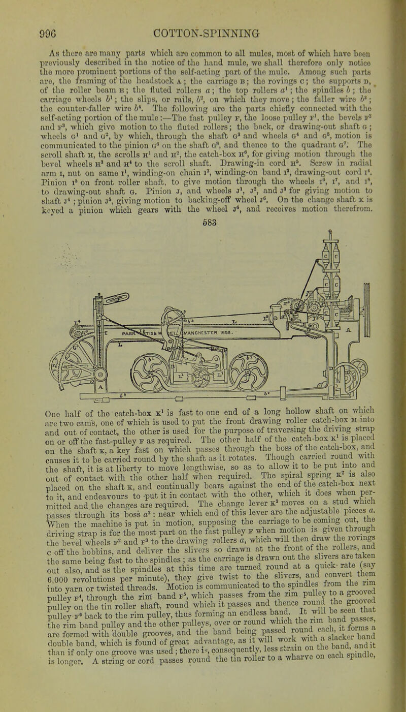 As there aro many parts which ai-o common to all mules, most of which have been pi'oviously described in the notice of tlio hand mule, we shall therefore only notice the more prominent portions of the self-acting part of the mule. Among sucli parts aro, the framing of the lioadstock a ; tlie carriage b ; the rovings c; the supports n, of the roller beam k; the fluted rollers a; the top rollers a' ; the spindles/>; tlie carriage wheels i'; the slips, or rails, on which they move; the faller wire ; the couuter-faller wire h*. The following are the parts chiefly connected with the self-acting portion of tlio mule:—The fast pulley f, the loose pulley f', the bevels f* and F^ which give motion to the fluted rollers; the back, or drawing-out shaft g ; Avhecls o' and o-, by wliich, through the shaft and wheels o* and g', motion is communicated to the pinion (i on the shaft g, and thence to the quadrant g'. The scroll shaft ii, the scrolls u' and ii-, the catch-box for giving motion through the bevel wheels and h* to the scroll shaft. Drawing-in cord h*. Screw in radial arm i, nut on same i', winding-on chain i', winding-on band i«, drawing-out cord i'. Pinion i« on front roller shaft, to give motion through the wheels i, i', and i«, to drawing-out shaft G. Pinion j, and wheels j', and a' for giving motion to shaft a' ; pinion J^, giving motion to backiug-off wheel 3. On the change shaft k is keyed a pinion which gears with the wheel J«, and receives motion therefrom. 683 One half of the catch-box k» is fast to one end of a long hollow shaft on whicli are two cnras, one of which is used to put the front drawing roller catch-bpx m into and out of contact, the other is used for the purpose of traversing the driving strap on or off the fast-pulley r as required. The other half of the catch-box k' is placed on the shaft k, a key fast on which passes through the boss of the catch-box, and causes it to be carried round by the sliaft as it rotates. Though carried round with the shaft, it is at liberty to move lengthwise, so as to allow it to be put into and out of contact with the other half when required. The spiral spring is also placed on the shaft k, and continually bears against the end of the catch-box next to it, and endeavours to -put it in contact with the other, which it does when per- mitted and the changes are required. The change lever moves on a stud_ which passes through its boss : near which end of this lever are the adjustable pieces a. When the machine is put in motion, supposing the carnage to be coming out, the driving strap is for the most part on the fast pulley f when motion is given through the bevel wheels f^ and f' to the drawing rollers a, which wiU then draw the roviugs c off the bobbins, and deliver the slivers so drawn at the front of t.he rollers, and the same being fast to the spindles ; as the carriage is drawn out the slivers are taken out also, and as the spindles at this time are turned round at a ^^^^^^'^^f /^^^ 6,000 revolutions per minute), they give twist to the slivers, and S°°J^^ ^ them into yarn or twisted threads. Motion is communicated to the spindles from the nm p llev F^ the rini band fS which passes from the rim pulley to a groove PlS^ on tS tin roller shaft, round -l-'} it P-^es and thence roijuid th^^^^^^^^ pulleV F» back to the rim pulley, thus forming an endless band It ^^ll ^^^J^^^*!';^^ the rfm band pulley and the other pulleys, over or round which the ^nn hand pn^se are formed wiUrdouble grooves, and the band being passed ' J^^ran^ double band, which is found of great advantage, as i will work ^^h a slacU than if only one groove was used ; there is consequently, less strain on tho band, and it is longer. A string or cord passes round the tin roUor to a wharve on each spinaie.