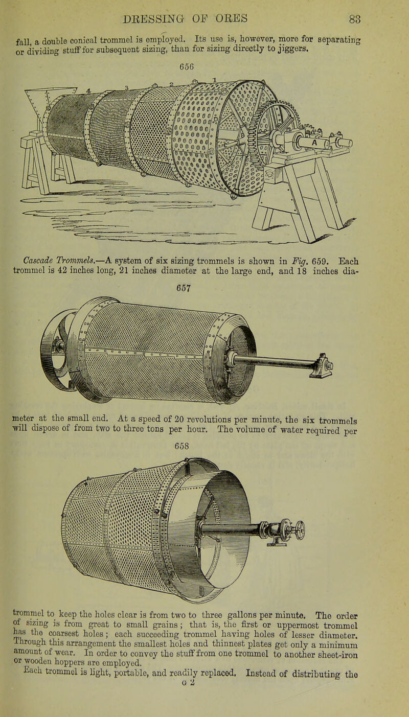 meter at the small end. At a speed of 20 revolutions per minute, the six trommels ■will dispose of from two to three tons per hour. The volume of water required per 658 trommel to_ keep the holes clear is from two to three gallons per minute. The order of sizing is from great to small grains; that is, the first or uppermost trommel has the coarsest holes; each succeeding trommel having holes of lesser diameter. Through this arrangement tlie smallest holes and thinnest plates get only a minimum amount of wear. In order to convey the stuff from one trommel to another sheet-iron or wooden hoppers are employed, iiach trommel is light, portable, and readily replaced. Instead of distributing the G U