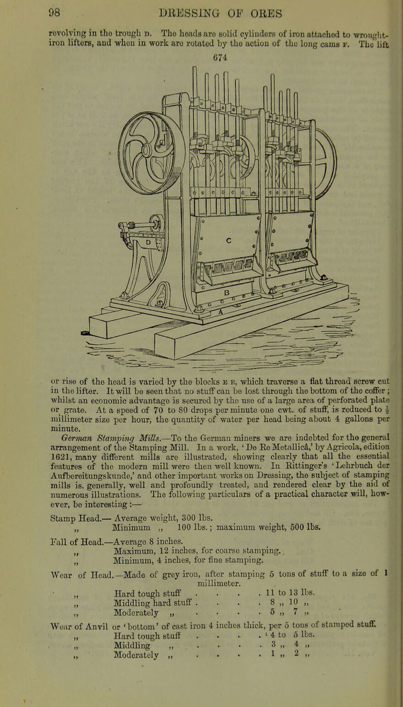 revolving in tho trough d. The heads are solid cylinders of iron attached to >vrotiglit- iron lifters, and when in work are rotated by the action of the long cams f, Thc^lift 674 or rise of the head is varied by the blocks e e, which traverse a flat thread screw cut in the lifter. It will be seen that no stuff can be lost tlirough the bottom of the coffer; whilst an economic advantage is secured by the use of a largo area of perforated plate or grate. At a speed of 70 to 80 drops per minute one cwt, of stuflP, is reduced to J millimeter size per hour, the quantity of water per head being about 4 gallons per minute. German Stamping Mills.—To the German miners we are indebted for tho general arrangement of the Stamping Mill. In a work, ' De Eo Metallic^,' by Agricola, edition 1621, many different mills are illustrated, showing clearly that all the essential features of the modern mill were then well known. In Eittinger's ' Lehrbuch der Aufbereitungskunde,' and other important works on Dressing, the subject of stamping mills is, generally, well and profoundly treated, and rendered clear by the aid of numerous illustrations. The following particulars of a practical character will, how- ever, be interesting:— Stamp Head.— Average weight, 300 lbs. „ Minimum „ 100 lbs.; maximum weight, 500 lbs. Fall of Head.—Average 8 inches. „ Maximum, 12 inches, for coarse stixmping.. „ Minimum, 4 inches, for fine stamping. Wear of Head.—Made of grey iron, after stamping 5 tons of stuff to a size of 1 millimeter. Hard tough stuff . . . .11 to 13 lbs. „ Middling hard stuff . . . . 8 „ 10 „ „ Moderately „ . • • • 5 „ 7 » Wear of Anvil or 'bottom' of cast iron 4 inches thick, per o tons of stamped stuff. „ Hard tough stuff . . • . ^ 4 to 5 lbs. „ Middling „ . • • . 3 „ 4 „ „ Moderately „ • • • • 1 » 2 ,,