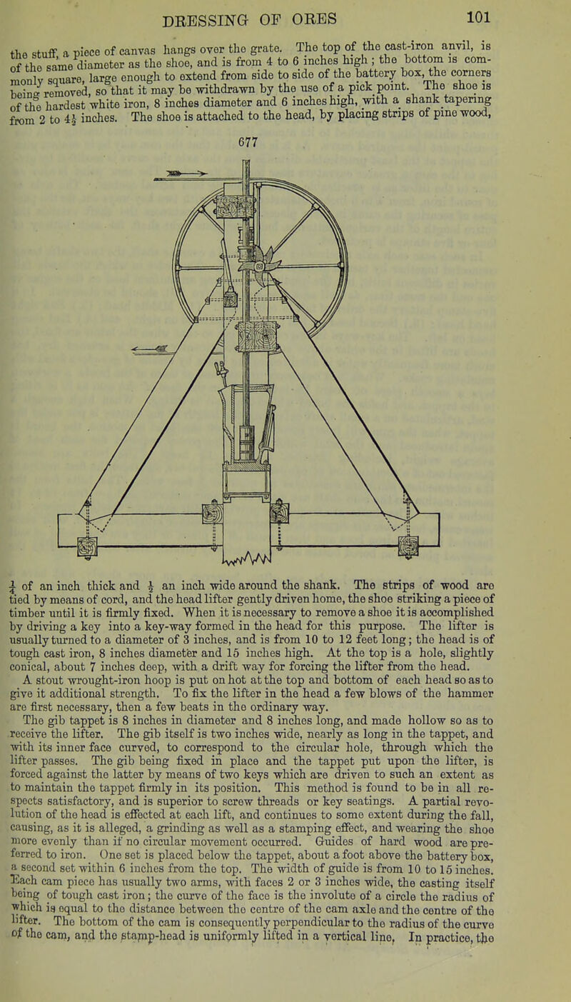 the stuff a piece of canvas hangs over the grate. The top of the cast-iron anvil, is of the same diameter as the shoe, and is from 4 to 6 inches high ; the bottom is com- monlv sQuare, large enough to extend from side to side of the battery box, the corners removed, so that it may bo withdrawn by the use of a pick point The shoe is of ^e hardest white iron, 8 inches diameter and 6 inches high, with a shank tapenng from 2 to 4J inches. The shoe is attached to the head, by placing strips of pine wood, 677 ^ of an inch thick and ^ an inch wide around the shank. The strips of wood arc tied by means of cord, and the head lifter gently driven home, the shoe striking a piece of timber until it is firmly fixed. When it is necessary to remove a shoe it is accomplished by driving a key into a key-way formed in the head for this purpose. The iffter is usually turned to a diameter of 3 inches, and is from 10 to 12 feet long; the head is of tough cast iron, 8 inches diameter and 15 inches high. At the top is a hole, slightly conical, about 7 inches deep, with a drift way for forcing the lifter from the head. A stout wi'ought-iron hoop is put on hot at the top and bottom of each head so as to give it additional strength. To fix the lifter in the head a few blows of the hammer arc first necessary, then a few beats in the ordinary way. The gib tappet is 8 inches in diameter and 8 inches long, and made hollow so as to receive the lifter. The gib itself is two inches wide, nearly as long in the tappet, and with its inner face curved, to correspond to the circular hole, through which the lifter passes. The gib being fixed in place and the tappet put upon the lifter, is forced against the latter by means of two keys which are driven to such an extent as to maintain the tappet firmly in its position. This method is found to be in all re- spects satisfactory, and is superior to screw threads or key seatings. A partial revo- lution of the head is effected at each lift, and continues to some extent during the fall, causing, as it is alleged, a grinding as well as a stamping effect, and wearing the shoe more evenly than if no circular movement occurred. Guides of hard wood are pre- ferred to iron. One set is placed below the tappet, about afoot above the battery box, a second set within 6 inches from the top. The width of guide is from 10 to 15 inches Each cam piece has usually two arms, with faces 2 or 3 inches wide, the casting itself being of tough cast iron; the curve of the face is the involute of a circle the radius of which ig equal to the distance between the centre of the cam axle and the centre of the lifter. The bottom of the cam is consequently perpendicular to the radius of the curve of the cam, and the etapip-head is uniformly lifted in a vertical line, In practice, tjjo