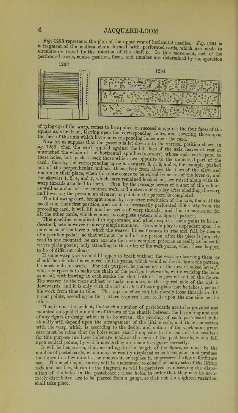 Mg. 1293 ropresonts tho plan of the upper row of horizontal needles. Fiq 1294 is n fragment of tlie endless chain, formed with perforated cards, which are made to circulate or travel by the rotation of tho shaft d. In this movement each of the perforated cards, whose position, form, and number are determined by the operation 1293 1294 a. O _o O o o o, « ° oC O O o o o 0 5 & o o o a c o o °8 0Oo°OO°O O O 0_ O o o o DOC 'a^ o -O oo. of tying-up of the warp, comes to be applied in succession against the four faces of the ZTr.«^nA^ vr.,^°P'°*^' corresponding holes, and covering those upon the face of the axis which have no corresponding holes upon the card. iTfii^^ ^ ^^^^ the jjjm b is let down into the vertical position shown in Jig. 1289; then the card applied against the left face of the axis, leaves at rest or untouched the whole of the horizontal spindles (skewers), whose ends correspond to these holes, but pushes back those which are opposite to the unpierced part of the card; thereby the corresponding upright skewers, 3, 5, 6, and 8, for example, pushed out ot tlie perpendicular, unhook themselves from above the bars of the claw and remain in their place, when this claw comes to be raised by means of the lever g •' and the skewers 1, 2, 4, and 7, which have remained hooked on, are raised along with the warp threads attached to them. Then by the passage across of a shot of the colour as weU as a shot of the common weft, and a stroke of the lay after shedding the warp and lowering the press b, an element or point in the pattern is completed. The following card, brought round by a quarter revolution of the axis, finds all the needles in their first position, and as it is necessarily perforated differently from the preceding card, it will lift another series of warp threads; and thus in succession for all the other cards, which compose a complete system of a figured pattern. This machine, complicated in appearance, and which requires some pains to be un- derstood, acts however in a very simple manner. Its whole play is dependent upon the movement of the lever g, which the weaver himself causes to rise and fall, by means of a peculiar pedal; so that without the aid of any person, after the piece is properly read in and mounted, he can execute the most complex patterns as easily as he could weave plain goods; only attending to the order of his weft yarns, when these happen to be of different colours. If some warp yarns should happen to break without the weaver observing them, or should he mistake his coloured shuttle yarns, which would so far disfigure the pattern, he must undo his work. For this purpose, he makes use of the lower hooked lever/i whose purpose is to make the chain of the card go backwards, while working the loom as usual, withdrawing at each stroke the shot both of the ground and of the figure. The weaver is the more subject to make mistakes, as the figured side of the w.eb is downwards, and it is only with the aid of a bit of looking-glass that he takes a peep of his work from time to time. The upper surface exhibits merely loose threads in dif- ferent points, according as the pattern requires them to lie upon the one side or the other. Thus it must be evident, tliat such a number of pasteboards are to be provided and mounted as equal the number of throws of the shuttle between the beginning and end of any figure or design which is to be woven ; the piercing of each pasteboard indi- vidually will depend upon the arrangement of the lifting rods, and their connection with the warp, which is according to the design and option of the workman; great care must bo taken that the holes come exactly opposite to the ends of the needles ; for this purpose two large holes are made at the ends of tho pasteboards, which fall upon conical points, by which means they are made to register correctly. It will be hence seen, that, according to the length of the figure, so must be the number of pasteboards, which may be readily displaced so as to remount and produce the figure in a few minutes, or remove it, or replace it, or preserve the figure for future use. The machine, of course, will be understood to consist of many sets of the lifting rods and needles, shown in the diagram, as wiU be perceived by observing the dispo- sition of tlio holes in the pasteboard; those holes, in order that tliey may be accu- rately distributed, are to bo pierced from a gauge, so that not tho slightest variation Bliall take place.